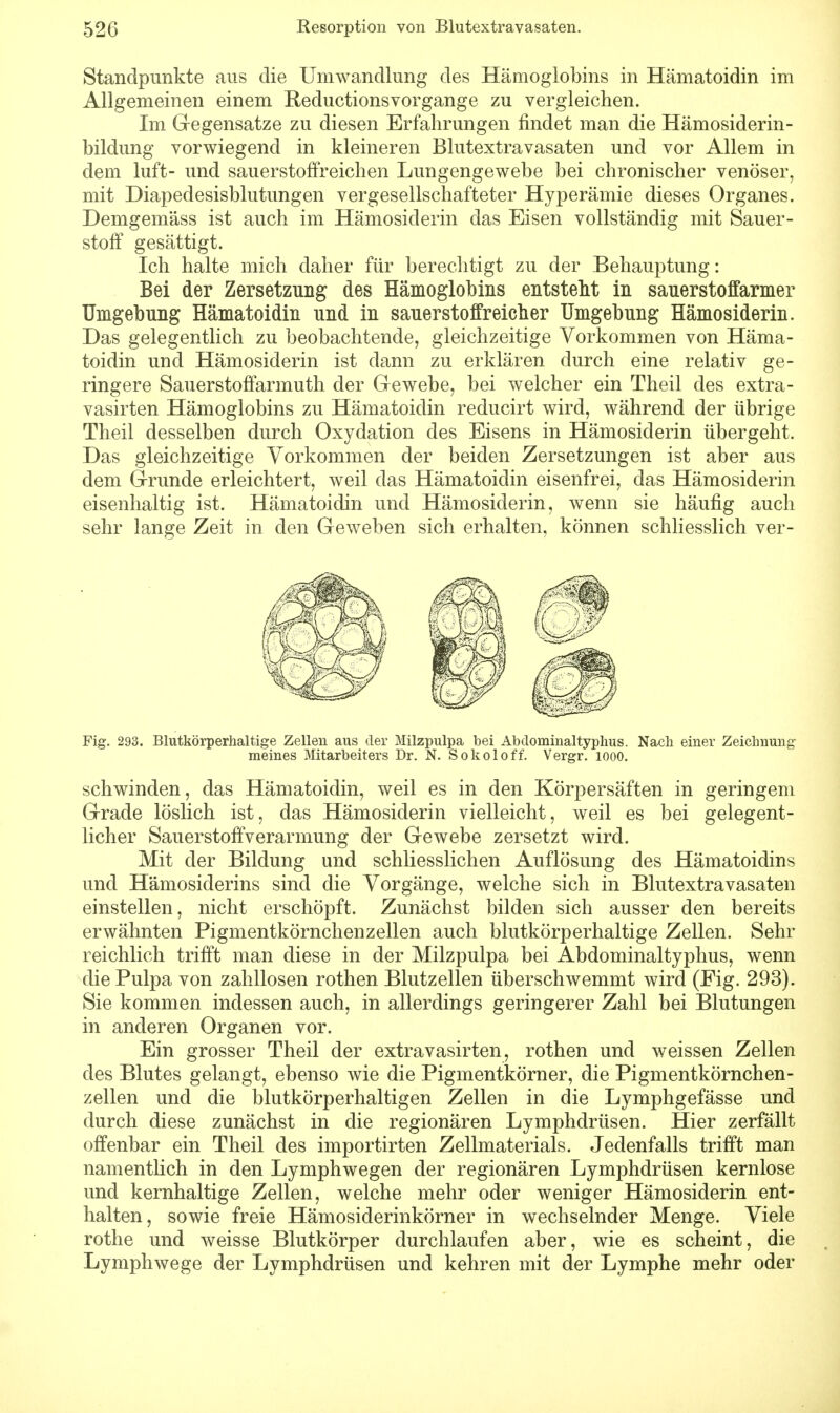 Standpunkte aus die Umwandlung des Hämoglobins in Hämatoidin im Allgemeinen einem Reductionsvorgange zu vergleichen. Im Gegensätze zu diesen Erfahrungen findet man die Hämosiderin- bildung vorwiegend in kleineren Blutextravasaten und vor Allem in dem luft- und sauerstoffreichen Lungengewebe bei chronischer venöser, mit Diapedesisblutungen vergesellschafteter Hyperämie dieses Organes. Demgemäss ist auch im Hämosiderin das Eisen vollständig mit Sauer- stoff gesättigt. Ich halte mich daher für berechtigt zu der Behauptung: Bei der Zersetzung des Hämoglobins entsteht in sauerstoffarmer Umgebung Hämatoidin und in sauer stoffr eich er Umgebung Hämosiderin. Das gelegentlich zu beobachtende, gleichzeitige Vorkommen von Häma- toidin und Hämosiderin ist dann zu erklären durch eine relativ ge- ringere Sauerstoffarmuth der Gewebe, bei welcher ein Theil des extra - vasirten Hämoglobins zu Hämatoidin reducirt wird, während der übrige Theil desselben durch Oxydation des Eisens in Hämosiderin übergeht. Das gleichzeitige Vorkommen der beiden Zersetzungen ist aber aus dem Grunde erleichtert, weil das Hämatoidin eisenfrei, das Hämosiderin eisenhaltig ist. Hämatoidin und Hämosiderin, wenn sie häufig auch sehr lange Zeit in den Geweben sich erhalten, können schliesslich ver- Fig. 293. Blutkörperhaltige Zellen aus der Milzpulpa bei Abdominaltyphus. Nach einer Zeichnung meines Mitarbeiters Dr. N. Sokoloff. Vergr. 1000. schwinden, das Hämatoidin, weil es in den Körpersäften in geringem Grade löslich ist, das Hämosiderin vielleicht, weil es bei gelegent- licher Sauerstoffverarmung der Gewebe zersetzt wird. Mit der Bildung und schliesslichen Auflösung des Hämatoidins und Hämosiderins sind die Vorgänge, welche sich in Blutextravasaten einstellen, nicht erschöpft. Zunächst bilden sich ausser den bereits erwähnten Pigmentkörnchenzellen auch blutkörperhaltige Zellen. Sehr reichlich trifft man diese in der Milzpulpa bei Abdominaltyphus, wenn die Pulpa von zahllosen rothen Blutzellen überschwemmt wird (Fig. 293). Sie kommen indessen auch, in allerdings geringerer Zahl bei Blutungen in anderen Organen vor. Ein grosser Theil der extravasirten, rothen und weissen Zellen des Blutes gelangt, ebenso wie die Pigmentkörner, die Pigmentkörnchen- zellen und die blutkörperhaltigen Zellen in die Lymphgefässe und durch diese zunächst in die regionären Lymphdrüsen. Hier zerfällt offenbar ein Theil des importirten Zellmaterials. Jedenfalls trifft man namentlich in den Lymphwegen der regionären Lymphdrüsen kernlose und kernhaltige Zellen, welche mehr oder weniger Hämosiderin ent- halten, sowie freie Hämosiderinkörner in wechselnder Menge. Viele rothe und weisse Blutkörper durchlaufen aber, wie es scheint, die Lymphwege der Lymphdrüsen und kehren mit der Lymphe mehr oder