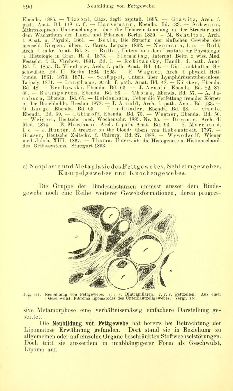 Ebenda. 1885. — Tizzoni, Gazz. degli ospitali. 1885. — Grawitz, Arch. f. path. Anat. Bd. 118 u. ff. — Hansemann, Ebenda. Bd. 133. — Schwann, Mikroskopische Untersuchungen über die Uebereinstimmung in der Structur und dem Wachsthum der Thiere und Pflanzen. Berlin 1839. — M. Schultze, Arch. f. Anat. u. Physiol. 1861. — Beale, Die Structur der einfachen Gewebe des menschl. Körpers, übers, v. Carus. Leipzig 1862. — Neumann, 1. c. — Boll, Arch. f. mikr. Anat. Bd. 8. — Rollet, Unters, aus dem Institute für Physiologie u. Histologie in Graz. H. 3. 1873. — Flemming, Internat. Beitr. z. wiss. Med. Festschr. f. E. Virchow. 1891. Bd. 1. — Rokitansky, Handb. d. path. Anat. Bd. I. 1855. R. Virchow, Arch. f. path. Anat. Bd. 14.— Die krankhaften Ge- schwülste. Bd. II. Berlin 1864—1865. — E. Wagner, Arch. f. physiol. Heil- kunde. 1861. 1870. 1871. — Schüppel, Unters, über Lymphdrüsentuberculose. Leipzig 1871. — Langhans, Arch f. path. Anat. Bd. 42. —Köster, Ebenda. Bd. 48. — Brodowski, Ebenda. Bd. 63. — J. Arnold, Ebenda. Bd. 82. 87. 88. — Baumgarten, Ebenda. Bd. 86. — Thoma, Ebenda. Bd. 57. — A. Ja- cobson, Ebenda. Bd. 65. — Heidenhain, Ueber die Verfettung fremder Körper in der Bauchhöhle. Breslau 1872. — J. Arnold, Arch. f. path. Anat. Bd. 133. — 0. Lange, Ebenda. Bd. 65. — Friedländer, Ebenda. Bd. 68. — Gaule. Ebenda. Bd. 69. — Lübimoff, Ebenda. Bd. 75. — Wegner, Ebenda. Bd. 56. — Weigert, Deutsche med. Wochenschr. 1885. Nr. 35. — üurante, Arch. di Med. 1874. — E. Marchand, Arch. f. path. Anat. Bd. 93. — F. Marchand, 1. c. — J. Hunt er, A treatise on the blood; übers, von Heben streit. 1797. — Graser, Deutsche Zeitschr. f. Chirurg. Bd. 27. 1888. — Wywodzoff, Wiener med. Jahrb. XIII. 1867. — Thoma. Unters, üb. die Histogenese u. Histomechanik des Gefässsystems. Stuttgart 1893. e) Neoplasie und Metaplasie des Fettgewebes, Schleimgewebes, Knorpelgewebes und Knochengewebes. Die Gruppe der Bindesubstanzen umfasst ausser dem Binde- gewebe noch eine Reihe weiterer Grewebsformationen, deren progres- sive Metamorphose eine verhältnissmässig einfachere Darstellung ge- stattet. Die Neubildung voii Fettgewebe hat bereits bei Betrachtung der Lipomatose Erwähnung gefunden. Dort stand sie in Beziehung zu allgemeinen oder auf einzelne Organe beschränkten Stoff Wechselstörungen. Doch tritt sie ausserdem in unabhängigerer Form als Geschwulst. Lipoma auf.