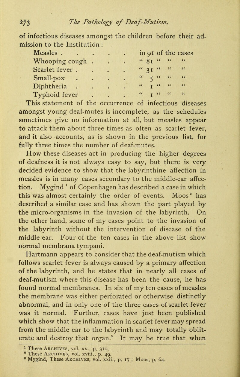 of infectious diseases amongst the children before their ad- mission to the Institution : Measles in 91 of the cases Whooping cough . . . 81   Scarlet fever . . . . « u u « Small-pox . . . . u ^ u u u Diphtheria . . . . ^ j u u u Typhoid fever . . . ^ j u ^ u This statement of the occurrence of infectious diseases amongst young deaf-mutes is incomplete, as the schedules sometimes give no information at all, but measles appear to attack them about three times as often as scarlet fever, and it also accounts, as is shown in the previous list, for fully three times the number of deaf-mutes. How these diseases act in producing the higher degrees of deafness it is not always easy to say, but there is very decided evidence to show that the labyrinthine affection in measles is in many cases secondary to the middle-ear affec- tion. Mygind ' of Copenhagen has described a case in which this was almost certainly the order of events. Moos^ has described a similar case and has shown the part played by the micro-organisms in the invasion of the labyrinth. On the other hand, some of my cases point to the invasion of the labyrinth without the intervention of disease of the middle ear. Four of the ten cases in the above list show normal membrana tympani. Hartmann appears to consider that the deaf-mutism which follows scarlet fever is always caused by a primary affection of the labyrinth, and he states that in nearly all cases of deaf-mutism where this disease has been the cause, he has found normal membranes. In six of my ten cases of measles the membrane was either perforated or otherwise distinctly abnormal, and in only one of the three cases of scarlet fever was it normal. Further, cases have just been published which show that the inflammation in scarlet fever may spread from the middle ear to the labyrinth and may totally oblit- erate and destroy that organ. It may be true that when ^ These Archives, vol. xx., p. 310. * These Archives, vol. xviii., p. 49. 2 Mygind, These Archives, vol. xxii., p. 17 ; Moos, p. 64.