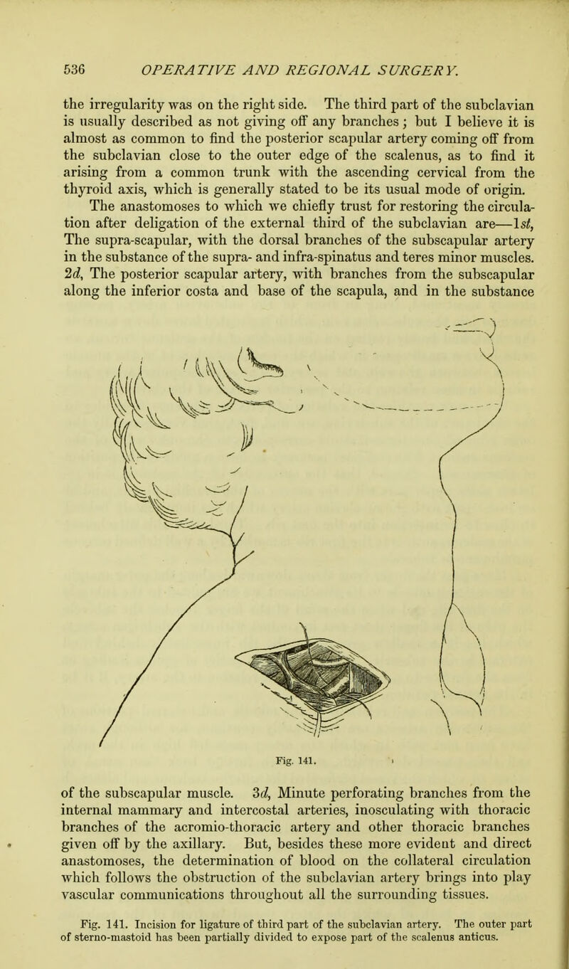 the irregularity was on the right side. The third part of the subclavian is usually described as not giving off any branches; but I believe it is almost as common to find the posterior scapular artery coming off from the subclavian close to the outer edge of the scalenus, as to find it arising from a common trunk with the ascending cervical from the thyroid axis, which is generally stated to be its usual mode of origin. The anastomoses to which we chiefly trust for restoring the circula- tion after deligation of the external third of the subclavian are—1st, The supra-scapular, with the dorsal branches of the subscapular artery in the substance of the supra- and infra-spinatus and teres minor muscles. 2d, The posterior scapular artery, with branches from the subscapular along the inferior costa and base of the scapula, and in the substance Fig. 141. of the subscapular muscle. 3d, Minute perforating branches from the internal mammary and intercostal arteries, inosculating with thoracic branches of the acromio-thoracic artery and other thoracic branches given off by the axillary. But, besides these more evident and direct anastomoses, the determination of blood on the collateral circulation which follows the obstruction of the subclavian artery brings into play vascular communications throughout all the surrounding tissues. Fig. 141. Incision for ligature of third part of the subclavian artery. The outer part of sterno-ruastoid has been partially divided to expose part of the scalenus anticus.