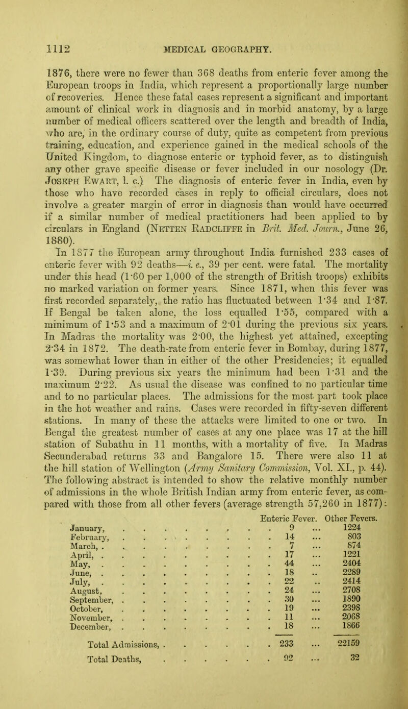 1876, there were no fewer than 368 deaths from enteric fever among the European troops in India, which represent a proportionally large number cf recoveries. Hence these fatal cases represent a significant and important amount of clinical work in diagnosis and in morbid anatomy, by a large number of medical officers scattered over the length and breadth of India, ^vho are, in the ordinary course of duty, quite as competent from previous training, education, and experience gained in the medical schools of the United Kingdom, to diagnose enteric or typhoid fever, as to distinguish any other grave specific disease or fever included in our nosology (Dr. Joseph Ewart, 1. c.) The diagnosis of enteric fever in India, even by those who have recorded cases in reply to official circulars, does not involve a greater margin of error in diagnosis than would have occurred if a similar number of medical practitioners had been applied to by circulars in England (Netten Eadcliffe in Brit. Med. Journ., June 26, 1880). In 1877 the European army throughout India furnished 233 cases of enteric fever with 92 deaths—i. e., 39 per cent, were fatal. The mortality under this head (r60 per 1,000 of the strength of British troops) exhibits no marked variation on former years. Since 1871, when this fever was first recorded separately, the ratio has fluctuated between 134 and 1'87. If Bengal be taken alone, the loss equalled 1*55, compared Avith a minimum of 1*53 and a maximum of 2-01 during the previous six years. In Madras the mortality was 2-00, the highest yet attained, excepting 2-34 in 1872. The death-rate from enteric fever in Bombay, during 1877, was somewhat lower than in either of the other Presidencies; it equalled 1-39. During previous six years the minimum had been 1-31 and the maximum 2-22. As usual the disease was confined to no particular time and to no particular places. The admissions for the most part took place in the hot weather and rains. Cases were recorded in fifty-seven diff'erent stations. In many of these the attacks were limited to one or two. In Bengal the greatest number of cases at any one place was 17 at the hill station of Subathu in 11 months, with a mortality of five. In Madras Secunderabad returns 33 and Bangalore 15. There were also 11 at the hill station of Wellington {Army Sanitary Commission, Vol. XI., p. 44). TIic following abstract is intended to show the relative monthly number of admissions in the whole British Indian army from enteric fever, as com- pared with those from all other fevers (average strength 57,260 in 1877): Enteric Fever. Other Fevers. January, February', March, . April, . May, June, . July, . August, September, October, November, December, 9 ... 1224 14 ... 803 7 ... 874 17 ... 1221 44 ... 2404 18 .. 2289 22 .. 2414 24 ... 2708 .SO ... 1890 19 ... 2398 11 ... 2068 18 ... 1866 Total Admissions 233 ... 22159 Total Deaths, 92 ... 32