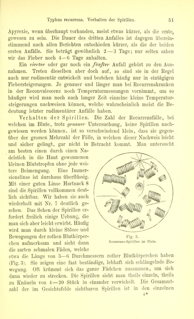 Apyrexie, wenn überhaupt vorhanden, meist etwas kürzer, als die erste, gewesen zu sein. Die Dauer des dritten Anfalles ist dagegen überein- stimmend nach allen Berichten entschieden kürzer, als die der beiden ersten Anfälle. Sie beträgt gewöhnlich 2— 3 Tage; nur selten sahen wir das Fieber noch 4—6 Tage anhalten. Ein vierter oder gar noch ein fünfter Anfall gehört zu den Aus- nahmen. Treten dieselben aber doch auf, so sind sie in der Regel auch nur rudimentär entwickelt und bestehen häufig nur in eintägigen Fiebersteigerungen. Je genauer und länger man bei Recurrenskranken in der Reconvalescenz noch Temperaturmessungen vornimmt, um so häufiger wird man noch nach langer Zeit einzelne kleine Temperatur- steigerungen nachweisen können, welche wahrscheinlich meist die Be- deutung letzter rudimentärer Anfälle haben. Verhalten der Spirillen. Die Zahl der Recurrensfälle, bei welchen im Blute, trotz genauer Untersuchung, keine Spirillen nach- gewiesen werden können, ist so verschwindend klein, dass sie gegen- über der grossen Mehrzahl der Fälle, in welchen dieser Nachweis leicht und sicher gelingt, gar nicht in Betracht kommt. Man untersucht am besten einen durch einen Na- chen aufmerksam und sieht dann Recurrens-spiriiien im mute, die zarten schmalen Fäden, welche etwa die Länge von 3—6 Durchmessern rother Blutkörperchen haben (Fig. 3). Sie zeigen eine fast beständige, lebhaft sich schlängelnde Be- wegung. Oft krümmt sich das ganze Fädchen zusammen, um sich dann wieder zu strecken. Die Spirillen sieht man theils einzeln, theils zu Knäueln von 4—20 Stück in einander verwickelt. Die Gesammt- zahl der im Gesichtsfelde sichtbaren Spirillen ist in den einzelnen delstich in die Haut gewonnenen kleinen Blutstropfen ohne jede wei- tere Beimengung. Eine Immer- sionslinse ist durchaus überflüssig. Mit einer guten Linse Hartnack 8 sind die Spirillen vollkommen deut- lich sichtbar. Wir haben sie auch wiederholt mit Nr. 7 deutlich ge- sehen. Das Sehen der Spirillen er- fordert freilich einige Uebung, die man sich aber leicht erwirbt. Häufig wird man durch kleine Stösse und Bewegungen der rothen Blutkörper- Fig. 3. Recurrens-Spirillen v*