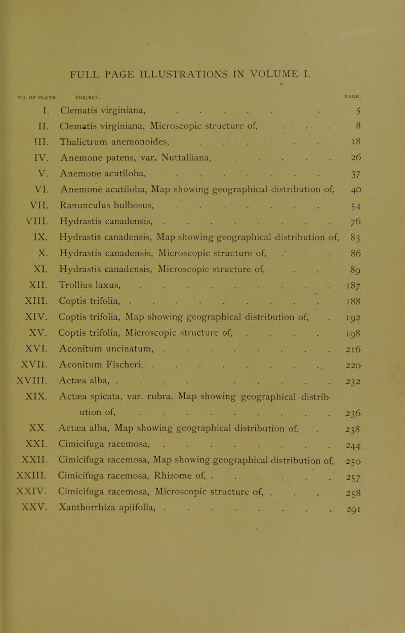 FULL PAGE ILLUSTRATIONS IN VOLUME I. NO. OF PLATE SUBJECT. PAGE. I. Clematis virginiana, ..... 5 II. Clematis virginiana, Microscopic structure of, ... 8 III. Thalictrum anemonoides, ...... 18 IV. Anemone patens, var. Nuttalliana, ..... 26 V. Anemone acutiloba, ....... 37 VI. Anemone acutiloba, Map showing geographical distribution of, 40 VII. Ranunculus bulbosus, ....... 54 VIII. Hydrastis canadensis, ........ 76 IX. Hydrastis canadensis, Map showing geographical distribution of, 83 X. Hydrastis canadensis, Microscopic structure of, 86 XI. Hydrastis canadensis, Microscopic structure of, 89 XII. Trollius laxus, . . . . ; . . . 187 XIII. Coptis trifolia, ......... 188 XIV. Coptis trifolia, Map showing geographical distribution of, 192 XV. Coptis trifolia, Microscopic structure of, 198 XVI. Aconitum uncinatum, ........ 216 XVIi. Aconitum Fischeri, . 220 XVIII. Actsea alba, .... ..... 232 XIX. Actaea spicata, var. rubra, Map showing geographical distrib- ution of, ......... 236 XX. Actaea alba, Map showing geographical distribution of, 238 XXI. Cimicifuga racemosa, ........ 244 XXII. Cimicifuga racemosa, Map showing geographical distribution of, 250 XXIII. Cimicifuga racemosa, Rhizome of, . 257 XXIV. Cimicifuga racemosa, Microscopic structure of, . 258 XXV. Xanthorrhiza apiifolia, ........ 291