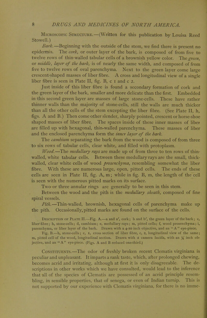 Microscopic Structure.—(Written for this publication by Louisa Reed Stowell.) Bark.—Beginning with the outside of the stem, we find there is present no epidermis. The cork, or outer layer of the bark, is composed of from five to twelve rows of thin-walled tabular cells of a brownish yellow color. The green, or middle, layer of the bark, is of nearly the same width, and composed of from five to twelve rows of oval parenchyma. Next to the green layer come large crescent-shaped masses of liber fibre. A cross and longitudinal view of a single liber fibre is seen in Plate II, fig. B, c I and c 2. Just inside of this liber fibre is found a secondary formation of cork and the green layer of the bark, smaller and more delicate than the first. Embedded in this second green layer are masses of large stone-cells. These have rather thinner walls than the majority of stone-cells, still the walls are much thicker than all the other cells of the stem excepting the liber fibre. (See Plate II, h, figs. A and B.) Then come other slender, sharply pointed, crescent or horse-shoe shaped masses of liber fibre. The spaces inside of these inner masses of liber are filled up with hexagonal, thin-walled parenchyma. These masses of liber and the enclosed parenchyma form the inner layer of the bark. The cambium separating the bark from the wood is composed of from three to six rows of tabular cells, clear white, and filled with protoplasm. Wood.—The medullary rays are made up of from three to ten rows of thin- walled, white tabular cells. Between these medullary rays are the small, thick- walled, clear white cells of wood prosenchyma, resembling somewhat the liber fibre. With these are numerous large, open, pitted cells. The ends of these cells are seen in Plate II, fig. A, m; while in fig. B, m, the length of the cell is seen with the numerous pitted marks on its surface. Two or three annular rings are generally to be seen in this stem. Between the wood and the pith is the medullary sheath, composed of fine spiral vessels. Pith.—Thin-walled, brownish, hexagonal cells of parenchyma make up the pith. Occasionally, pitted marks are found on the surface of the cells. Description of Plate II.—Fig. A.—a and a', cork; b and W, the green layer of the bark; c, liber fibre; h, stone-cells; d, cambium; e, medullary rays; m, pitted cells; f, wood prosenchyma; i, parenchyma, or liber layer of the bark. Drawn with a 4-10 inch objective, and an A eye-piece. Fig. B.—h, stone-cells ; c, 1, cross section of liber fibre, c, 2, longitudinal view of the same; m, pitted cell of the wood, longitudinal section. Drawn with a camera lucida, with an ^ inch ob- jective, and an A eye-piece. (Figs. A and B reduced one-third.) Constituents.—The odor of freshly broken recent Clematis virginiana is peculiar and unpleasant. It imparts a rank taste, which, after prolonged chewing, becomes acrid and irritating, although at first it is only disagreeable. The de- scriptions in other works which we have consulted, would lead to the inference that all of the species of Clematis are possessed of an acrid principle resem- bling, in sensible properties, that of senega, or even of Indian turnip. This is not supported by our experience with Clematis virginiana, for there is no imme-