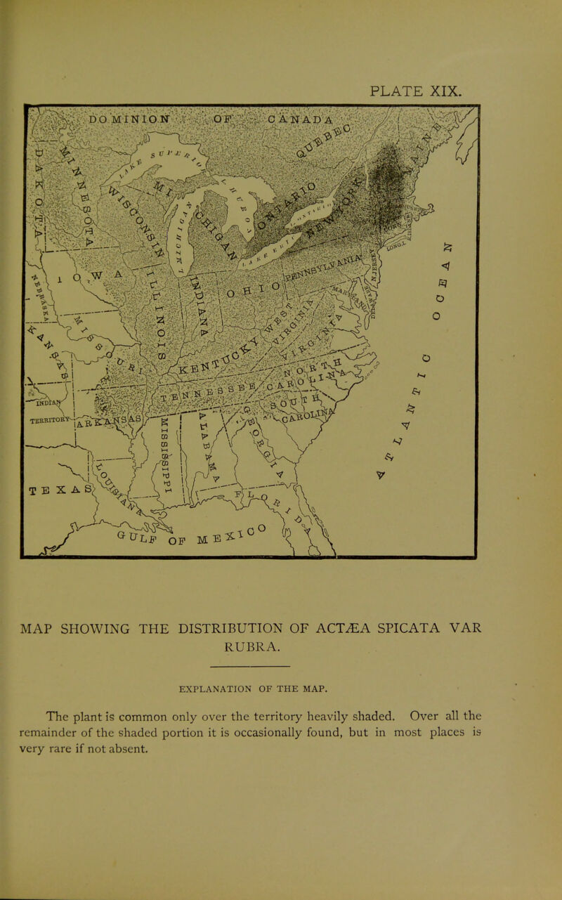 MAP SHOWING THE DISTRIBUTION OF ACTiEA SPICATA VAR RUBRA. EXPLANATION OF THE MAP. The plant is common only over the territory heavily shaded. Over all the remainder of the shaded portion it is occasionally found, but in most places is very rare if not absent.