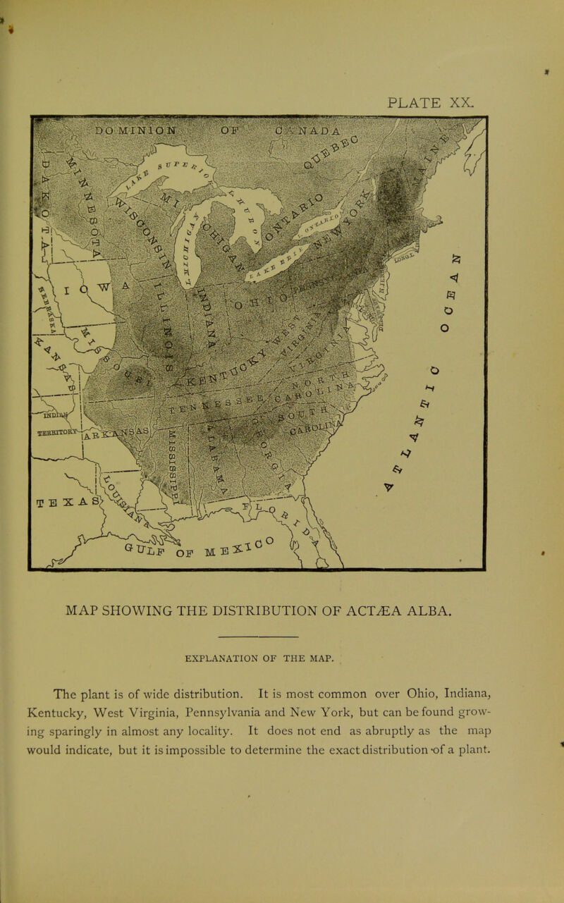 MAP SHOWING THE DISTRIBUTION OF ACT^EA ALBA. EXPLANATION OF THE MAP. The plant is of wide distribution. It is most common over Ohio, Indiana, Kentucky, West Virginia, Pennsylvania and New York, but can be found grow- ing sparingly in almost any locality. It does not end as abruptly as the map would indicate, but it is impossible to determine the exact distribution-of a plant.