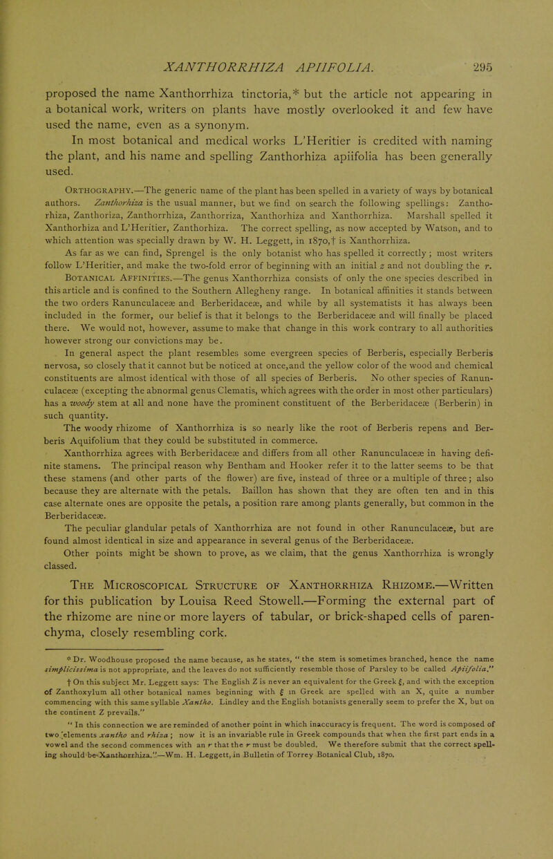 proposed the name Xanthorrhiza tinctoria,* but the article not appearing in a botanical work, writers on plants have mostly overlooked it and few have used the name, even as a synonym. In most botanical and medical works L'Heritier is credited with naming the plant, and his name and spelling Zanthorhiza apiifolia has been generally used. Orthography.—The generic name of the plant has been spelled in avariety of ways by botanical authors. Zanthorhiza is the usual manner, but we find on search the following spellings: Zantho- rhiza, Zanthoriza, Zanthorrhiza, Zanthorriza, Xanthorhiza and Xanthorrhiza. Marshall spelled it Xanthorhiza and L'Heritier, Zanthorhiza. The correct spelling, as now accepted by Watson, and to which attention was specially drawn by W. H. Leggett, in 1870,! is Xanthorrhiza. As far as we can find, Sprengel is the only botanist who has spelled it correctly; most writers follow L'Heritier, and make the two-fold error of beginning with an initial z and not doubling the r. Botanical Affinities.—The genus Xanthorrhiza consists of only the one species described in this article and is confined to the Southern Allegheny range. In botanical affinities it stands between the two orders Ranunculaceae and Berberidaceae, and while by all systematists it has always been included in the former, our belief is that it belongs to the Berberidaceae and will finally be placed there. We would not, however, assume to make that change in this work contrary to all authorities however strong our convictions may be. In general aspect the plant resembles some evergreen species of Berberis, especially Berberis nervosa, so closely that it cannot but be noticed at once,and the yellow color of the wood and chemical constituents are almost identical with those of all species of Berberis. No other species of Ranun- culaceae (excepting the abnormal genus Clematis, which agrees with the order in most other particulars) has a woody stem at all and none have the prominent constituent of the Berberidaceae (Berberin) in such quantity. The woody rhizome of Xanthorrhiza is so nearly like the root of Berberis repens and Ber- beris Aquifolium that they could be substituted in commerce. Xanthorrhiza agrees with Berberidaceae and differs from all other Ranunculaceae in having defi- nite stamens. The principal reason why Bentham and Hooker refer it to the latter seems to be that these stamens (and other parts of the flower) are five, instead of three or a multiple of three; also because they are alternate with the petals. Baillon has shown that they are often ten and in this case alternate ones are opposite the petals, a position rare among plants generally, but common in the Berberidaceae. The peculiar glandular petals of Xanthorrhiza are not found in other Ranunculaceae, but are found almost identical in size and appearance in several genus of the Berberidaceae. Other points might be shown to prove, as we claim, that the genus Xanthorrhiza is wrongly classed. The Microscopical Structure of Xanthorrhiza Rhizome.—Written for this publication by Louisa Reed Stowell.—Forming the external part of the rhizome are nine or more layers of tabular, or brick-shaped cells of paren- chyma, closely resembling cork. *Dr. Woodhouse proposed the name because, as he states,  the stem is sometimes branched, hence the name simplicissima is not appropriate, and the leaves do not sufficiently resemble those of Parsley to be called Apiifolia. \ On this subject Mr. Leggett says: The English Z is never an equivalent for the Greek {, and with the exception of Zanthoxylum all other botanical names beginning with { in Greek are spelled with an X, quite a number commencing with this same syllable Xanlho. Lindley and the English botanists generally seem to prefer the X, but on the continent Z prevails.  In this connection we are reminded of another point in which inaccuracy is frequent. The word is composed of two [elements xantho and rhiza ; now it is an invariable rule in Greek compounds that when the first part ends in a vowel and the second commences with an r that the r must be doubled. We therefore submit that the correct spell- ing should be-Xanthorrhiza.—Wm. H. Leggett, in Bulletin of Torrey Botanical Club, 1870.