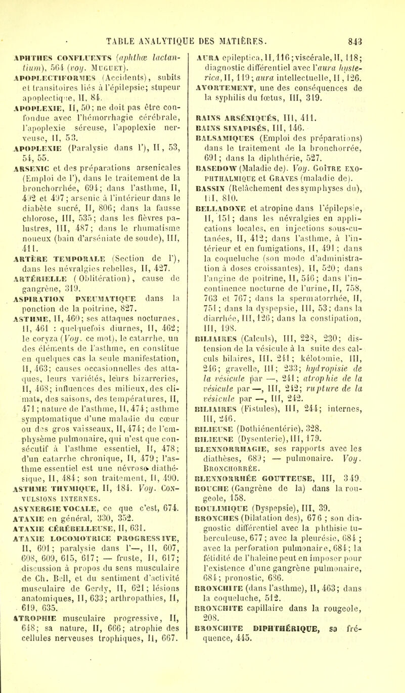 APHTHES CONFLUENTS (aplltlm UlCtan- tium), 564 (voy. Muguet). apoplectiformes (Accidents), subits et transitoires liés àl'épilepsie; stupeur apoplectique, II, 84. apoplexie, II, 50; ne doit pas être con- fondue avec l'hémorrhagie cérébrale, l'apoplexie séreuse, l'apoplexie ner- veuse, II, 53. apoplexie (Paralysie dans 1'), II, 53, 54, 55. arsenic et des préparations arsenicales (Emploi de 1'), clans le traitement de la bronchorrhée, 691 ; dans l'asthme, II, 41)2 et 497; arsenic à l'intérieur dans le diabète sucré, II, 806; dans la fausse chlorose, III, 535; dans les fièvres pa- lustres, III, 487 ; dans le rhumatisme noueux (bain d'arséniate de soude), III, 411. ARTÈRE TEMPORALE (Section de F), dans les névralgies rebelles, II, 427. artérielle (Oblitération), cause de gangrène, 319. ASPIRATION PNEUMATIQUE dans la ponction de la poitrine, 827. ASTHME, II, 460; ses attaques nocturnes, II, 461 : quelquefois diurnes, II, 462; le coryza (Voy. ce mot), le catarrhe, un des éléments de l'asthme, en constitue en quelques cas la seule manifestation, 11,463; causes occasionnelles des atta- ques, leurs variétés, leurs bizarreries, II, 468; influences des milieux, des cli- mats, des saisons, des températures, II, 471 ; nature de l'asthme, II, 474; asthme symptomatique d'une maladie du cœur ou des gros vaisseaux, 11,474; de l'em- physème pulmonaire, qui n'est que con- sécutif à l'asthme essentiel, If, 478; d'un catarrhe chronique, II, 479; l'as- thme essentiel est une névrose* diathé- sique, II, 484; son traitement, II, 490. ASTHME THYMIQUE, II, 184. Voy. CON- VULSIONS INTERNES. ASYNERGIE VOCALE, CC que c'est, 674. ATAXIE en général, 330, 352. ATAXIE CÉRÉBELLEUSE, II, 631. ATAXIE LOCOMOTRICE PROGRESSIVE, II, 601; paralysie dans 1'—, II, 607, 608, 609, 615, 617; — fruste, II, 617; discussion à propos du sens musculaire de Ch. Bell, et du sentiment d'activité musculaire de Gerdy, II, 621; lésions anatomiques, 11, 633; arthropathies, II, • 619, 635. atrophie musculaire progressive, II, 648; sa nature, II, 666; atrophie des cellules nerveuses trophiques, II, 667. aura epileptica, II, 116;viscérale, II, 118; diagnostic différentiel avec Yaura huste- rica, II, 119 ; aura intellectuelle, II, 126. avortement, une des conséquences de la syphilis du fœtus, III, 319. RAINS ARSÉNIQUÉS, III, 411. BAINS SINAPISÉS, III, 146. balsamiques (Emploi des préparations) dans le traitement de la bronchorrée, 691; dans la diphthérie, 527. basedow (Maladie de). Voy. Goitre exo- piithalmique et Graves (maladie de). bassin (Relâchement des symphyses du), LU, 810. belladone et atropine dans l'épilepsie, II, 151; dans les névralgies en appli- cations locales, en injections sous-cu- tanées, II, 412; dans l'asthme, à l'in- térieur et en fumigations, II, 491 ; dans la coqueluche (son mode d'administra- tion à doses croissantes), II, 520; dans l'angine de poitrine, II, 546; dans l'in- continence nocturne de l'urine, II, 758, 763 et 767; dans la spermatorrhée, II, 751 ; dans la dyspepsie, III, 53; dans la diarrhée, III, 126; dans la constipation, III, 198. biliaires (Calculs), III, 22s, 230; dis- tension de la vésicule à la suite des cal- culs bilaires, III, 211; kélotomie, III, 246; gravelle, III; 233; hydropisie de la vésicule par —, 241; atrophie de la vésicule par—, III, 212; rupture de la vésicule par —, III, 242. biliaires (Fistules), III, 244; internes, III, 246. bilieuse (Dothiônentérie), 328. bilieuse (Dysenterie), III, 179. blennorrhac.ie, ses rapports avec les diathèses, 689; — pulmonaire. Voy. Bronchorrée. blennorrhée goutteuse, III, 349. bouche (Gangrène de la) dans la rou- geole, 158. boulimique (Dyspepsie), III, 39. bronches (Dilatation des), 676 ; son dia- gnostic différentiel avec la phthisie tu- berculeuse, 677 ; avec la pleurésie, 684 ; avec la perforation pulmonaire, 684; la fétidité de l'haleine peut en imposer pour l'existence d'une gangrène pulmonaire, 684; pronostic, 686. bronchite (dans l'asthme), II, 463; dans la coqueluche, 512. bronchite capillaire dans la rougeole, 208. bronchite diphtîîérique, sa fré- quence, 445.