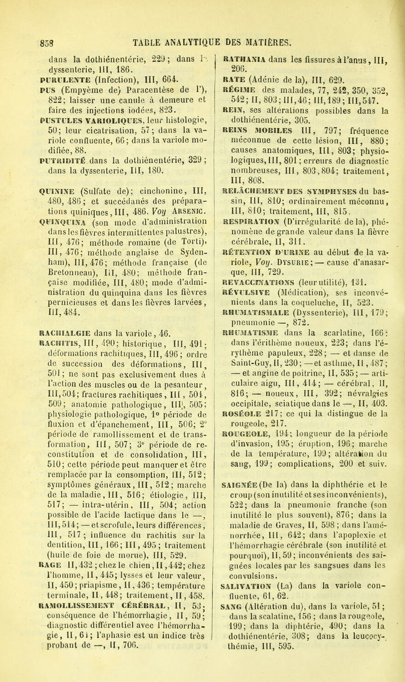 dans la dothiénentérie, 229; dans h dyssenterie, III, 186. purulente (Infection), III, 664. PUS (Empyème de) Paracentèse de 1'), 822; laisser une canule à demeure et faire des injections iodées, 853. PUSTULES VARIOLIQUES, leur histologie, 50; leur cicatrisation, 57; dans la va- riole confluente, 66; dans la variole mo- difiée, 88. putkîdite dans la dothiénentérie, 329 ; dans la dyssenterie, III, 180. QUININE (Sulfate de); cinchonine, III, 480, 486 ; et succédanés des prépara- tions quiniques, III, 486. Voy Arsenic. quinquina (son mode d'administration dans les fièvres intermittentes palustres), III, 476; méthode romaine (de Torti), III, 476; méthode anglaise de Syden- ham), 111,476; méthode française (de Bretonneau), liï, 480; méthode fran- çaise modifiée, III, 480; mode d'admi- nistration du quinquina dans les fièvres pernicieuses et dans les fièvres larvées, 111,484. rauhialgie dans la variole, 46. RACHiTis, III, 490; historique, III, 491; déformations rachitiques, 111,496; ordre de succession des déformations, III, 501; ne sont pas exclusivement dues à l'action des muscles ou de la pesanteur, 111,504; fractures rachitiques, III, 501, 509; anatomie pathologique, III], 505; physiologie pathologique, 1° période de fluxion et d epanchement, III, 506; 2° période de ramollissement et de trans- formation, III, 507; 3° période de re- constitution et de consolidation, III, 510; cette période peut manquer et être remplacée par la consomption, III, 512; symptômes généraux, III, 512; marche de la maladie, III, 516; étiologie, III, 517; —intra-utérin, III, 504; action possible de l'acide lactique dans le —, 111,514; —et scrofule, leurs différences, III, 517; influence du rachitis sur la dentition, III, 166 ; III, 495 ; traitement (huile de foie de morue), III, 529. RAGE 11,432 ; chez le chien, II ,442; chez l'homme, 11, 445; lysses et leur valeur, II, 450 ; priapisme, II, 436 ; température terminale, II, 448 ; traitement, II, 458. RAMOLLISSEMENT CÉRÉRRAL, II, 53- conséquence de l'hémorrhagie, II, 59; diagnostic différentiel avec l'hémorrha- gie, 11,61; l'aphasie est un indice très probant de —, II, 706. I RATHANIA dans les fissures à l'anus, III, I 206. RATE (Adénie de la), III, 629. Régime des malades, 77, 242, 350, 352, 542; II, 803; 111,46; 111,189; 111,547. rein, ses altérations possibles dans la dothiénentérie, 305. reins moriles III, 797; fréquence méconnue de cette lésion, III, 880; causes anatomiques, III, 803; physio- logiques, 111, 801 ; erreurs de diagnostic nombreuses, III, 803,804; traitement, III, 808. RELÂCHEMENT DES SYiMPHYSES du bas- sin, III, 810; ordinairement méconnu, III, 810; traitement, III, 815. respiration (D'irrégularité delà), phé- nomène de grande valeur dans la fièvre cérébrale, II, 311. rétention D'urine au début de la va- riole, Voy. Dysurie;—cause d'anasar- que, III, 729. REVACCffNATSONS (leur utilité), 131. \ Révulsive (Médication), ses inconvé- nients dans la coqueluche, II, 523. rhumatismale (Dyssenterie), 111,179; pneumonie —, 872. j rhumatisme dans la scarlatine, 166-î dans l'érithème noueux, 223; dans Fé- rythème papuleux, 228; — et danse de Saint-Guy, II, 230 ; —et asthme, II, 487 ; | — et angine de poitrine, II, 535 ; — arti- culaire aigu, III, 414; — cérébral. H, 816;— noueux, III, 392; névralgies occipitale, sciatique dans le—, II, 403. roséole 217; ce qui la distingue de la rougeole, 217. rougeole, 194; longueur de la période d'invasion, 195; éruption, 196; marche de la température, 199; altération du sang, 199; complications, 200 et suiv. saignée (De la) dans la diphthérie et le croup (son inutilité et ses inconvénients), 522; dans la pneumonie franche (son inutilité le plus souvent), 876; dans la maladie de Graves, II, 598; dans l'amé- norrhée, III, 642; dans l'apoplexie et l'hémorrhagie cérébrale (son inutilité et pourquoi), 11,59; inconvénients des sai- gnées locales par les sangsues dans les convulsions. salivation (La) dans la variole con- fluente, 61, 62. SANG (Altération du), dans la variole, 51 ; dans la scalatine, 156 ; dans la rougeole, 199; dans la diphtérie, 490; dans la dothiénentérie, 308; dans la leuçocy- thémie, III, 595.