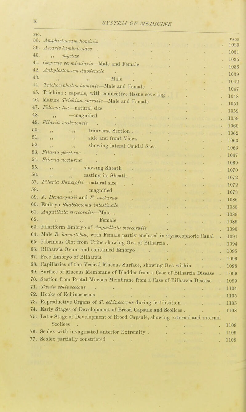 FIO. 38. Amphi8tomum hominis PA0E ,„ , . , , , . ' * ' • • • 1029 <i». A scans I it iithnandrs An 1031 40. ,, mystax 1035 41. Oxyuris vermicularis—Male and Female . . 10gg 42. Ankylostomum duodenale . . ino, „ • 1039 f  —Male , 1042 44. Trichocc2}hahis hominis—M&le and Female . . . 104- 45. Trichina; capsule, with connective tissue covering . . 1048 46. Mature Trichina spiralis—Male and Female 1051 47. Filaria loa—natural size . • 10o9 48. „ —magnified 1059 49. Filaria medinensis . ln„rt lObO 50- >> • >, tranverse Section ........ i062 51- >> » side and front Views . . . 106;j 52- >' .» showing lateral Caudal Sacs .... 1063 53. Filaria perstans . 54. Filaria noctuma ..... iQg9 55- >> ., showing Sheath .... jo70 f'6- >> casting its Sheath ..... 1072 57. Filaria Bancxofti—natural size .... 1072 58. ,, ,, magnified ..... 1073 59. F. Demarquaii and F. noctuma .... 1086 60. Embryo Rhabdoncma intcstinalc .... 1088 61. Anguillula stercoralis—Male ..... iQ89 62. ,, ,, Female ...... 1089 63. Filariform Embryo of Anguillula stercoralis .... 1090 64. Male B. hazmatobia, with Female partly enclosed in Gynajcophoric Canal . 1091 65-. Fibrinous Clot from Urine showing Ova of Bilharzia .... 1094 66. Bilharzia Ovum and contained Embryo .... 1095 67. Free Embryo of Bilharzia ..... 1096 68. Capillaries of the Vesical Mucous Surface, showing Ova within . . 1098 69. Surface of Mucous Membrane of Bladder from a Case of Bilharzia Disease . 1099 70. Section from Rectal Mucous Membrane from a Case of Bilharzia Disease . 1099 71. Taenia echinococcios ........ 1104 72. Hooks of Echinococcus ....... 1105 73. Reproductive Organs of T. echinococcus during fertilisation . . .1105 74. Early Stages of Development of Brood Capsule and Scolices . . .1108 75. Later Stage of Development of Brood Capsule, showing external and internal Scolices ......... 1109 76. Scolex with invaginated anterior Extremity ..... 1109 77. Scolex partially constricted . . . . . . . ] 109