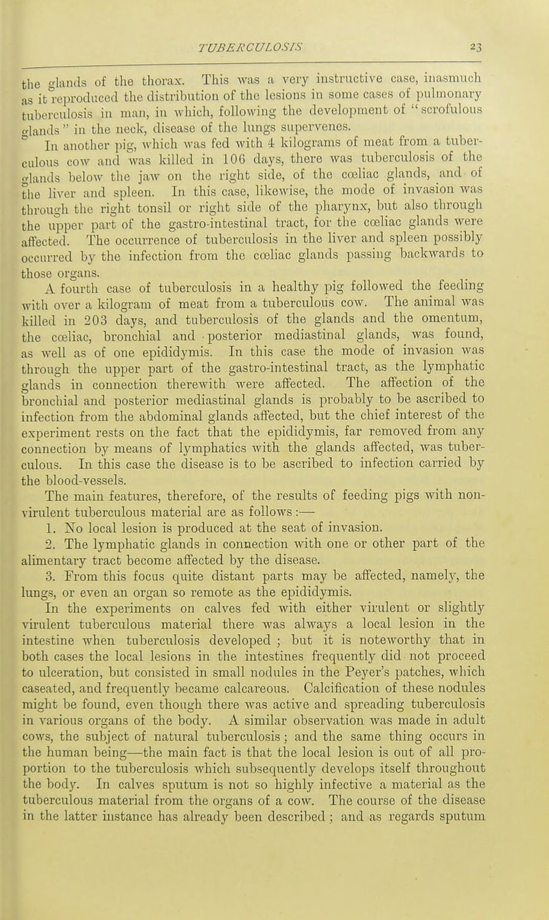the glands of the thorax. This was a very instructive case, inasmuch as it reproduced the distribution of the lesions in some cases of pulmonary tuberculosis in man, in which, following the development of scrofulous glands  in the neck, disease of the lungs supervenes. C In another pig, which was fed with 4 kilograms of meat from a tuber- culous cow and was killed in 106 days, there was tuberculosis of the glands below the jaw on the right side, of the cceliac glands, and of the liver and spleen. In this case, likewise, the mode of invasion was through the right tonsil or right side of the pharynx, but also through the upper part of the gastro-intestinal tract, for the cceliac glands were affected. The occurrence of tuberculosis in the liver and spleen possibly occurred by the infection from the cceliac glands passing backwards to those organs. A fourth case of tuberculosis in a healthy pig followed the feeding with over a kilogram of meat from a tuberculous cow. The animal was killed in 203 days, and tuberculosis of the glands and the omentum, the coeliac, bronchial and posterior mediastinal glands, was found, as well as of one epididymis. In this case the mode of invasion was through the upper part of the gastro-intestinal tract, as the lymphatic glands in connection therewith were affected. The affection of the bronchial and posterior mediastinal glands is probably to be ascribed to infection from the abdominal glands affected, but the chief interest of the experiment rests on the fact that the epididymis, far removed from any connection by means of lymphatics with the glands affected, was tuber- culous. In this case the disease is to be ascribed to infection carried by the blood-vessels. The main features, therefore, of the results of feeding pigs with non- virulent tuberculous material are as follows:— 1. No local lesion is produced at the seat of invasion. 2. The lymphatic glands in connection with one or other part of the alimentary tract become affected by the disease. 3. From this focus quite distant parts may be affected, namely, the lungs, or even an organ so remote as the epididymis. In the experiments on calves fed with either virulent or slightly virulent tuberculous material there was always a local lesion in the intestine when tuberculosis developed ; but it is noteworthy that in both cases the local lesions in the intestines frequently did not proceed to ulceration, but consisted in small nodules in the Peyer's patches, which caseated, and frequently became calcareous. Calcification of these nodules might be found, even though there was active and spreading tuberculosis in various organs of the body. A similar observation was made in adult cows, the subject of natural tuberculosis; and the same thing occurs in the human being—the main fact is that the local lesion is out of all pro- portion to the tuberculosis which subsequently develops itself throughout the body. In calves sputum is not so highly infective a material as the tuberculous material from the organs of a cow. The course of the disease in the latter instance has already been described; and as regards sputum