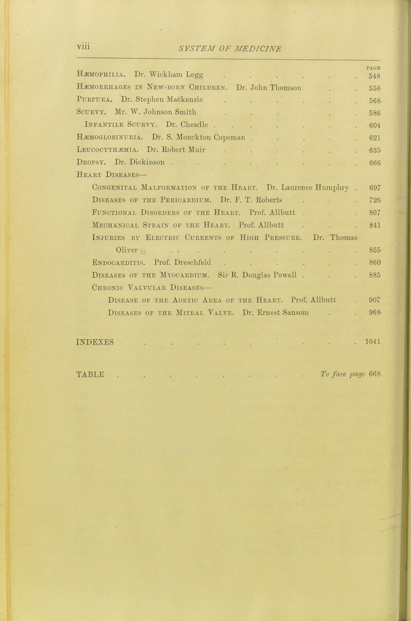 I'AGE HEMOPHILIA. Dr. Wickliam Legg ...... 548 H.EMORRHAGE.S IN New-born CHILDREN. Dr. John TliomsoTi . . 556 PuKPiTRA. Dr. Stephen Mackenzie . . . . . . 56& Scurvy. Mr. W. Johnson Smith ...... 586 Infantile Scurvy. Dr. Cheadle ... . . . . 604 HiEMOGLOBiNURiA. Dr. S. Monckton Copenian ..... 621 LEUCOCYTHiEMiA. Dr. Robert Muir ...... 635 Dropsy. Dr. Dickinson ........ 666 Heart Diseases— Congenital Malformation of the Heaht. Dr. Laurence Humphry . 697 Diseases of the Pericardium. Dr. F. T. Roberts . . . 726 Functional Disorders of the Heart. Prof. AUbutt . . . 807 Mechanical Strain of the Heart. Prof. Allbutt . . . 841 Injuries by Electric Currents of High Pressure. Dr. Thomas Oliver -. ... . . . . . .855 Endocarditis. Prof. Dreschfeld ...... 860 Diseases of the Myocardium. Sir R. Douglas Powell . . . 885 Chronic Valvular Diseases— Disease of the Aortic Area of the Heart. Prof. Allbutt . 907 Diseases of the Mitral Valve. Dr. Ernest Sansoni . . 968 INDEXES 1041 TABLE To face page 668