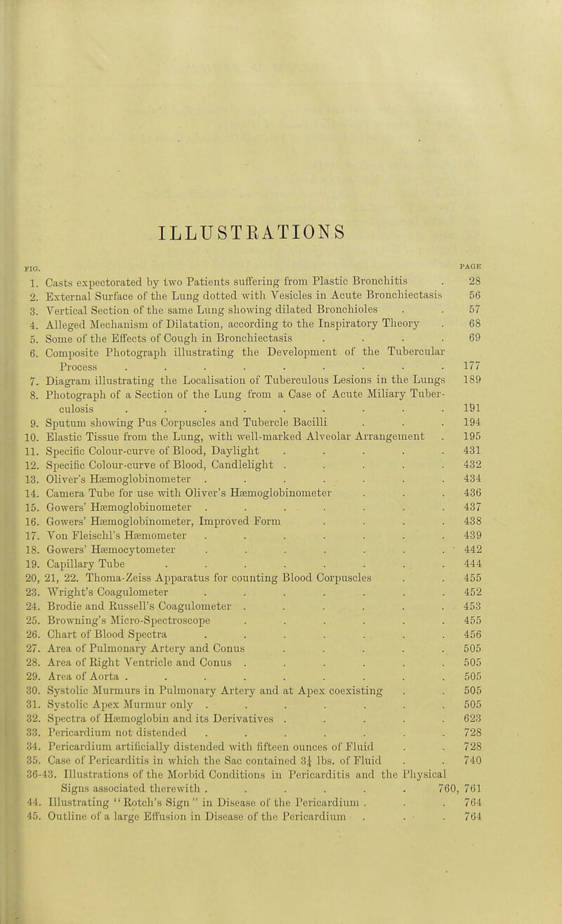 ILLUSTEATIONS FIG. PAGE 1. Casts expectorated by two Patients suffering from Plastic Bronchitis . 28 2. External Surface of the Lung dotted with Vesicles in Acute Bronchiectasis 56 3. Vertical Section of the same Lung showing dilated Bronchioles . . 57 4. Alleged Mechanism of Dilatation, according to the Inspiratory Theory . 68 5. Some of the Effects of Cough in Bronchiectasis . . . .69 6. Composite Photograph illustrating the Development of the Tubercular Process ......... 177 7. Diagram illustrating the Localisation of Tuberculous Lesions in the Lungs 189 8. Photograph of a Section of the Lung from a Case of Acute MiUary Tuber- culosis . . . . . . . . . 191 9. Sputum showing Pus Corpuscles and Tubercle Bacilli . . . 194 10. Elastic Tissue from the Lung, with well-marked Alveolar Arrangement . 195 11. Specific Colour-curve of Blood, Daylight ..... 431 12. Specific Colour-curve of Blood, Candlelight . . . . . 432 13. Oliver's Hffimoglobinometer ....... 434 14. Camera Tube for use with Oliver's Haemoglobinometer . . . 436 15. Cowers' Hsemoglobinometer ....... 437 16. Cowers' Hsemoglobinometer, Improved Form .... 438 17. Von Fleisclil's Htemometer ....... 439 18. Cowers' Hsemocytometer . . . . . . . ■ 442 19. Capillary Tube ........ 444 20. 21, 22. Thoma-Zeiss Apparatus for counting Blood Corpuscles . . 455 23. Wright's Coagnlometer ....... 452 24. Brodie and Russell's Coagnlometer ...... 453 25. Browning's Micro-Spectroscope ...... 455 26. Chart of Blood Spectra ....... 456 27. Area of Pulmonary Artery and Conns ..... 505 28. Area of Right Ventricle and Conus ...... 505 29. Area of Aorta ......... 505 30. Systolic Murmurs in Pulmonary Artery and at Apex coexisting . . 505 31. Systolic Apex Murmur only ....... 505 32. Spectra of Htemoglobin and its Derivatives ..... 623 33. Pericardium not distended ....... 728 34. Pericardium artificially distended with fifteen ounces of Fluid . . 728 35. Case of Pericarditis in whicli the Sac contained 3|: lbs. of Fluid . . 740 36-43. Illustrations of the Morbid Conditions in Pericarditis and the Pliysical Signs associated therewith ...... 760, 761 44. Illustrating  Rotch's Sign  in Disease of the Pericardium . . . 764 45. Outline of a large Effusion in Disease of tho Pericardium . . . 764