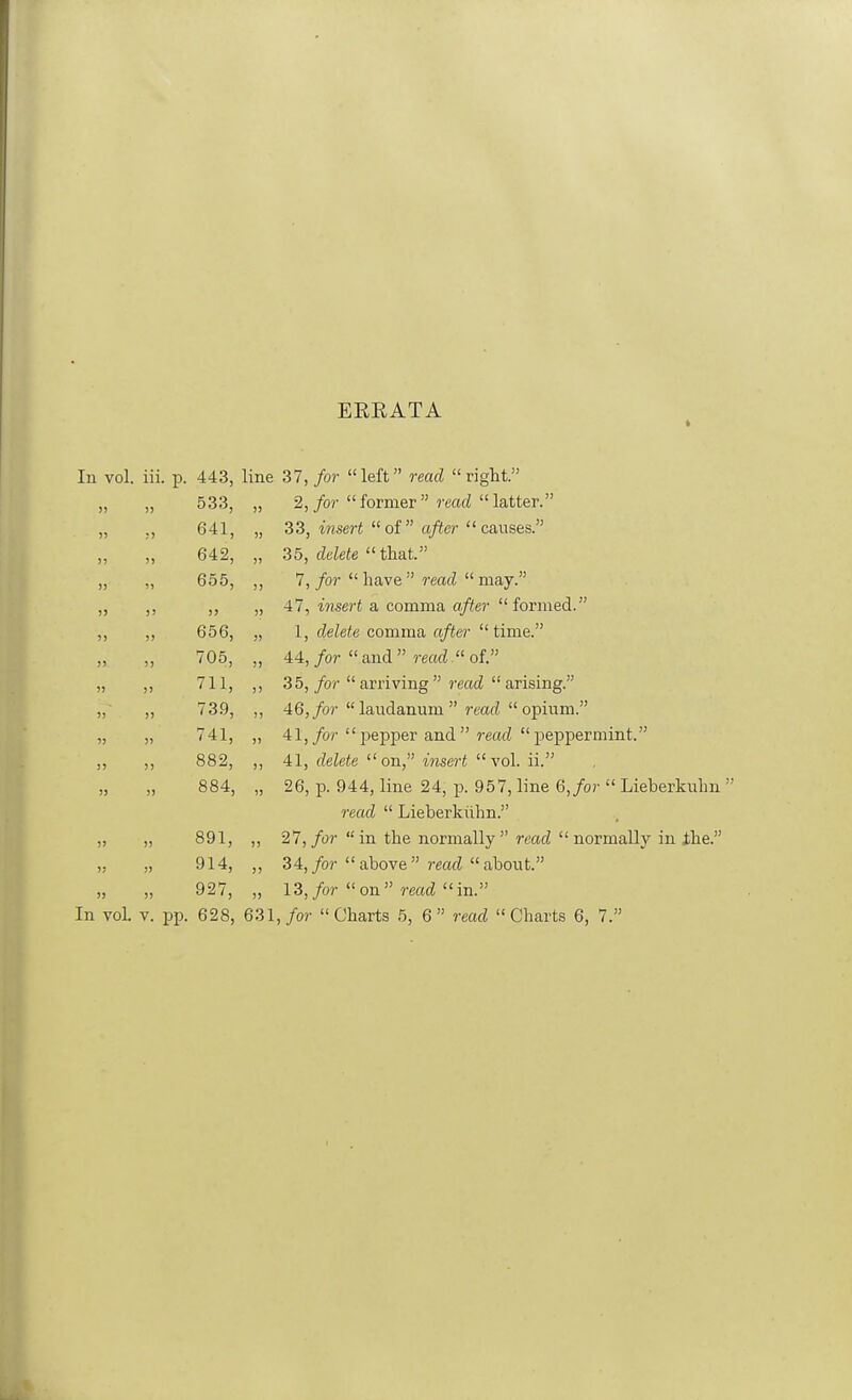 ERRATA In vol. iii. p. 443, line 37,/o?- left read right. „ „ 533, „ 2,/or former read latter. „ ,, 641, „ 33, wjser« of a/ter caiTses. „ „ 642, „ 35, delete  that. 655, ,, 7,/or  have  rea(^  may. ,, „ 47, insert a comma after formed. ,, ,, 656, „ 1, delete comma after time. „ „ 705, „ 44,/or  and  ?-earf  of. 711, ,, 35, for  arriving  read  arising. 73.9, ,, 46,/or  laudanum  rt'oirf  opium. „ „ 741, „ 41,/or pepper and recM^ peppermint. „ „ 882, „ U, delete on, insert vol n. „ „ 884, „ 26, p. 944, line 24, p. 957, line 6,/or  Lieberkuhn  read  Lieberkiihn. „ „ 891, ,, 27,/or  in the normally  ?*mcZ  normally in ihe. „ „ 914, „ 34,/or above read about. „ 927, „ 13,/or on rmc^ in. In vol. V. pp. 628, 631,/or Charts 5, 6 read Charts 6, 7. !) )1 >)