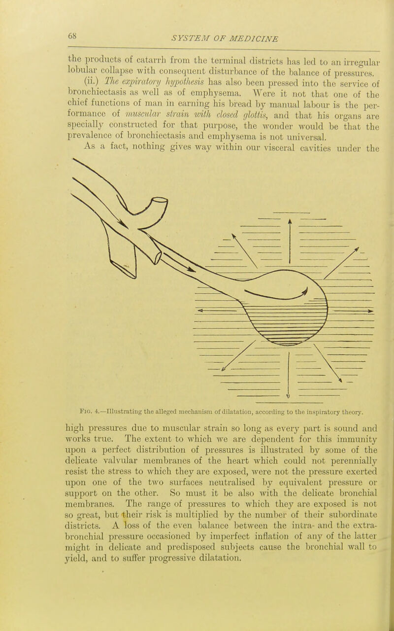 the 2)roducts of catarrh from the terminal districts has led to an irregular lobular collapse with consequent disturbance of the balance of pressures. (ii.) The expiratory hypotlicsis has also been pressed into the service of bronchiectasis as well as of emphysema. Were it not that one of the chief functions of man in earning his bread by manual labour is the per- foi ■maucc of Tiiusculav strain with closed glottis, and that his organs are specially constructed for that purpose, the wonder would be that the prevalence of bronchiectasis and emphysema is not universal. As a fact, nothing gives way within our visceral cavities under the Fig. 4.—Illustrating the alleged mecliani.siii of dilatation, according to the inspiratory theorj-. high pressures due to muscular strain so long as every part is sound and works true. The extent to which we are dependent for this immunity upon a perfect distribution of pressui-es is illustrated by some of the delicate valvular membranes of the heart which could not perenniallj'^ resist the stress to which they are exposed, were not the pressure exerted upon one of the two surfaces neutralised by equivalent pressure or support on the other. So must it be also with the delicate bronchial meml)ranes. The range of pressures to which they are exposed is not so great, but their risk is multiplied by the number of their subordinate districts. A loss of the even balance between the intra- and the extra- bronchial pressure occasioned by imperfect inflation of an}^ of the latter might in delicate and predisposed subjects cause the bronchial wall to yield, and to suffer progressive dilatation.