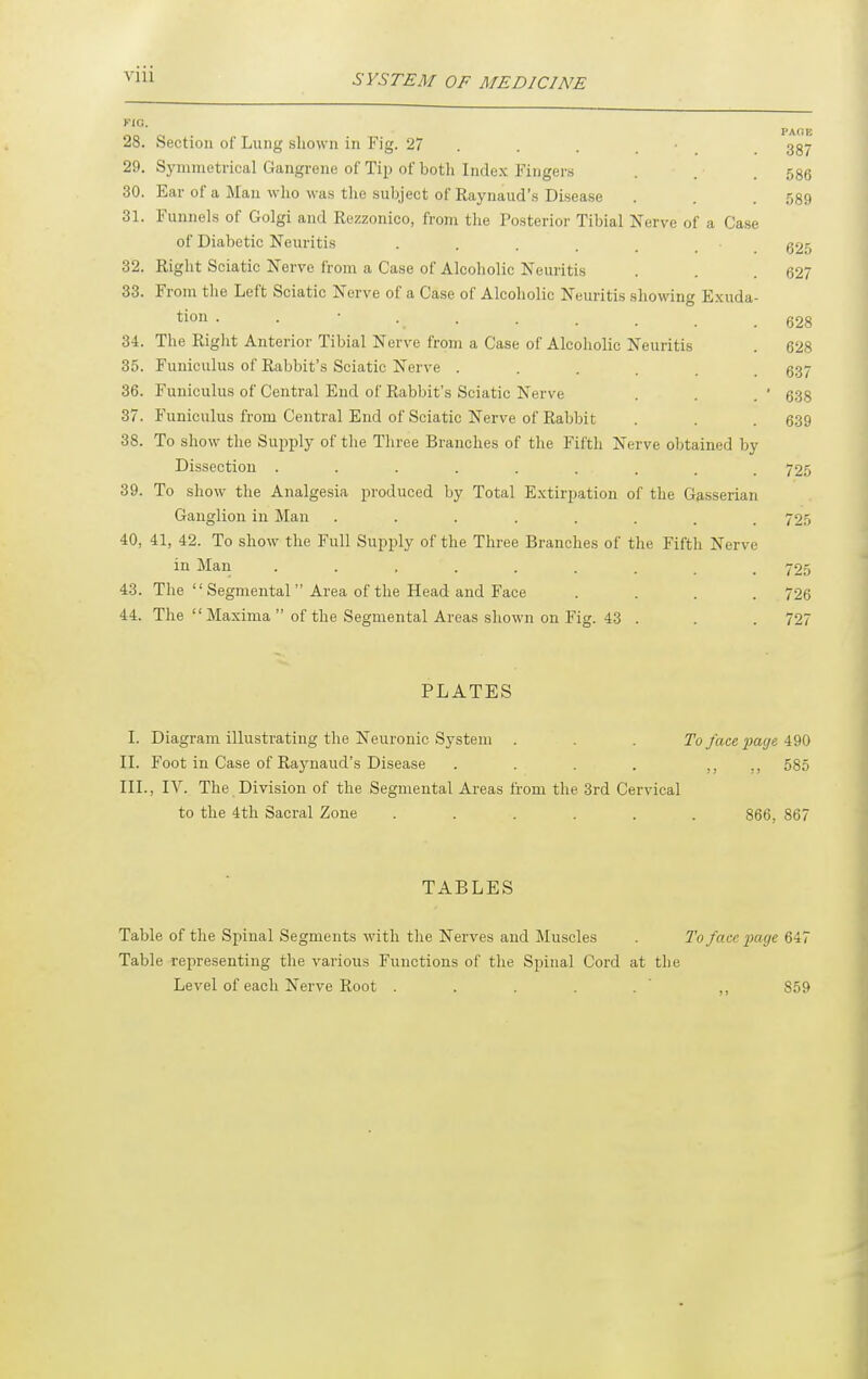 viu FIG. 28. 29. 30. 31. 32. 33. 34. 35. 36. 37. 38. 39. 40, 43. 44. Section of Lung shown in Fig. 27 . . . . ■ Symmetrical Gangrene of Tip of both Index Fingers Ear of a Man who was the subject of Raynaud's Disease Funnels of Golgi and Rezzonico, from the Posterior Tibial Nerve of a Case of Diabetic Neuritis • • . . . Right Sciatic Nerve from a Case of Alcoholic Neuritis From the Left Sciatic Nerve of a Case of Alcoholic Neuritis showing Exuda tion . . The Right Anterior Tibial Nerve from a Case of Alcoliolic Neuritis Funiculus of Rabbit's Sciatic Nerve ..... Funiculus of Central End of Rabbit's Sciatic Nerve Funiculus from Central End of Sciatic Nerve of Rabbit To show the Supply of tlie Three Branches of the Fifth Nerve obtained by Dissection ........ To show the Analgesia produced by Total Extirpation of the Ga.sserian Ganglion in Man ....... 41, 42. To show the Full Supply of the Three Branches of the Fifth Nerv in Man ........ The  Segmental  Area of the Head and Face The Maxima  of the Segmental Areas shown on Fig. 43 . PLATES I. Diagram illustrating the Neuronic System IL Foot in Case of Raynaud's Disease .... IIL, IV. The Division of the Segmental Areas from the 3rd Cervical to the 4tli Sacral Zone ..... To face fage. 490 585 866. 867 TABLES Table of the Spinal Segments with tlie Nerves and Muscles . To face, page 647 Table representing the various Functions of the Spinal Cord at the Level of each Nerve Root . . . . . ' ,, 859