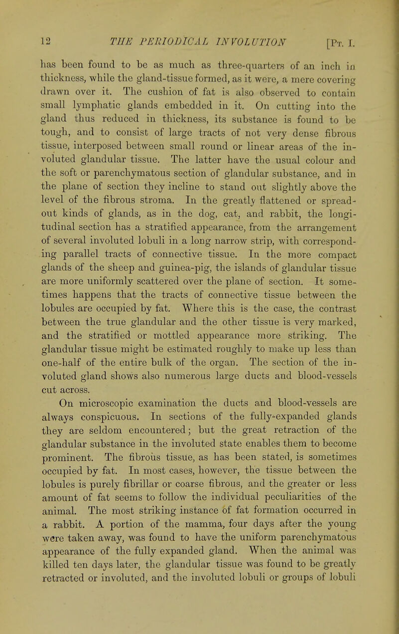 has been found to be as much as three-quarters of an inch in thickness, while the gland-tissue formed, as it were, a mere covering drawn over it. The cushion of fat is also observed to contain small lymphatic glands embedded in it. On cutting into the gland thus reduced in thickness, its substance is found to be tough, and to consist of large tracts of not very dense fibrous tissue, interposed between small round or linear areas of the in- voluted glandular tissue. The latter have the usual colour and the soft or parenchymatous section of glandular substance, and in the plane of section they incline to stand out slightly above the level of the fibrous stroma. In the greatly flattened or spread- out kinds of glands, as in the dog, cat, and rabbit, the longi- tudinal section has a stratified appearance, from the arrangement of several involuted lobuli in a long narrow strip, with correspond- ing parallel tracts of connective tissue. In the more compact glands of the sheep and guinea-pig, the islands of glandular tissue are more uniformly scattered over the plane of section. It some- times happens that the tracts of connective tissue between the lobules are occupied by fat. Where this is the case, the contrast between the true glandular and the other tissue is very marked, and the stratified or mottled appearance more striking. The glandular tissue might be estimated roughly to make up less than one-half of the entire bulk of the organ. The section of the in- voluted gland shows also numerous large ducts and blood-vessels cut across. On microscopic examination the ducts and blood-vessels are always conspicuous. In sections of the fully^expanded glands they are seldom encountered; but the great retraction of the glandular substance in the involuted state enables them to become prominent. The fibroiis tissue, as has been stated, is sometimes occupied by fat. In most cases, however, the tissue between the lobules is purely fibrillar or coarse fibrous, and the greater or less amount of fat seems to follow the individual peculiarities of the animal. The most striking instance of fat formation occurred in a rabbit. A portion of the mamma, four days after the young were taken away, was found to have the uniform parenchymatous appearance of the fully expanded gland. When the animal was killed ten days later, the glandular tissue was found to be greatly retracted or involuted, and the involuted lobuli or groups of lobuli