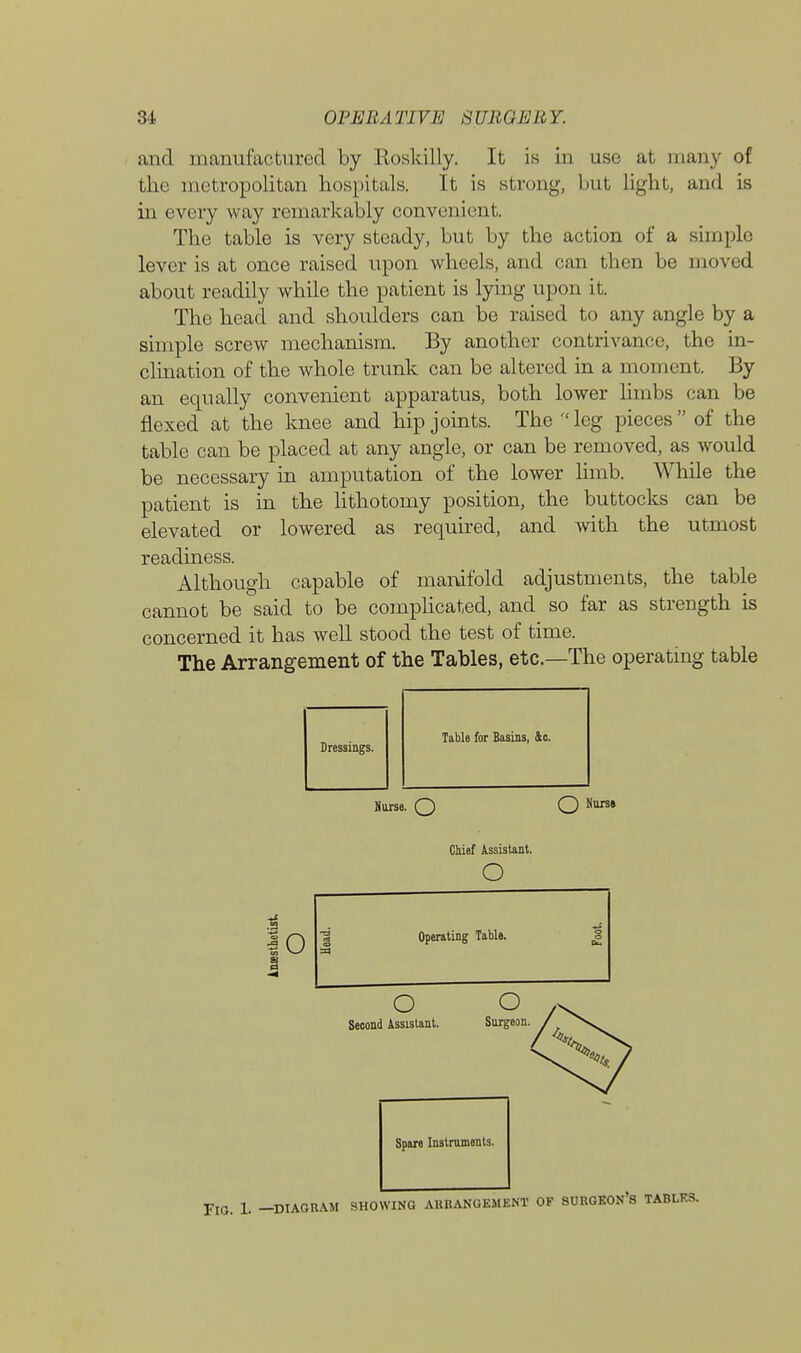 31. OPERA TIVE 8 UUG K It Y. and manufactured by Roskilly. It is in use at many of the metropolitan hospitals. It is strong, but light, and is in every w ay remarkably convenient. The table is very steady, but by the action of a simple lever is at once raised upon wheels, and can then be moved about readily while the patient is lying upon it. The head and shoulders can be raised to any angle by a simple screw mechanism. By another contrivance, the in- clination of the whole trunk can be altered in a moment. By an equally convenient apparatus, both lower limbs can be flexed at the knee and hip joints. The leg pieces of the table can be placed at any angle, or can be removed, as would be necessary in amputation of the lower limb. While the patient is in the lithotomy position, the buttocks can be elevated or lowered as required, and with the utmost readiness. Although capable of manifold adjustments, the table cannot be said to be complicated, and so far as strength is concerned it has well stood the test of time. The Arrangement of the Tables, etc.—The operating table Table for Basins, &e. Hurse. Q O Nurse Chief Assistant. o 10 Operating Table. O Second Assistant. Spare Instruments. FIG. 1. -DIAGRAM SHOWING ARRANGEMENT OF SURGEON'S TABLES.