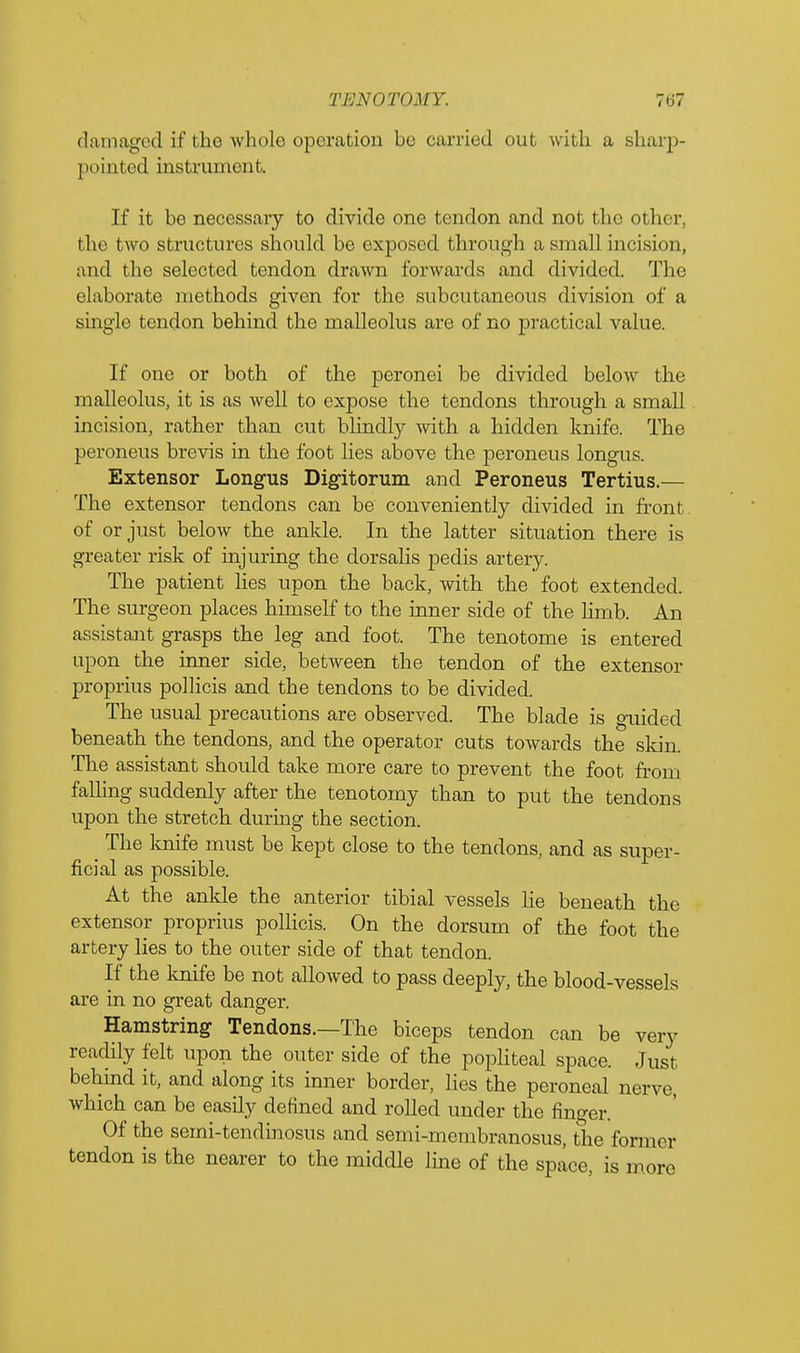 damaged if the whole operation be carried out with a sharp- pointed instrument. If it be necessary to divide one tendon and not the other, the two structures should be exposed through a small incision, and the selected tendon drawn forwards and divided. The elaborate methods given for the subcutaneous division of a single tendon behind the malleolus are of no practical value. If one or both of the peronei be divided below the malleolus, it is as well to expose the tendons through a small incision, rather than cut blindly with a hidden knife. The peroneus brevis in the foot lies above the peroneus longus. Extensor Longus Digitorum and Peroneus Tertius.— The extensor tendons can be conveniently divided in front of or just below the ankle. In the latter situation there is greater risk of injuring the dorsalis pedis artery. The patient lies upon the back, with the foot extended. The surgeon places himself to the inner side of the hmb. An assistant grasps the leg and foot. The tenotome is entered upon the inner side, between the tendon of the extensor proprius pollicis and the tendons to be divided. The usual precautions are observed. The blade is guided beneath the tendons, and the operator cuts towards the skin. The assistant should take more care to prevent the foot from falling suddenly after the tenotomy than to put the tendons upon the stretch during the section. The knife must be kept close to the tendons, and as super- ficial as possible. At the ankle the anterior tibial vessels lie beneath the extensor proprius pollicis. On the dorsum of the foot the artery lies to the outer side of that tendon. If the knife be not allowed to pass deeply, the blood-vessels are in no great danger. Hamstring Tendons.—The biceps tendon can be very readily felt upon the outer side of the popliteal space. Just behind it, and along its inner border, lies the peroneal nerve, which can be easily defined and rolled under the finger. Of the semi-tendinosus and semi-membranosus, the former tendon is the nearer to the middle line of the space, is more