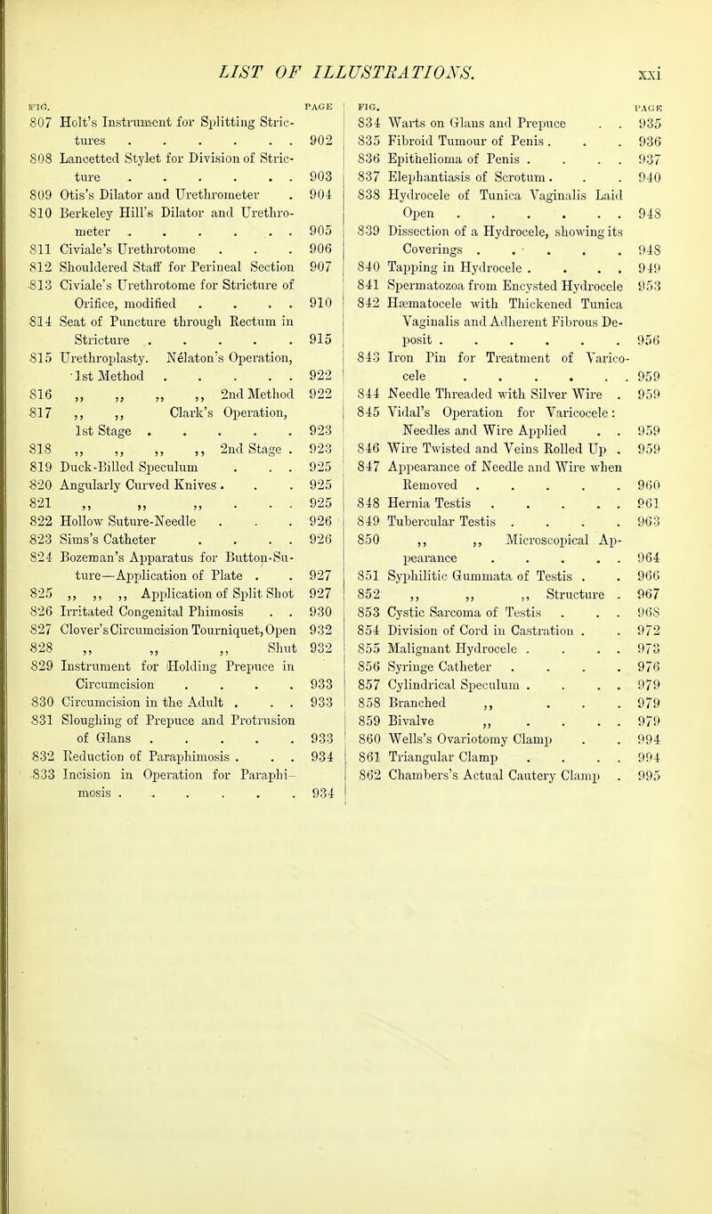 WIG. PACE I 807 Holt's Instrument for Splitting Stric- tures 902 i 808 Lancetted Stylet for Division of Stric- ture 903 809 Otis's Dilator and Uretlirometer . 904 810 Berkeley Hill's Dilator and Uretliro- meter . . .... 905 811 Civiale's Urethrotome . . . 906 '812 Shouldered Staff for Perineal Section 907 813 Civiale's Urethrotome for Stricture of Orifice, modified . . 910 | 814 Seat of Puncture through Rectum in Stricture ..... 915 815 Urethroplasty. Nelaton's Operation, •1st Method . . . . . 922 816 „ „ „ ,, 2nd Method 922 817 ,, ,, Clark's Operation, 1st Stage ..... 923 818 „ ,, „ ,, 2nd Stage . 923 819 Duck-Billed Speculum . . . 925 820 Angularly Curved Knives . . . 925 821 ,, ,, „ . . . 925 822 Hollow Suture-Needle . . .926 823 Sims's Catheter . . . . 926 824 Bozeman's Apparatus for Button-Su- ture—Application of Plate . . 927 825 ,, ,, ,, Application of Split Shot 927 826 Irritated Congenital Phimosis . . 930 827 Clover's Circumcision Tourniquet, Open 932 828 „ „ ' „ Shut 932 829 Instrument for Holding Prepuce in Circumcision .... 933 830 Circumcision in the Adult . . . 933 831 Sloughing of Prepuce and Protrusion of Glans . . . . .933 832 Reduction of Paraphimosis . . . 934 833 Incision in Operation for Paraphi- mosis ..... . . . 934 834 Warts on Glans and Prepuce 935 835 Fibroid Tumour of Penis . 936 836 Epithelioma of Penis . . . . 937 837 Elephantiasis of Scrotum. 940 838 Hydrocele of Tunica Vaginalis Laid Open . . . . . . 948 839 Dissection of a Hydrocele, showing its Coverings . . ■ . , 948 840 Tapping in Hydrocele . . . . 949 841 Spermatozoa from Encysted Hydrocele 953 842 Hematocele with Thickened Tunica Vaginalis and Adherent Fibrous De- posit ...... 956 843 Iron Pin for Treatment of Varico- cele . . . . . . 959 844 Needle Threaded with Silver Wire . 959 845 Vidal's Oj>eration for Varicocele: Needles and Wire Applied . . 959 846 Wire Twisted and Veins Rolled Up . 959 847 Appearance of Needle and Wire when Removed . . . 960 848 Hernia Testis . . . . . 961 849 Tubercular Testis .... 963 850 ,, ,, Microscopical Ap- pearance . . . . . 964 851 Syphilitic Gummata of Testis . 966 852 ,, Structure . 967 853 Cystic Sarcoma of Testis 96S 854 Division of Cord in Castration . 972 855 Malignant Hydrocele . . . . 978 856 Syringe Catheter .... 976 857 Cylindrical Speculum . . . . 979 858 Branched ,, ... 979 859 Bivalve . . . . 979 860 Wells's Ovariotomy Clamp 994 86] Triangular Clamp . . . . 994 862 Chambers's Actual Cautery Clamp . 995