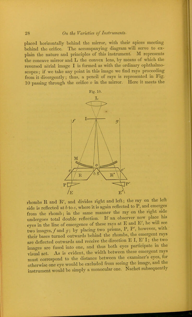 placed horizontally behind the mirror, with their apices meeting behind the orifice. The accompanying diagram will serve to ex- plain the nature and principles of this instrument. M represents the concave mirror and L the convex lens, by means of which the reversed aerial image I is formed as with the ordinary ophthalmo- scopes ; if we take any point in this image we find rays proceeding from it divergently; thus, a pencil of rays is represented in Fig. 10 passing through the orifice o in the mirror. Here it meets the Fig. 10. L rhombs E and E', and divides right and left; the ray on the left side is reflected at b to c, where it is again reflected to P, and emerges from the rhomb; in the same manner the ray on the right side undergoes total double reflection. If an observer now place his eyes in the Hne of emergence of these rays at E and E', he will see two images, / and ^; by placing two prisms, P, P', however, with their bases turned outwards behind the rhombs, the emergent rays are deflected outwards and receive the direction E I, E' I; the two images are fused into one, and thus both eyes participate in the visual act. As is evident, the width between these emergent rays must correspond to the distance between the examiner's eyes, for otherwise one eye would be excluded from seeing the image, and the instrument would be simply a monocular one. Nachet subsequently