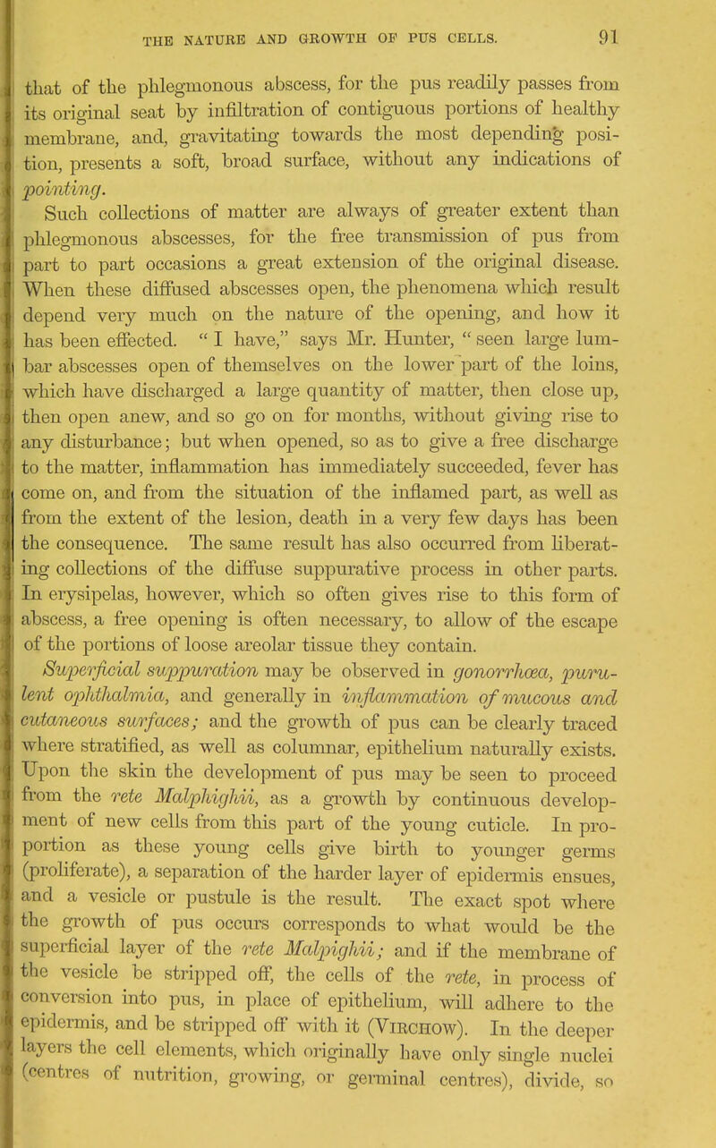 that of the phlegmonous abscess, for the pus readily passes from its original seat by infiltration of contiguous portions of healthy membrane, and, gravitating towards the most depending posi- tion, presents a soft, broad surface, without any indications of pointing. Such collections of matter are always of greater extent than plilegmonous abscesses, for the free transmission of pus from part to part occasions a great extension of the original disease. When these diffused abscesses open, the phenomena which result depend very much on the nature of the opening, and how it has been eflfected.  I have, says Mr. Hunter,  seen large lum- bar abscesses open of themselves on the lower part of the loins, which have discharged a large quantity of matter, then close up, i hen open anew, and so go on for months, without giving rise to ; my disturbance; but when opened, so as to give a free discharge to the matter, inflammation has immediately succeeded, fever has come on, and fi-om the situation of the inflamed part, as well as from the extent of the lesion, death in a very few days has been the consequence. The same result has also occurred from liberat- • ing collections of the difiuse suppurative process in other parts, i n erysipelas, however, which so often gives rise to this form of ibscess, a free opening is often necessary, to allow of the escape i|l of the portions of loose areolar tissue they contain. Superficial suppuration may be observed in gonorrhosa, puru- lent oplithalmia, and generally in inflammation of mucous and cutaneous surfaces; and the growth of pus can be clearly traced where stratified, as well as columnar, epithelium naturally exists. Upon the skin the development of pus may be seen to proceed from the rete Malphighii, as a gi'owth by continuous develop- ment of new cells from tliis part of the young cuticle. In pro- portion as these young cells give birth to younger germs (proliferate), a separation of the harder layer of epidermis ensues, and a vesicle or pustule is the result. The exact spot where the growth of pus occurs corresponds to what would be the superficial layer of the rete MalpigUi; and if the membrane of the vesicle be stripped off, the cells of the rete, in process of conversion into pus, in place of epithelium, will adhere to the epidermis, and be stripped off with it (ViEcnow). In the deeper layers the cell elements, which originally have only single nuclei (centres of nutrition, growing, or germinal centres), divide, so