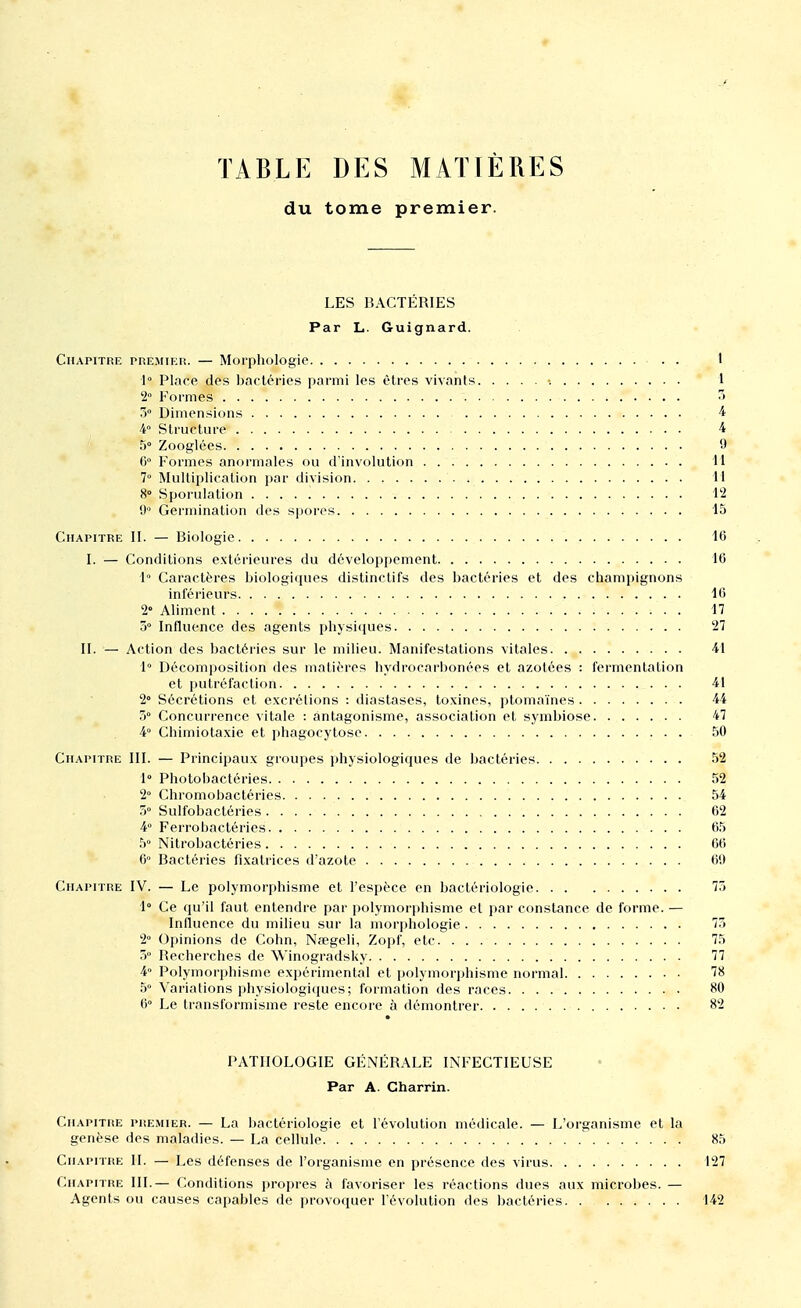 TABLE DES MATIÈRES du tome premier. LES BACTÉRIES Par L. Guignard. Chapitre premier. — Morphologie 1 1° Place des bactéries parmi les êtres vivants •. 1 2° Formes 3 3° Dimensions 4 4° Structure 4 5° Zooglées 9 6° Formes anormales ou d'involution 11 7° Multiplication par division 11 8° Sporulation 12 9 Germination des spores 15 Chapitre II. — Biologie 16 I. — Conditions extérieures du développement 16 1° Caractères biologiques distinctifs des bactéries et des champignons inférieurs 16 2° Aliment 17 3° Influence des agents physiques 27 II. — Action des bactéries sur le milieu. Manifestations vitales 41 1° Décomposition des matières hydrocarbonées et azotées : fermentation et putréfaction 41 2° Sécrétions et excrétions : diastases, toxines, ptomaïnes 44 3° Concurrence vitale : antagonisme, association et symbiose 47 4° Chimiotaxie et phagocytose 50 Chapitre III. — Principaux groupes physiologiques de bactéries 52 1° Photobactéries 52 2° Chromobactéries 54 3° Sulfobactéries 62 4° Ferrobactéries 65 5° Nitrobactéries 66 6° Bactéries fixatrices d'azote 69 Chapitre IV. — Le polymorphisme et l'espèce en bactériologie 73 1° Ce qu'il faut entendre par polymorphisme et par constance de forme. — Influence du milieu sur la morphologie 73 2° Opinions de Cohn, Nsegeli, Zopf, etc 75 3° Recherches de W'inogradsky 77 4° Polymorphisme expérimental et polymorphisme normal 78 5° Variations physiologiques; formation des races 80 6° Le transformisme reste encore à démontrer 82 PATHOLOGIE GÉNÉRALE INFECTIEUSE Par A. Charrin. Chapitre premier. — La bactériologie et l'évolution médicale. — L'organisme et la genèse des maladies. — La cellule 85 Chapitre II. — Les défenses de l'organisme en présence des virus 127 Chapitre III.— Conditions propres à favoriser les réactions dues aux microbes. — Agents ou causes capables de provoquer l'évolution des bactéries. . 142