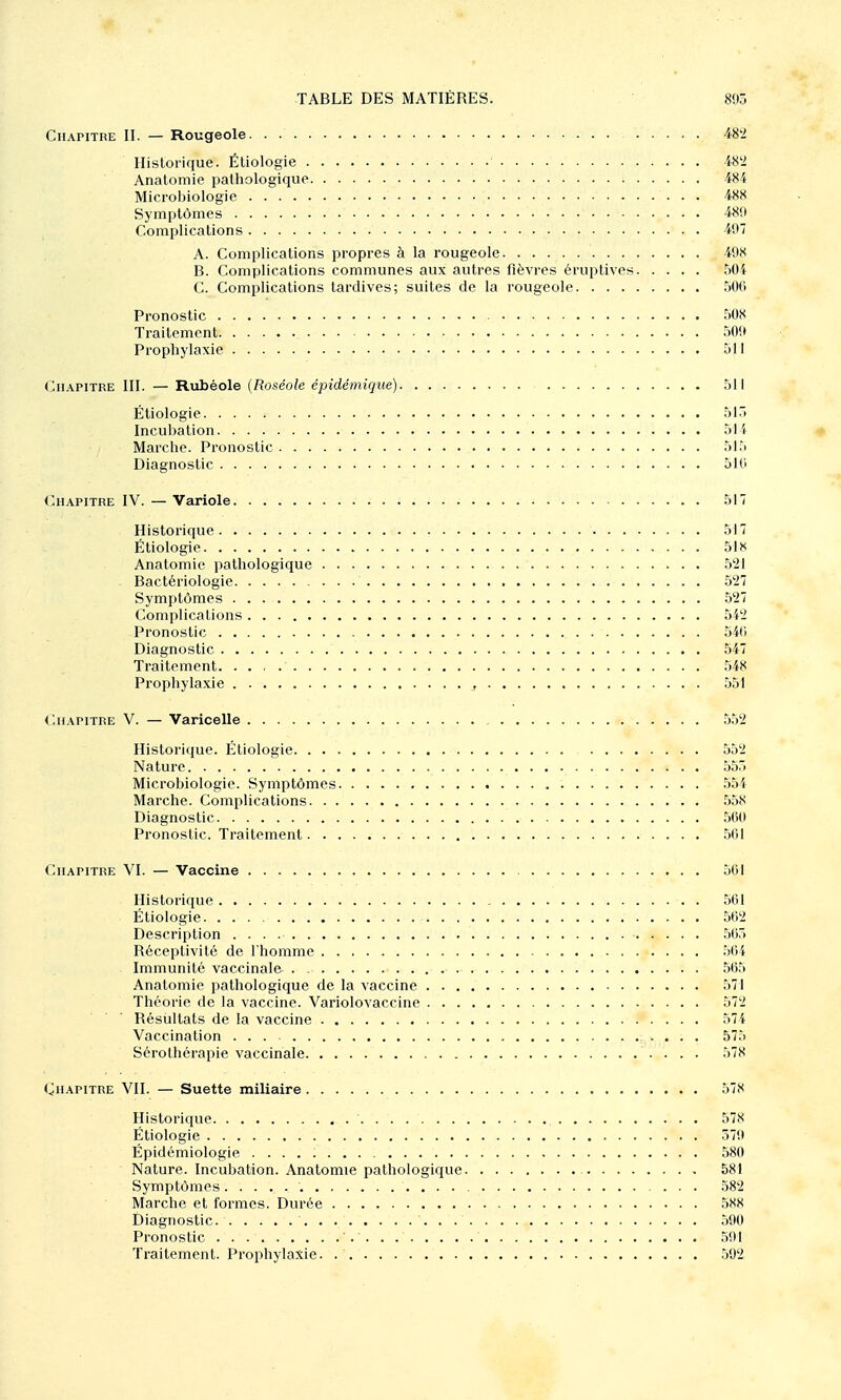 Chapitre II. — Rougeole. . 482 Historique. Étiologie 48'2 Anatomie pathologique 484 Microbiologie 488 Symptômes 480 Complications 497 A. Complications propres à la rougeole 498 B. Complications communes aux autres fièvres éruptives 504 C. Complications tardives; suites de la rougeole 506 Pronostic 508 Traitement 509 Prophylaxie 511 Chapitre III. — Rubéole (Roséole épidémique) 511 Étiologie 51. Incubation 514 Marche. Pronostic 515 Diagnostic 510 Chapitre IV. — Variole 517 Historique 517 Étiologie 51X Anatomie pathologique 521 Bactériologie 527 Symptômes 527 Complications 552 Pronostic 540 Diagnostic 547 Traitement. 548 Prophylaxie , 551 (Chapitre V. — Varicelle 552 Historique. Étiologie 552 Nature 555 Microbiologie. Symptômes 554 Marche. Complications 558 Diagnostic 500 Pronostic. Traitement 50! Chapitre VI. — Vaccine 501 Historique 561 Étiologie 562 Description 505 Réceptivité de l'homme 504 Immunité vaccinale 505 Anatomie pathologique de la vaccine 571 Théorie de la vaccine. Variolovaccine 572 Résultats de la vaccine 574 Vaccination 575 Sérothérapie vaccinale 578 Chapitre VII. — Suette miliaire 578 Historique 578 Étiologie 579 Épidémiologie 580 Nature. Incubation. Anatomie pathologique 581 Symptômes 582 Marche et formes. Durée 5S8 Diagnostic 590 Pronostic 591 Traitement. Prophylaxie. 592