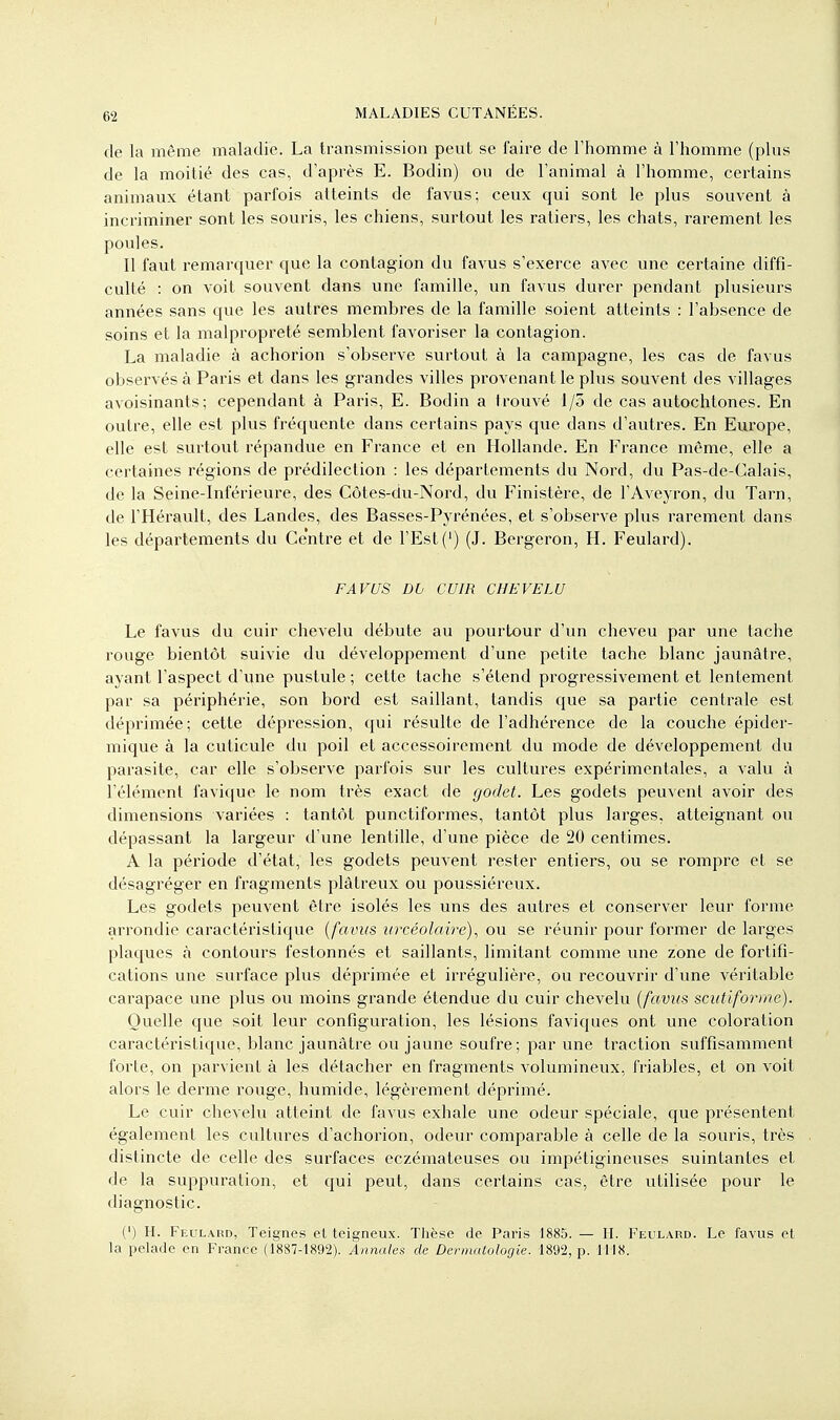 de la même maladie. La transmission peut se faire de l'homme à l'homme (plus de la moitié des cas, d'après E. Bodin) ou de l'animal à l'homme, certains animaux étant parfois atteints de favus; ceux qui sont le plus souvent à incriminer sont les souris, les chiens, surtout les ratiers, les chats, rarement les poules. Il faut remarquer que la contagion du favus s'exerce avec une certaine diffi- culté : on voit souvent dans une famille, un favus durer pendant plusieurs années sans que les autres membres de la famille soient atteints : l'absence de soins et la malpropreté semblent favoriser la contagion. La maladie à achorion s'observe surtout à la campagne, les cas de favus observés à Paris et dans les grandes villes provenant le plus souvent des villages avoisinants; cependant à Paris, E. Bodin a trouvé 1/5 de cas autochtones. En outre, elle est plus fréquente dans certains pays que dans d'autres. En Europe, elle est surtout répandue en France et en Hollande. En France même, elle a certaines régions de prédilection : les départements du Nord, du Pas-de-Calais, de la Seine-Inférieure, des Côtes-du-Nord, du Finistère, de l'Aveyron, du Tarn, de l'Hérault, des Landes, des Basses-Pyrénées, et s'observe plus rarement dans les départements du Ce'ntre et de l'Est(') (J. Bergeron, H. Feulard). FAVUS Dù CUIR CHEVELU Le favus du cuir chevelu débute au pourtour d'un cheveu par une tache rouge bientôt suivie du développement d'une petite tache blanc jaunâtre, ayant l'aspect d'une pustule ; cette tache s'étend progressivement et lentement par sa périphérie, son bord est saillant, tandis que sa partie centrale est déprimée; cette dépression, qui résulte de l'adhérence de la couche épider- mique à la cuticule du poil et accessoirement du mode de développement du parasite, car elle s'observe parfois sur les cultures expérimentales, a valu à l'élément favique le nom très exact de godet. Les godets peuvent avoir des dimensions variées : tantôt punctiformes, tantôt plus larges, atteignant ou dépassant la largeur d'une lentille, d'une pièce de 20 centimes. A la période d'état, les godets peuvent rester entiers, ou se rompre et se désagréger en fragments plâtreux ou poussiéreux. Les godets peuvent être isolés les uns des autres et conserver leur forme arrondie caractéristique {faims urcéolairé), ou se réunir pour former de larges plaques à contours festonnés et saillants, limitant comme une zone de fortifi- cations une surface plus déprimée et irrégulière, ou recouvrir d'une véritable carapace une plus ou moins grande étendue du cuir chevelu {favus sciitiforme). Quelle que soit leur configuration, les lésions faviques ont une coloration caractéristique, blanc jaunâtre ou jaune soufre; par une traction suffisamment forte, on parvient à les détacher en fragments volumineux, friables, et on voit alors le derme rouge, humide, légèrement déprimé. Le cuir chevelu atteint de favus exhale une odeur spéciale, que présentent également les cultures d'achorion, odeur comparable à celle de la souris, très distincte de celle des surfaces eczémateuses ou impétigineuses suintantes et de la suppuration, et qui peut, dans certains cas, être utilisée pour le diagnostic. (') H. Feulard, Teignes et teigneux. Thèse de Paris 1885. — II. Feulard. Le favus et la pelade en France (1887-1892). Annales de Dermatologie. 1892, p. 1118.