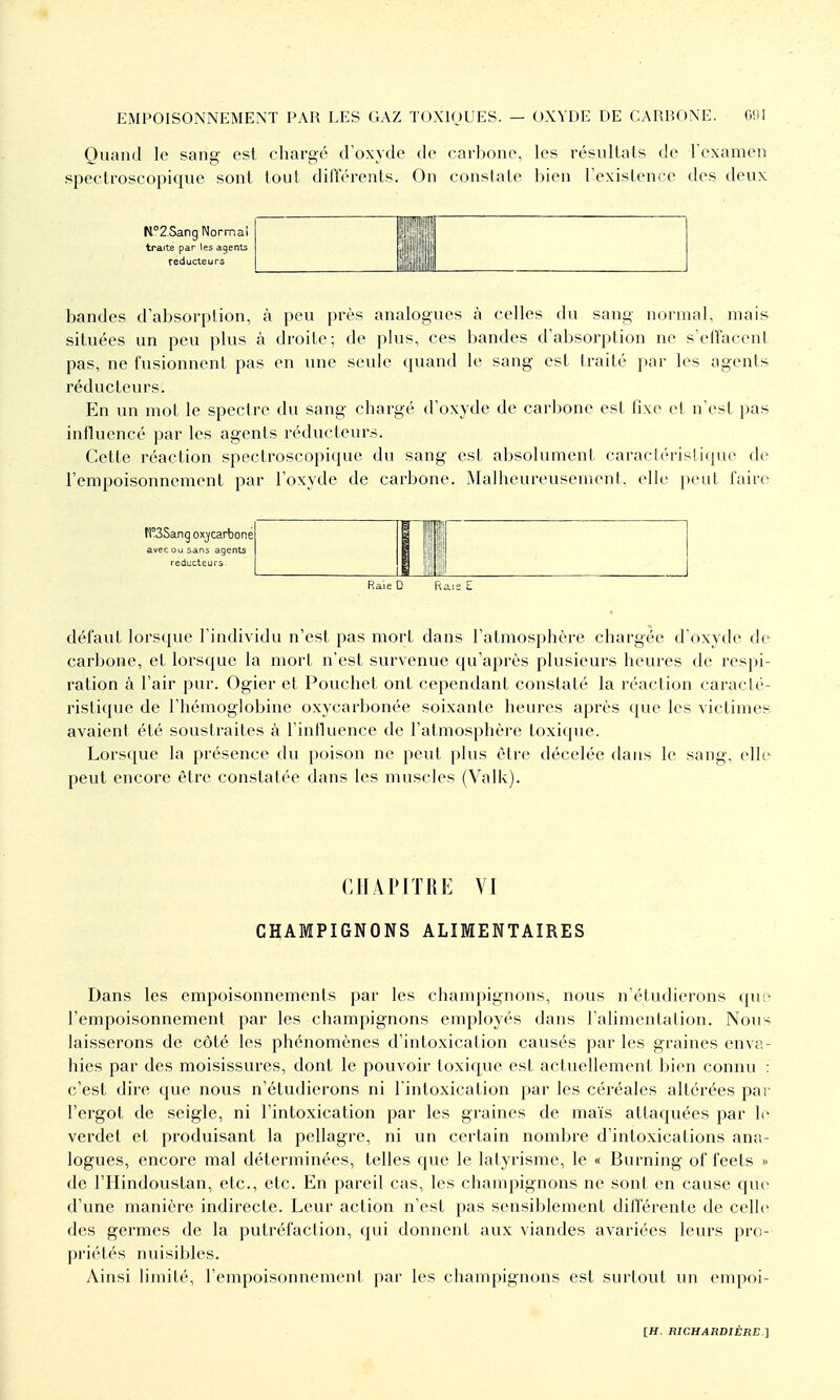 Quand le sang est chargé d'oxyde de carl)one, les résultats de Texanien spectroscopique sont tout dilTérents. On constate bien l'existence des deux N°2.Sang Normal traite par les agents réducteurs bandes d'absorption, à peu près analogues à celles du sang normal, mais situées un peu plus à droite; de plus, ces bandes d'absorption ne s'effacent pas, ne fusionnent pas en une seule quand le sang est traité par les agents réducteurs. En un mot le spectre du sang chargé d'oxyde de carbone est fixe et n'est pas influencé par les agents réducteurs. Cette réaction spectroscopique du sang est absolument caracléi'islicpu- de l'empoisonnement par l'oxyde de carbone. MalheureusemenI. elle peut faire H°3Sang oxjcarbone avec ou sans agents reducteurs- Raie D Riie £ défaut lorsque l'individu n'est pas mort dans l'atmosphère chargée d'oxyde de carbone, et lorsque la mort n'est survenue qu'après plusieurs heures de respi- ration à l'air pur. Ogier et Pouchet ont cependant constaté la réaction caracté- ristique de l'hémoglobine oxycarbonée soixante heures après que les victimes avaient été soustraites à l'intluence de l'atmosphère toxique. Lorsque la présence du poison ne peut plus être décelée dans le sang, elle peut encore être constatée dans les muscles (Valk). m m il CHAPITRE VI CHAMPIGNONS ALIMENTAIRES Dans les empoisonnements par les champignons, nous n'étudierons qu!^ l'empoisonnement par les champignons employés dans l'alimentation. Nous laisserons de côté les phénomènes d'intoxication causés par les graines enva- hies par des moisissures, dont le pouvoir toxique est actuellement bien connu : c'est dire que nous n'étudierons ni l'intoxication par les céréales altérées par l'ergot de seigle, ni l'intoxication par les graines de maïs attaquées par le verdet et produisant la pellagre, ni un certain nombre d'intoxications ana- logues, encore mal déterminées, telles que le latyrisme, le « Burning of feets » de l'Hindoustan, etc., etc. En pareil cas, les champignons ne sont en cause que d'une manière indirecte. Leur action n'est pas sensiblement différente de celle des germes de la putréfaction, qui donnent aux viandes avariées leurs pro- priétés nuisibles. Ainsi limité, l'empoisonnement par les champignons est surtout un empoi-