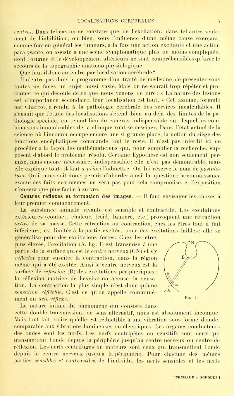 centres. Dans tel cas on ne constate que de l'excitation; dans tel autre seule- ment de l'inhibition ; ou bien, sous l'influence d'une même cause exerçant, comme font en général les tumeurs, à la fois une action excitante et une action paralysante, on assiste à une scène symptomatique plus ou moins compliquée, dont l'origine et le développement ultérieurs ne sont compréhensibles qu'avec le secours de la topographie anatomo-physiologique. Que faut-il donc entendre par localisation cérébrale? Il n'entre pas dans le programme d'un traité de médecine de présenter sous toutes ses faces un sujet aussi vaste. Mais on ne saurait trop répéter et pro- clamer ce qui découle de ce que nous venons de dire : « La nature des lésions est d'importance secondaire, leur localisation est tout. » (let axiome, formulé par Charcot, a rendu à la pathologie cérébrale des services incalculables. Il s'ensuit que l'étude des localisations s'étend bien au delà des limites de la pa- thologie spéciale, en tenant lieu du canevas indispensable sur lequel les com- binaisons innombrables de la clinique vont se dessiner. Dans l'état actuel de la science où l'inconnu occupe encore une si grande place, la notion du siège des fonctions encéphaliques commande tout le reste. Il n'est pas interdit ici de procéder à la façon des mathématiciens qui, pour simplifier la recherche, sup- posent d'abord le problème résolu. Certaine hypothèse est non seulement per- mise, mais encore nécessaire, indispensable ; elle n'est pas démontrable, mais elle explique tout; il-faut a priori l'admettre. On lui réserve le nom de postida- tum. Qu'il nous soit donc permis d'aborder ainsi la question; la connaissance exacte des faits eux-mêmes ne sera pas pour cela compromise, et l'exposition n'en sera que plus facile à suivre. Centres réflexes et formation des images. — Il faut envisager les choses à leur premier commencement. La substance animale vivante est sensible et contractile. Les excitations extérieures (contact, chaleur, froid, lumière, etc.) provoquent une rétraction active de sa masse. Cette rétraction ou contraction, chez les êtres tout à fait inférieurs, est limitée à la partie excitée, pour des excitations faibles ; elle se généralise pour des excitations fortes. Chez les êtres plus élevés, l'excitation (A, fig. 1) est transmise à une partie de la surface qui est le centre nerveux (CN) et s'y ré/îéclnt pour susciter la contraction, dans la région même qui a été excitée. Ainsi le centre nerveux est la surface de réflexion (B) des excitations périphériques; la réflexion motrice de l'excitation accuse la sensa- tion. La contraction la plus simple n'est donc qu'une sensation ré/léc/iie. C'est ce qu'on appelle communé- ment un acte réflexe. La nature intime du phénomène qui consiste dans cette double transmission, de sons alternatif, nous est absolument inconnue. Mais tout fait croire qu'elle est réductible à une vibration sous forme d'onde, comparable aux vibrations lumineuses ou électriques. Les organes conducteurs des ondes sont les nerfs. Les nerfs centripètes ou sensitifs sont ceux (pii transmettent l'onde depuis la périphérie jusqu'au centre nerveux ou centre de réflexion. Les nerfs centrifuges ou moteurs sont ceux qui transmettent l'onde depuis le centre nerveux jusqu'à la périphérie. Pour chacune des mêmi'S parties sensibles cl contractiles de l individu, les nerfs sensibles et les nerfs Kl G. 1.