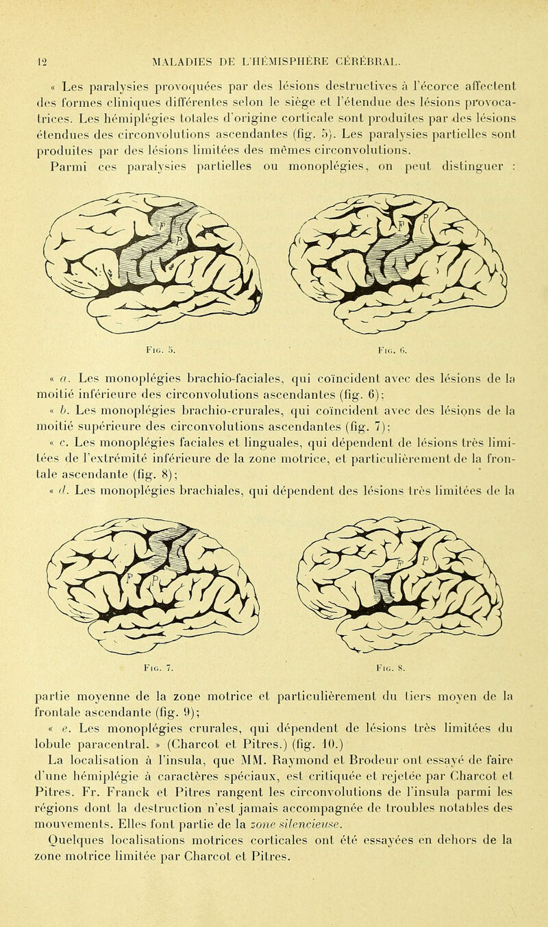 « Les paralysies provoquées par des lésions destructives à Técorce affectent des formes cliniques différentes selon le siège et l'étendue des lésions provoca- trices. Les hémiplégies totales d'origine corticale sont produites par des lésions étendues des circonvolutions ascendantes (fîg. 5). Les paralysies partielles sont produites par des lésions limitées des mêmes circonvolutions. Parmi ces paralysies partielles ou monoplégies, on peut distinguer : FiG. 5. ■ FiG. (1. « a. Les monoplégies brachio-faciales, qui coïncident avec des lésions de la moitié inférieure des circonvolutions ascendantes (fig. 6); « b. Les monoplégies brachio-crurales, qui coïncident avec des lésions de la moitié supérieure des circonvolutions ascendantes (fig. 7): « c. Les monoplégies faciales et linguales, qui dépendent de lésions très limi- tées de l'extrémité inférieure de la zone motrice, et particulièrement de la fron- tale ascendante (fig. 8); « d. Les monoplégies brachiales, qui dépendent des lésions très limitées de la Fig. 7. Fig. S. partie moyenne de la zone motrice et particulièrement du tiers moyen de la frontale ascendante (fig. 9); <( e. Les monoplégies crurales, qui dépendent de lésions très limitées du lobule paracentral. » (Charcot et Pitres.) (fig. 10.) La localisation à l'insula, que MM. Raymond et Brodeur ont essayé de faire d'une hémiplégie à caractères spéciaux, est critiquée et rejetée par Charcot et Pitres. Fr. Franck et Pitres rangent les circonvolutions de l'insula parmi les régions dont la destruction n'est jamais accompagnée de troubles notables des mouvements. Elles font partie de la zone sileneieuse. Quelques localisations motrices coi'ticales ont été essayées en dehors de la zone motrice limitée par Charcot et Pitres.