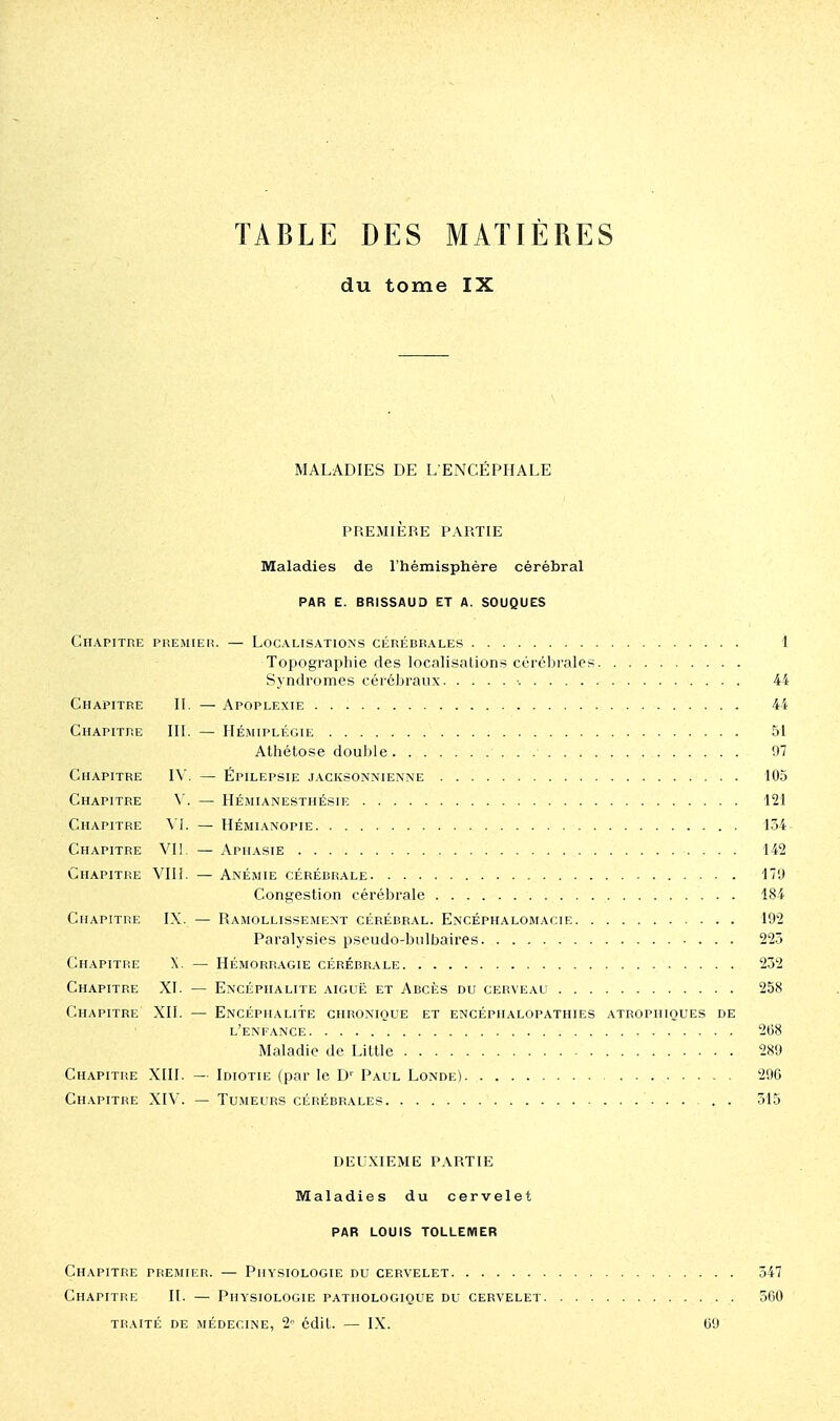 TABLE DES MATIÈRES du tome IX MALADIES DE L ENCÉPHALE PREMIÈRE PARTIE Maladies de l'hémisphère cérébral PAR E. BRISSAUD ET A. SOUQUES Chapitre premier. — Localisations cérébrales i Topographie des localisations cérébrales Syndromes cérébraux •. 44 Chapitre II. — Apoplexie 44 Chapitre III. — Hémiplégie 51 Athétose douljle 97 Chapitre IV. — Épilepsie .iacksonnienne 105 Chapitre \'. — IIémianesthésie 121 Chapitre W. — Hémianopie 134- Chapitre VII, — Aphasie 142 Chapitre VII!. — Anémie cérébrale 179 Congestion cérébrale 184 Chapitre IX. — Ramollissement cérébral. Encéphalomacie 192 Paralysies pseudo-bulbaires 223 Chapitre X. — Hémorragie cérébrale 232 Chapitre XI. — Encéphalite aiguë et Abcès du cerveau 258 Chapitre XII. — Encéphalite chronique et encéphalopathies atropiiiques de l'enfance 2t)8 Maladie de Little 289 Chapitre XIII. — Idiotie (par le D' Paul Londe) 296 Chapitre XIV. — Tumeurs cérébrales 315 DEUXIEME PARTIE Maladies du cervelet PAR LOUIS TOLLEMER Chapitre preaiier. — Physiologie du cervelet 347 Chapitre II. — Physiologie pathologique du cervelet 560