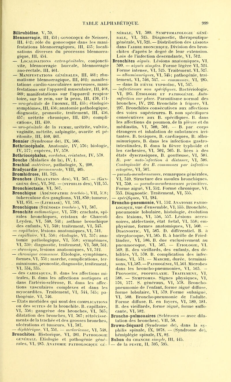 Bilirubidine, V, 39. Blennorragie, III, 451; gonocoque de Neisser, III, 4V2; rôle du gonocoque dans les mani- festations blennorragiques, III, 453; locali- sations diverses du processus blennorra- gique, III, 454. — Localisations extra-génitales, conjoncti- vite, blennorragie buccale, blennorragie ano-rectale, III, 461. — Manifestations générales, III, 461; rhu- matisme blennorragique, III, 462; manifes- tations cardio-vasculaires nerveuses, mani- festations sur l'appareil musculaire, 111, 468, 469; manifestations sur l'appareil respira- toire, sur le rein, sur la peau, III, 470, 471- — uro-génitale de I'homme, 111,455; étiologie; symptômes, III, 456 ; anatomie pathologique, diagnostic, pronostic, traitement, III, 456, 457; urétrite chronique, III, 459; compli- cations, III, 459. — uro-génitale de la femme, urétrite, vulvile, vaginite, métrite, salpingite, ovarite et pé- ritonite, III, 460, 461. Bonnier (Syndrome de), IX, 506. Bothriocéphale, Anatomie, IV, 576; biologie, IV, 577 ; espèces, IV, 578. Bothriocéphalus, cordatus, cristalus, IV, 578. Bouche (Maladies de la), IV, 1. Brachial antérieur, pathologie, X, '208. Bradycardie permanente, VIII, 405. Bromhidrose, III, 325. Bronches (Dilatation des), VI, 367. — (Gan- grène des), VI, 362. — (syphilis des), VII, 53. Bronchiectasie. VI, 367. Bronchique (Adénopathie trachéo-), VII, 5^8; tuberculose des ganglions. VII, 830; tumeur. VII, 851. — (Lithiase), VI, 593. Bronchiques (Sténoses trachéo-), VI, 387. Bronchite asthmatique, VI, 359; crachats, spi- rales bronchiques, cristaux de Charcot- Leyden, VI, 540, 541 ; asthme bronchique des enfants, VI, 340; traitement, VI, 343. — capillaire, lésions anatomiques,VI, 311. — capillaire, VI, 556; étiologie, VI, 357; ana- tomie pathologique, VI, 558; symptômes, VI, 559; diagnostic, traitement, VI. 360,361. —■ chronique, lésions anatomiques, VI, 512. — chronique commune. Étiologie, symptômes, formes, VI, 531; marche, complications, ter- minaisons, pronostic,diagnostic, traitement, VI, 534, 335. — des cardiaques, B. dans les affections mi- trales, B. dans les affections aortiques et dans l'artério-sclérose, B. dans les affec- tions vasculaires complexes et dans les myocardites. Traitement, VI, 344, 545; pa- thogénie. VI, 546. — États morbides qui sont des complications ou des suites de la bronchite. B. capillaire, VI, 356; gangrène des bronches, VI, 363; dilatation des bronches, VI, 367; rétrécisse- ments de la trachée et des grosses bronches, ulcérations et tumeurs, VI, 387. — diphtérique, VI,.351. — malarienne, VI, 348. Bronchites. Historique, VI, 281. Pathologie générale. Étiologie et pathogénie géné- rales, VI, 283. Anatomie pathologique gé- nérale, VI, 309. Symptomatologie géné- rale, VI, 315. Diagnostic, thérapeutique générale, VI, 521. — Distribution des lésions dans I'arbre bronchique. Division des bron- chites d'après le degré de leur extension. Lois de l'infection descendante, VI, 312. Bronchites aiguës. Lésions anatomiques, VI, 309. —aiguës simples. Forme légère VI, 324. Forme intense, VI, 525. Traitement. VI, 327. — allnuninuriqn.es, VI, 545; pathogénie, trai- tement, VI, 546, 347. — communes. VI, 285. — dans la fièvre typhoïde, VI, 547. — infectieuses non spécifiques. Bactériologie. VI, 285. Étiologie et pathogénie. Auto- infeclion sur place. Parasitisme normal des bronches, IV, 292. Bronchite à frigore, VI. 297. Bronchites consécutives aux affections des voies supérieures. B. non spécifiques consécutives aux B. spécifiques. B. dans les affections du poumon, de la plèvre et du médiastin, VI, 300, 301. — B. par corps étrangers et inhalation de substances irri- tantes. B. toxiques, B. cardiaques, B. albu- minuriques, B. dans les infections gastro- intestinales, B. dans la fièvre typhoïde et les cachexies, VI, 502, 503. B. liées à des états dyscrasiques, B. goutteuse, VI, 304. B. par auto-Infection à distance, VI, 306. Contagiosité drs B. communes par infection ectogène, VI, 507. — pseudo-membraneuses, remarques générales. VI, 349. Structure des moules bronchiques. VI, 350. — pseudo-membraneuses primitives. Forme aiguë, VI, 552. Forme chronique, VI, 553. Diagnostic. Traitement, VI, 355. — spécifiques, VI, 284. Broncho-pneumonie, VI, 552. Anatomie patho- logique, vue d'ensemble, VI, 555. Bronchite, pneumonie lobulaire, histologie, évolution des lésions, VI, 556, 557. Lésions acces- soires, atélectasie, état fœtal, VI, 558; em- physème, formes anatomiques, VI, 560. — Diagnostic, VI, 585. D. différentiel. B. à streptocoque, VI, 585. B. à bacille de Fried lânder, VI, 586. B. due exclusivement au pneumocoque, VI, 587. — Étiologie, VI. 569. B. des vieillards, des enfants, des dé- bilités, VI, 570. B. complication des infec- tions, VI, 571. — Marche, durée, terminai- sons, VI, 583. — Pathogén ie, V1,561. Microbes dans les broncho-pneumonies, VI, 563. — Pronostic, prophylaxie. Traitement, VI, 588. — Symptômes. Signes physiques, VI, 576, 577. S. généraux, VI, 578.. Broncho- pneumonie de l'enfant, forme aiguë diffuse, forme lobulaire, VI, 579. Forme subaiguë, VI, 580. Broncho-pneumonie «le l'adulte. Forme diffuse, B. en foyers, VI, 580, 581. B. des vieillards, forme aiguë, forme suffo- cante, VI, 582. Broncho-pulmonaires (Scléroses — avec dila- tation des bronches), VII, 50. Brown-Séquard (Syndrome de), dans la sy- philis spinale, IX, 1078. —(Syndrome de), hémiplégie spinale, IX, 82. Bubon du chancre simple, III, 445. — de la peste, II, 393, 595.