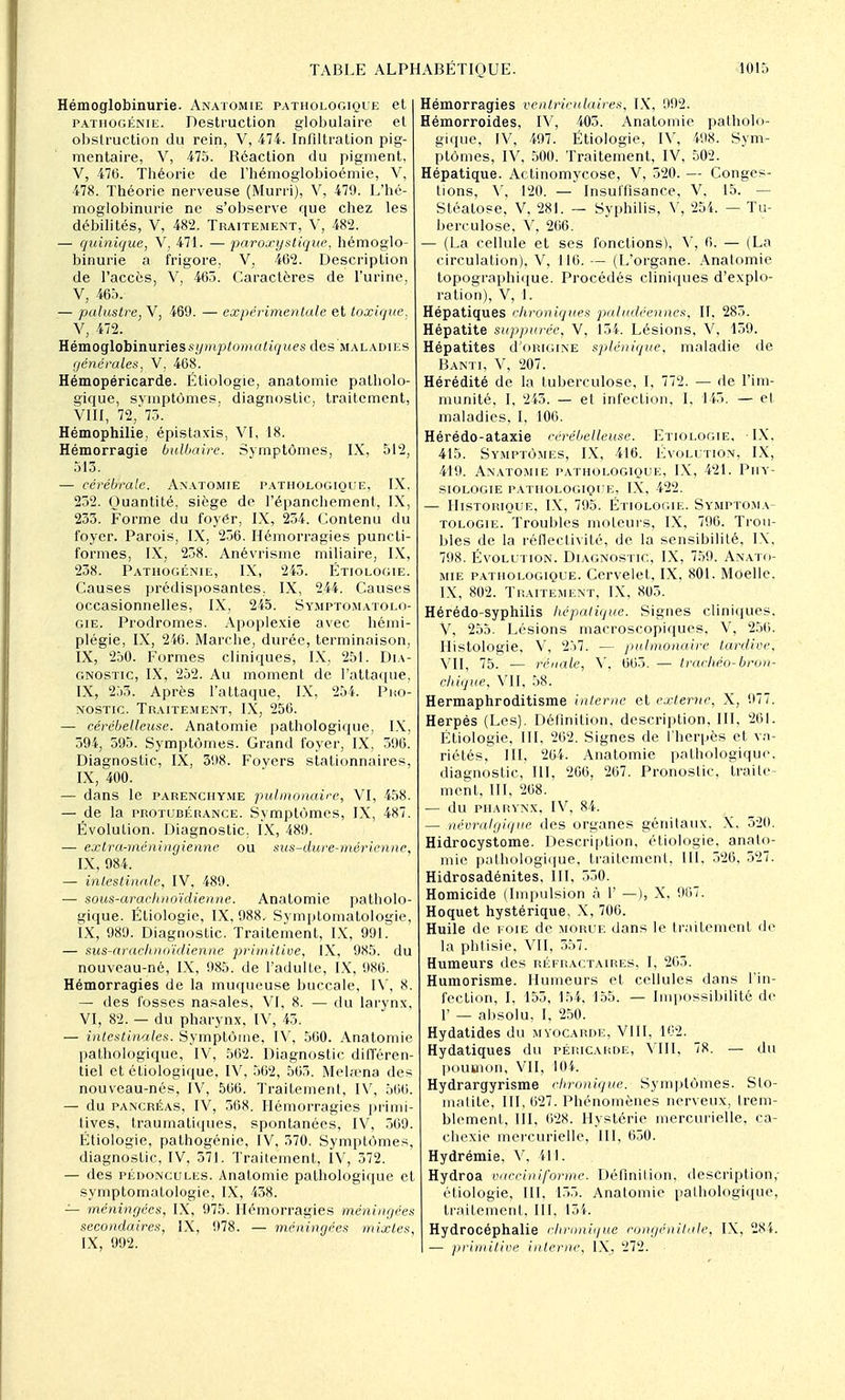 Hémoglobinurie. Anatomie pathologique et pathogéNié. Destruction globulaire et obstruction du rein, V, 474. Infiltration pig- mentaire, V, 475. Bcaction du pigment, V, 476. Théorie de l'hémoglobioémie, V, 478. Théorie nerveuse (Murri), V, 479. L'hé- moglobinurie ne s'observe que chez les débilités, V, 482. Traitement, Y, 482. — qu'inique, V, 471. — paroxystique, hémoglo- binurie a frigore. V. 402. Description de l'accès, V, 465. Caractères de l'urine, V, 465. — palustre, V, 469. — expérimentale et toxique, V, 472. Hémoglobinuries.s*/Hijo^o»)a/j(/M(?s des maladies générales, V, 468. Hémopéricarde. Étiologie, anatomie patholo- gique, symptômes, diagnostic, traitement, VIII, 72,'75. Hémophilie, épistaxis, VI, 18. Hémorragie bulbaire. Symptômes, IX, 512, 513. — cérébrale. Anatomie pathologique, IX, 252. Quantité, siège de l'épanchement, IX, 235. Forme du foyér, IX, 254. Contenu du foyer. Parois, IX, 256. Hémorragies puncti- formes, IX, 258. Anévrisme miliaire, IX, 258. Pathogénie, IX, 245. Étiologie. Causes prédisposantes, IX, 244. Causes occasionnelles, IX, 245. Symptomatolo gie. Prodromes. Apoplexie avec hémi- plégie, IX, 246. Marche, durée, terminaison, IX, 250. Formes cliniques, IX, 251. Dia- gnostic, IX, 252. Au moment de l'attaque, IX, 253. Après l'attaque, IX, 254. Pro- nostic. Traitement, IX, 256. — cérébelleuse. Anatomie pathologique, IX, 594, 595. Symptômes. Grand foyer, IX, 596. Diagnostic, IX, 398. Foyers stalionnaires, IX, 400. — dans le parenchyme pulmonaire, VI, 458. — de la protubérance. Symptômes, IX, 487. Évolution. Diagnostic. IX, 489. — exlra-méningienne ou sus-dure- mer ienne, IX, 984. — intestinale, IV, 489. — sous-araclinoïdienne. Anatomie patholo- gique. Étiologie, IX, 988. Symptomatologie, IX, 989. Diagnostic. Traitement, IX, 991. — sus-arachnoïdienne primitive, IX, 985. du nouveau-né, IX, 985. de l'adulte, IX, 986. Hémorragies de la muqueuse buccale, IV, 8. — des fosses nasales, VI, 8. — du larynx, VI, 82. — du pharynx, IV, 43. — intestinales. Symptôme, IV, 560. Anatomie pathologique, IV, 562. Diagnostic différen- tiel et éliologique, IV, 562, 565. Melaena des nouveau-nés, IV, 566. Traitement, IV, 566. — du pancréas, IV, 568. Hémorragies primi- tives, traumatiques, spontanées, IV, 569. Étiologie, pathogénie, IV, 370. Symptômes, diagnostic, IV, 571. Traitement, IV, 372. — des pédoncules. Anatomie pathologique et symptomatologie, IX, 438. — méningées, IX, 975. Hémorragies méningées secondaires, IX, 978. — méningées mixtes, IX, 992. Hémorragies venlriculaires, IX, 992. Hémorroides, IV, 405. Anatomie patholo- gique, IV, 497. Étiologie, IV, 498. Sym- ptômes, IV, 500. Traitement, IV, 502. Hépatique. Actinomycose, V, 320. — Conges- tions, V, 120. — Insuffisance, V, 15. — Stéalose, V, 281. — Syphilis, V, 254. — Tu- berculose, V, 266. — (La cellule et ses fonctions). Y, 6. — (La circulation), V, 116. — (L'organe. Anatomie topographique. Procédés cliniques d'explo- ration), V, 1. Hépatiques chroniques paludéennes, II. 285. Hépatite suppurée, V, 154. Lésions, V, 159. Hépatites d'ORiGiNE splénique, maladie de Banti, V, 207. Hérédité de la tuberculose, I, 772. — de l'im- munité, I, 245. — et infection, I, 145. — el maladies, I, 106. Hérédo-ataxie cérébelleuse. Etiologie, IX. 415. Symptômes, IX, 416. Évolution, IX, 419. Anatomie pathologique, IX, 421. Phy- siologie pathologique, IX, 422. — Historique, IX, 795. Étiologie. Symptoma- tologie. Troubles moteurs, IX, 796. Trou- bles de la réflectivité, de la sensibilité, IX, 798. Évolution. Diagnostic, IX, 759. Anato- mie pathologique. Cervelet, IX, 801. Moelle. IX, 802. Traitement, IX, 805. Hérédo-syphilis hépatique. Signes cliniques. V, 255. Lésions macroscopiques, V, 256. Histologie, V, 257. — pulmonaire tardive, VII, 75. — rénale, V, 005. — trachéo-bron- chique, VU, 58. Hermaphroditisme interne et externe, X, 977. Herpès (Les). Définition, description, III, 261. Étiologie, 111, 202. Signes de l'herpès et va- riétés, III, 204. Anatomie pathologique diagnostic, III, 206, 267. Pronostic, traite- ment, III, 268. — du pharynx, IV, 84. — névralgique des organes génitaux. X, 520. Hidrocystome. Description, étiologie, anato- mie pathologique, traitement, III, 526, 527. Hidrosadénites, III, 550. Homicide (Impulsion à 1' —), X, 907. Hoquet hystérique, X, 706. Huile de foie de morue dans le traitement de la phtisie, VII, 557. Humeurs des réfractaires, I, 265. Humorisme. Humeurs et cellules dans l'in- fection, I, 153, 154, 155. — Impossibilité de 1' — absolu, I, 250. Hydatides du myocarde, VIII, 102. Hydatiques du péricarde, Mil, 78. — du poumon, VII, 104. Hydrargyrisme chronique. Symptômes. Sto- matite, III, 627. Phénomènes nerveux, trem- blement, III, 628. Hystérie mercurielle, ca- chexie mercurielle, III, 630. Hydrémie, V, 411. Hydroa vacciniforme. Définition, description,- étiologie, III. 155. Anatomie pathologique, traitement, III. 154. Hydrocéphalie chronique congénitale, IX, 284. I — primitive interne, IX, 272.