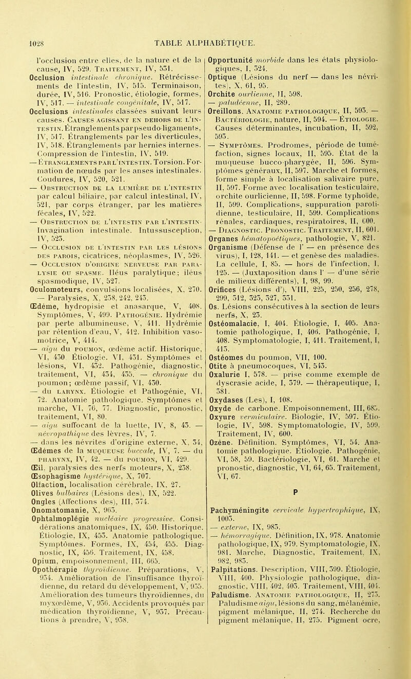 l'occlusion entre elles, de la nature et de la cause, IV, 529. Traitement, IV, 531. Occlusion intestinale chronique. Bétrécissc- ments de l'intestin, IV, 515. Terminaison, durée, IV, 516. Pronostic, éliologie, formes, IV, 517. — intestinale congénitale, IV, 517. Occlusions intestinales classées suivant leurs causes. Causes agissant en dehors de l'in- testin. Étranglements parpseudo-ligaments, IV, 517. Étranglements par les diverticules, IV, 518. Étranglements par hernies internes. Compression de l'intestin, IV, 519. — Étranglements parl'intestin. Torsion. For- mation de nœuds par les anses intestinales. Coudures, IV, 520, 521. — Obstruction de la lumière de l'intestin par calcul biliaire, par calcul intestinal, IV, 521, par corps étranger, par les matières fécales, IV, 522. — Obstruction de l'intestin par l'intestin- Invagination intestinale. Intussusception, IV, 523. — Occlusion de l'intestin par les lésions des parois, cicatrices, néoplasmes, IV, 520. — Occlusion d'origine nerveuse par para- lysie ou spasme. Iléus paralytique; iléus spasmodique, IV, 527. Oculomoteurs, convulsions localisées, X, 270. — Paralysies, X, 238, 242, 243. Œdème, hydropisie et anasarque, V, 408. Symptômes, V, 499. Pathogénie. Hydrémie par perte albumineuse, V, 411. Hydrémie par rétention d'eau, V, 412. Inhibition vaso- motrice, V, 414. — aigu du poumon, œdème actif. Historique, VI, 430 Étiologie. VI, 431. Symptômes el lésions, VI, 432. Pathogénie, diagnostic, traitement, VI, 454, 435. — chronique du poumon; œdème passif, VI, 430. — du larynx. Étiologie et Pathogénie, VI, 72. Anatomie pathologique. Symptômes et marche, VI, 76, 77. Diagnostic, pronostic, traitement, VI, 80. — aigu suffocant de la luette, IV, 8, 43. — névropathique des lèvres, IX, 7. — dans les névrites d'origine externe, X, 34, Œdèmes de la muqueuse buccale, IX, 7. — du pharynx, IV, 42. — du poumon, VI, 429. Œil. paralysies des nerfs moteurs, X, 238. Œsophagisme hystérique, X, 707. Olfaction, localisation cérébrale, IX. 27. Olives bulbaires (Lésions des), IX, 522. Ongles (Affections des), III, 374. Onomatomanie, X, 965. Ophtalmoplégie nucléaire progressive. Consi- dérations anatomiques, IX, 450. Historique. Étiologie, IX, 453. Anatomie pathologique. Symptômes. Formes, IX, 454, 455. Diag- nostic, IX, 456. Traitement, IX, 458. Opium, empoisonnement, III, 665. Opothérapie thyroïdienne. Préparations, X, 934. Amélioration de l'insuffisance thyroï- dienne, du retard du développement, V, 935. Amélioration des tumeurs thyroïdiennes, du myxœdème, V, 956. Accidents provoqués par médication thyroïdienne, X, 937. Précau- tions à prendre, V, 958. Opportunité morbide dans les états physiolo- giques, I, 524. Optique (Lésions du nerf—dans les névri- tes), X, 61, 95. Orchite ourlienne, )I, 598. — paludéenne, II, 289. Oreillons. Anatomie pathologique, II, 593. — Bactériologie, nature, II, 594. — Étiologie. Causes déterminantes, incubation, II, 592, 593. — Symptômes. Prodromes, période de tumé- faction, signes locaux, II, 595. État de la muqueuse bucco-pharygée, II, 596. Sym- ptômes généraux, II, 597. Marche et formes, forme simple à localisation salivaire pure, II, 597. Forme avec localisation testiculaire, orchite ourlicienne, II, 598. Forme typhoïde, II, 599. Complications, suppuration paroli- dienne, testiculaire, II, 599. Complications rénales, cardiaques, respiratoires, II, 600. — Diagnostic. Pronostic Traitement, II, 601. Organes hématopoétiques, pathologie, V, 821. Organisme (Défense de 1' — en présence des virus), I, 128, 141. — et genèse des maladies. La cellule, I, 85. — hors de l'infection, I, 125. — (Juxtaposition dans 1' — d'une série de milieux différents), I, 98, 99. Orifices (Lésions d'), VIII, 225, 250, 256, 278, 299, 512, 323, 327, 331. Os. Lésions consécutives à la section de leurs nerfs, X, 23. Ostéomalacie, I, 404. Étiologie, I, 405. Ana- tomie pathologique, I, 406. Pathogénie, I, 408. Symptomatologie, I, 411. Traitement, I, 413. Ostéomes du poumon, VII, 100. Otite à pneumocoques, VI, 543. Oxalurie I, 578. — prise comme exemple de dyscrasie acide, I, 379. — thérapeutique, I, 581. Oxydases (Les), I, 108. Oxyde de carbone. Empoisonnement, III, 685. Oxyure vermiculaire. Biologie, IV, 597. Étio- logie, IV, 598. Symptomatologie, IV, 599. Traitement, IV, 600. Ozéne. Définition. Symptômes, VI, 54. Ana- tomie pathologique. Étiologie. Pathogénie, VI, 58, 59. Bactériologie, VI, 61. Marche et pronostic, diagnostic, VI, 64, 65. Traitement, VI, 67. P Pachyméningite cervicale hypertrophique, IX, 1003. — externe, IX, 985. — hémorragique. Définition, IX, 978. Anatomie pathologique, IX, 979. Symptomatologie, IX, 981. Marche, Diagnostic, Traitement, IX, 982, 983. Palpitations. Description, VIII, 399. Étiologie, VIII, 400. Physiologie pathologique, dia- gnostic, VIII, 402, 403. Traitement, VIII, 404. Paludisme. Anatomie pathologique, II, 275. Paludisme aigu, lésions du sang, mélariémie, pigment mélanique, II, 274. Becherche du pigment mélanique, II, 275. Pigment ocre,