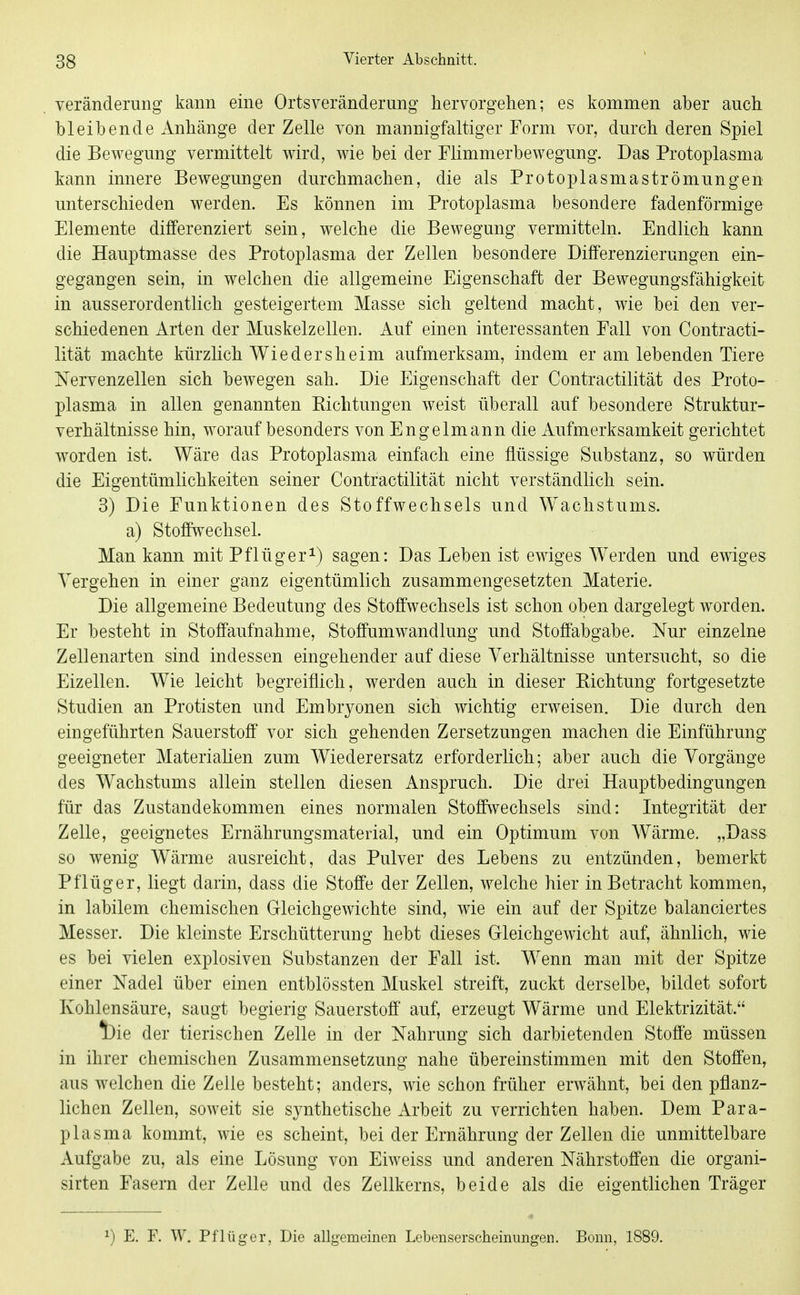 Veränderung kann eine Ortsveränderung hervorgehen; es kommen aber auch bleibende Anhänge der Zelle von mannigfaltiger Form vor, durch deren Spiel die Bewegung vermittelt wird, wie bei der Fümmerbewegung. Das Protoplasma kann innere Bewegungen durchmachen, die als Protoplasmaströmungen unterschieden werden. Es können im Protoplasma besondere fadenförmige Elemente differenziert sein, welche die Bewegung vermitteln. Endlich kann die Hauptmasse des Protoplasma der Zellen besondere Differenzierungen ein- gegangen sein, in welchen die allgemeine Eigenschaft der Bewegungsfähigkeit in ausserordentlich gesteigertem Masse sich geltend macht, wie bei den ver- schiedenen Arten der Muskelzellen. Auf einen interessanten Fall von Contracti- lität machte kürzlich Wiedersheim aufmerksam, indem er am lebenden Tiere Nervenzellen sich bewegen sah. Die Eigenschaft der Contractilität des Proto- plasma in allen genannten Richtungen weist überall auf besondere Struktur- verhältnisse hin, worauf besonders von Engelmann die Aufmerksamkeit gerichtet worden ist. Wäre das Protoplasma einfach eine flüssige Substanz, so würden die Eigentümlichkeiten seiner Contractilität nicht verständHch sein. 3) Die Funktionen des Stoffwechsels und Wachstums, a) Stoffwechsel. Man kann mit Pflüger^) sagen: Das Leben ist ewiges Werden und ewiges Vergehen in einer ganz eigentümlich zusammengesetzten Materie. Die allgemeine Bedeutung des Stoffwechsels ist schon oben dargelegt worden. Er besteht in Stoffaufnahme, Stoffumwandlung und Stoffabgabe. Nur einzelne Zellenarten sind indessen eingehender auf diese Verhältnisse untersucht, so die Eizellen. Wie leicht begreiflich, werden auch in dieser Richtung fortgesetzte Studien an Protisten und Embryonen sich wichtig erweisen. Die durch den eingeführten Sauerstoff vor sich gehenden Zersetzungen machen die Einführung geeigneter Materialien zum Wiederersatz erforderlich; aber auch die Vorgänge des Wachstums allein stellen diesen Anspruch. Die drei Hauptbedingungen für das Zustandekommen eines normalen Stoffwechsels sind: Integrität der Zelle, geeignetes Ernährungsmaterial, und ein Optimum von Wärme. „Dass so wenig Wärme ausreicht, das Pulver des Lebens zu entzünden, bemerkt Pflüg er, liegt darin, dass die Stoffe der Zellen, welche hier in Betracht kommen, in labilem chemischen Gleichgewichte sind, wie ein auf der Spitze balanciertes Messer. Die kleinste Erschütterung hebt dieses Gleichgewicht auf, ähnlich, wie es bei vielen explosiven Substanzen der Fall ist. Wenn man mit der Spitze einer Nadel über einen entblössten Muskel streift, zuckt derselbe, bildet sofort Kohlensäure, saugt begierig Sauerstoff auf, erzeugt Wärme und Elektrizität. Ibie der tierischen Zelle in der Nahrung sich darbietenden Stoffe müssen in ihrer chemischen Zusammensetzung nahe übereinstimmen mit den Stoffen, aus welchen die Zelle besteht; anders, wie schon früher erwähnt, bei den pflanz- lichen Zellen, soweit sie synthetische Arbeit zu verrichten haben. Dem Para- plasma kommt, wie es scheint, bei der Ernährung der Zellen die unmittelbare Aufgabe zu, als eine Lösung von Eiweiss und anderen Nährstoffen die organi- sirten Fasern der Zelle und des Zellkerns, beide als die eigentlichen Träger 1) E. F. W. Pflüger, Die allgemeinen Lebenserscheinungen. Bonn, 1889.