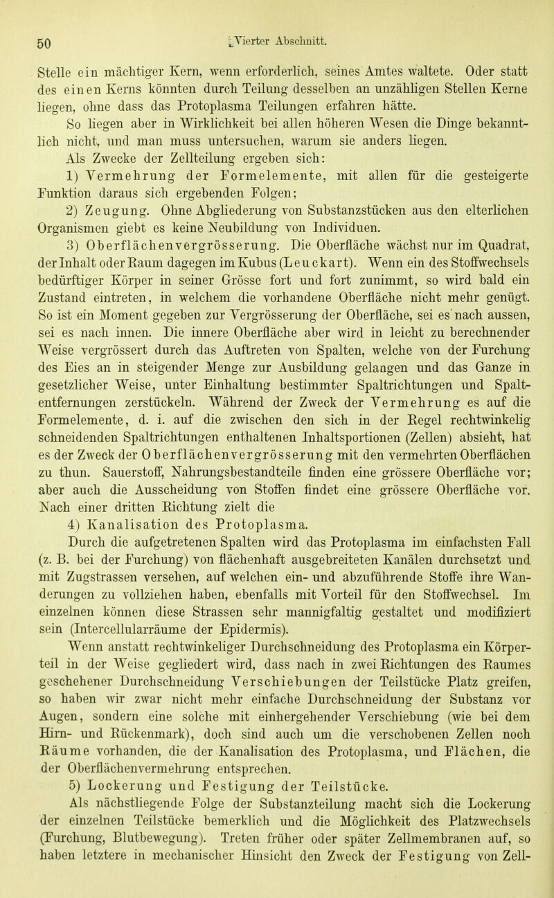 Stelle ein mächtiger Kern, wenn erforderlich, seines Amtes waltete. Oder statt des einen Kerns könnten dnrch Teilung desselben an unzähligen Stellen Kerne liegen, ohne dass das Protoplasma Teilungen erfahren hätte. So liegen aber in Wirklichkeit bei allen höheren Wesen die Dinge bekannt- lich nicht, und man muss untersuchen, warum sie anders liegen. Als Zwecke der Zellteilung ergeben sich: 1) Vermehrung der Tormelemente, mit allen für die gesteigerte Tunktion daraus sich ergebenden Folgen; 2) Zeugung. Ohne Abgliederung von Substanzstücken aus den elterlichen Organismen giebt es keine Neubildung von Individuen. 3) Oberflächenvergrösserung. Die Oberfläche wächst nur im Quadrat, der Inhalt oder Raum dagegen im Kubus (Leu ckart). Wenn ein des Stoffwechsels bedürftiger Körper in seiner Grösse fort und fort zunimmt, so wird bald ein Zustand eintreten, in welchem die vorhandene Oberfläche nicht mehr genügt. So ist ein Moment gegeben zur Yergrösserung der Oberfläche, sei es nach aussen, sei es nach innen. Die innere Oberfläche aber wird in leicht zu berechnender Weise vergrössert durch das Auftreten von Spalten, welche von der Eurchung des Eies an in steigender Menge zur Ausbildung gelangen und das Ganze in gesetzlicher Weise, unter Einhaltung bestimmter Spaltrichtungen und Spalt- entfemungen zerstückeln. Während der Zweck der Vermehrung es auf die Formelemente, d. i. auf die zwischen den sich in der Regel rechtwinkelig schneidenden Spaltrichtungen enthaltenen Inhaltsportionen (Zellen) absieht, hat es der Zweck der Oberflächenvergrösserung mit den vermehrten Oberflächen zu thun. Sauerstoff, Nahrungsbestandteile finden eine grössere Oberfläche vor; aber auch die Ausscheidung von Stoffen findet eine grössere Oberfläche vor. Nach einer dritten Richtung zielt die 4) Kanalisation des Protoplasma. Durch die aufgetretenen Spalten wird das Protoplasma im einfachsten Fall (z. B. bei der Furchung) von flächenhaft ausgebreiteten Kanälen durchsetzt und mit Zugstrassen versehen, auf welchen ein- und abzuführende Stoffe ihre Wan- derungen zu vollziehen haben, ebenfalls mit Vorteil für den Stoffwechsel. Im einzelnen können diese Strassen sehr mannigfaltig gestaltet und modifiziert sein (Intercellularräume der Epidermis). Wenn anstatt rechtwinkeliger Durchschneidung des Protoplasma ein Körper- teil in der Weise gegliedert wird, dass nach in zwei Richtungen des Raumes geschehener Durchschneidung Verschiebungen der Teilstücke Platz greifen, so haben wir zwar nicht mehr einfache Durchschneidung der Substanz vor Augen, sondern eine solche mit einhergehender Verschiebung (wie bei dem Hirn- und Rückenmark), doch sind auch um die verschobenen Zellen noch Räume vorhanden, die der Kanalisation des Protoplasma, und Flächen, die der Oberflächenvermehrung entsprechen. 5) Lockerung und Festigung der Teilstücke. Als nächstliegende Folge der Substanzteilung macht sich die Lockerung der einzelnen Teilstücke bemerklich und die Möglichkeit des Platzwechsels (Furchung, Blutbewegung). Treten früher oder später Zellmembranen auf, so haben letztere in mechanischer Hinsicht den Zweck der Festigung von Zell-