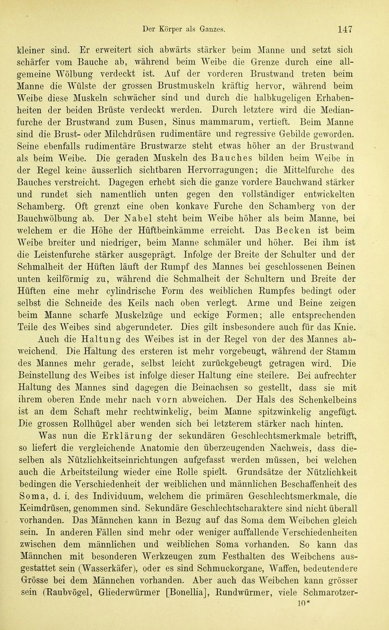 kleiner sind. Er erweitert sich abwärts stärker beim Manne und setzt sicli schärfer vom Bauche ab, während beim Weibe die Grenze durch eine all- gemeine Wölbung verdeckt ist. Auf der vorderen Brustwand treten beim Manne die Wülste der grossen Brustmuskeln kräftig hervor, während beim Weibe diese Muskeln schwächer sind und durch die halbkugeligen Erhaben- heiten der beiden Brüste verdeckt werden. Durch letztere wird die Median- furche der Brustwand zum Busen, Sinus mammarum, vertieft. Beim Manne sind die Brust- oder Milchdrüsen rudimentäre und regressive Gebilde geworden. Seine ebenfalls rudimentäre Brustwarze steht etwas höher an der Brustwand als beim Weibe. Die geraden Muskeln des Bauches bilden beim Weibe in der Kegel keine äusserlich sichtbaren Hervorragungen; die Mittelfurche des Bauches verstreicht. Dagegen erhebt sich die ganze vordere Bauchwand stärker und rundet sich namentlich unten gegen den vollständiger entwickelten Schamberg. Oft grenzt eine oben konkave Eurche den Schamberg von der Bauchwölbung ab. Der Nabel steht beim Weibe höher als beim Manne, bei welchem er die Höhe der Hüftbeinkämme erreicht. Das Becken ist beim Weibe breiter und niedriger, beim Manne schmäler und höher. Bei ihm ist die Leistenfurche stärker ausgeprägt. Infolge der Breite der Schulter und der Schmalheit der Hüften läuft der Rumpf des Mannes bei geschlossenen Beinen unten keilförmig zu, während die Schmalheit der Schultern und Breite der Hüften eine mehr cylindrische Eorm des weiblichen Rumpfes bedingt oder selbst die Schneide des Keils nach oben verlegt. Arme und Beine zeigen beim Manne scharfe Muskelzüge und eckige Eormen; alle entsprechenden Teile des Weibes sind abgerundeter. Dies gilt insbesondere auch für das Knie. Auch die Haltung des Weibes ist in der Regel von der des Mannes ab- weichend. Die Haltung des ersteren ist mehr vorgebeugt, während der Stamm des Mannes mehr gerade, selbst leicht zurückgebeugt getragen wird. Die Beinstellung des Weibes ist infolge dieser Haltung eine steilere. Bei aufrechter Haltung des Mannes sind dagegen die Beinachsen so gestellt, dass sie mit ihrem oberen Ende mehr nach vorn abweichen. Der Hals des Schenkelbeins ist an dem Schaft mehr rechtwinkelig, beim Manne spitzwinkelig angefügt. Die grossen Rollhügel aber wenden sich bei letzterem stärker nach hinten. Was nun die Erklärung der sekundären Geschlechtsmerkmale betrifft, so liefert die vergleichende Anatomie den überzeugenden Nachweis, dass die- selben als Nützlichkeitseinrichtungen aufgefasst werden müssen, bei welchen auch die Arbeitsteilung wieder eine Rolle spielt. Grundsätze der Nützhchkeit bedingen die Verschiedenheit der weiblichen und männlichen Beschaffenheit des Soma, d. i. des Individuum, welchem die primären Geschlechtsmerkmale, die Keimdrüsen, genommen sind. Sekundäre Geschlechtscharaktere sind nicht überall vorhanden. Das Männchen kann in Bezug auf das Soma dem Weibchen gleich sein. In anderen Fällen sind mehr oder weniger auffallende Verschiedenheiten zwischen dem männlichen und weiblichen Soma vorhanden. So kann das Männchen mit besonderen Werkzeugen zum Festhalten des Weibchens aus- gestattet sein (Wasserkäfer), oder es sind Schmuckorgane, Waffen, bedeutendere Grösse bei dem Männchen vorhanden. Aber auch das Weibchen kann grösser sein (Raubvögel, Gliederwürmer [Bonellia], Rundwürmer, viele Schmarotzer- 10*