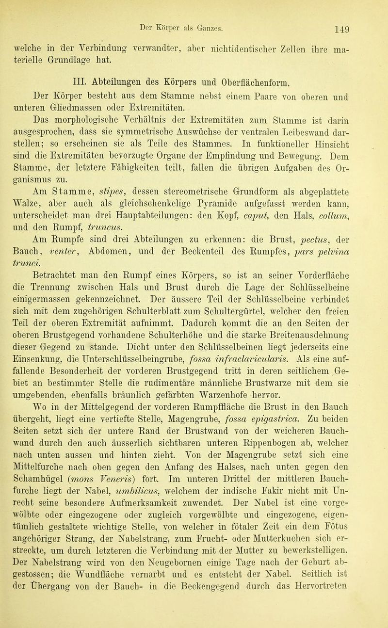 welche in 'der Verbindung verwandter, aber nichtidentischer Zellen ihre ma- terielle Grundlage hat. III. Abteilungen des Körpers und Oberflächenform. Der Körper besteht aus dem Stamme nebst einem Paare von oberen und unteren Gliedmassen oder Extremitäten. Das morphologische Verhältnis der Extremitäten zum Stamme ist darin ausgesprochen, dass sie symmetrische Auswüchse der ventralen Leibeswand dar- stellen; so erscheinen sie als Teile des Stammes. In funktioneller Hinsicht sind die Extremitäten bevorzugte Organe der Empfindung und Bewegung. Dem Stamme, der letztere Fähigkeiten teilt, fallen die übrigen Aufgaben des Or- ganismus zu. Am Stamme, stipes, dessen stereometrische Grundform als abgeplattete Walze, aber auch als gleichschenkelige Pyramide aufgefasst werden kann, unterscheidet man drei Hauptabteilungen: den Kopf, caput, den Hals, collum, und den Rumpf, truncus. Am Rumpfe sind drei Abteilungen zu erkennen: die Brust, pectus, der Bauch, venter^ Abdomen, und der Beckenteil des Rumpfes, pars pelvma trunci. Betrachtet man den Rumpf eines Körpers, so ist an seiner Vorderfläche die Trennung zwischen Hals und Brust durch die Lage der Schlüsselbeine einigermassen gekennzeichnet. Der äussere Teil der Schlüsselbeine verbindet sich mit dem zugehörigen Schulterblatt zum Schultergürtel, welcher den freien Teil der oberen Extremität aufnimmt. Dadurch kommt die an den Seiten der oberen Brustgegend vorhandene Schulterhöhe und die starke Breitenausdehnung dieser Gegend zu stände. Dicht unter den Schlüsselbeinen Hegt jederseits eine Einsenkung, die Unterschlüsselbeingrube, fossa infraclavicularis. Als eine auf- fallende Besonderheit der vorderen Brustgegend tritt in deren seitlichem ,Ge- biet an bestimmter Stelle die rudimentäre männliche Brustwarze mit dem sie umgebenden, ebenfalls bräunlich gefärbten Warzenhofe hervor. Wo in der Mittelgegend der vorderen Rumpffläche die Brust in den Bauch übergeht, liegt eine vertiefte Stelle, Magengrube, fossa epigastrica. Zu beiden Seiten setzt sich der untere Rand der Brustwand von der weicheren Bauch- wand durch den auch äusserhch sichtbaren unteren Rippenbogen ab, welcher nach unten aussen und hinten zieht. Von der Magengrube setzt sich eine Mittelfurche nach oben gegen den Anfang des Halses, nach unten gegen den Schamhügel (mons Veneris) fort. Im unteren Drittel der mittleren Bauch- furche liegt der Xabel, umhilicus, welchem der indische Fakir nicht mit Un- recht seine besondere Aufmerksamkeit zuwendet. Der Nabel ist eine vorge- wölbte oder eingezogene oder zugleich vorgewölbte und eingezogene, eigen- tümlich gestaltete wichtige Stelle, von welcher in fötaler Zeit ein dem Fötus angehöriger Strang, der Nabel sträng, zum Frucht- oder Mutterkuchen sich er- streckte, um durch letzteren die Verbindung mit der Mutter zu bewerkstelligen. Der Nabelstrang wird von den Neugebornen einige Tage nach der Geburt ab- gestossen; die Wundfläche vernarbt und es entsteht der Nabel. Seitlich ist der Übergang von der Bauch- in die Beckengegend durch das Hervortreten