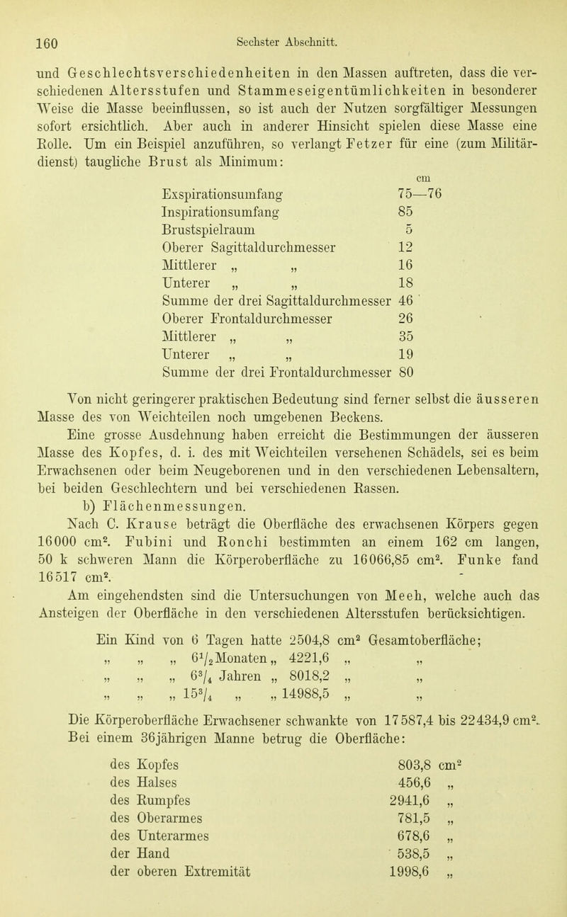 und Geschleditsverscliiedenlieiteii in den Massen auftreten, dass die ver- scMedenen Altersstufen und Stammeseigentümliclikeiten in besonderer Weise die Masse beeinflussen, so ist aucb der Nutzen sorgfältiger Messungen sofort ersicbtlicb. Aber aucb in anderer Hinsiebt spielen diese Masse eine Eolle. Um ein Beispiel anzuführen, so verlangt Tetzer für eine (zum Militär- dienst) tauglicbe Brust als Minimum: cm Exspirationsumfang 75—76 Inspirationsumfang 85 Brustspielraum 5 Oberer Sagittaldurcbmesser 12 Mittlerer „ „ 16 Unterer „ „ 18 Summe der drei Sagittaldurcbmesser 46 ' Oberer Trontaldurcbmesser 26 Mittlerer „ „ 35 Unterer „ „ 19 Summe der drei Frontaldurcbmesser 80 Von nicbt geringerer praktiscben Bedeutung sind ferner selbst die äusseren Masse des von Weicbteilen nocb umgebenen Beckens. Eine grosse Ausdehnung haben erreicbt die Bestimmungen der äusseren Masse des Kopfes, d. i. des mit Weichteilen versehenen Schädels, sei es beim Erwachsenen oder beim Neugeborenen und in den verschiedenen Lebensaltern, bei beiden Geschlechtern und bei verschiedenen Rassen, b) Flächenmessungen. Nach C. Krause beträgt die Oberfläche des erwachsenen Körpers gegen 16000 cm^ Eubini und Ronchi bestimmten an einem 162 cm langen, 50 k schweren Mann die Körperoberfläche zu 16066,85 cm^. Eunke fand 16517 cm2. Am eingehendsten sind die Untersuchungen von Meeh, welche auch das Ansteigen der Oberfläche in den verschiedenen Altersstufen berücksichtigen. Ein Kind von 6 Tagen hatte 2504,8 cm^ Gesamtoberfläche; „ „ „ 61/2Monaten,, 4221,6 „ „ 6^/4 Jahren „ 8018,2 „ „  5, „ 15^/4 „ „ 14988,5 „ „ Die Körperoberfläche Erwachsener schwankte von 17587,4 bis 22434,9 cm^.. Bei einem 36jährigen Manne betrug die Oberfläche: des Kopfes 803,8 cm^ des Halses 456,6 „ des Rumpfes 2941,6 „ des Oberarmes 781,5 „ des Unterarmes 678,6 „ der Hand 538,5 „ der oberen Extremität 1998,6 „