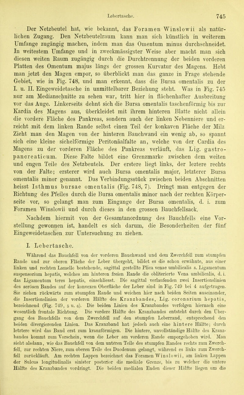 Der Netzbeutel hat, wie bekannt, das Foramen Winslowii als natür- lichen Zugang. Den Netzbeutelraum kann man sich künstlich in weiterem Umfange zugängig machen, indem man das Omentum minus durchschneidet. In weitestem Umfange und in zweckmässigster Weise aber macht man sich diesen weiten Raum zugängig durch die Durchtrennung der beiden vorderen Platten des Omentum majus längs der grossen Kurvatur des Magens. Hebt man jetzt den Magen empor, so überblickt man das ganze in Frage stehende Gebiet, wie in Fig. 748, und man erkennt, dass die Bursa omentalis zu der I. u. IL Eingeweidetasche in unmittelbarer Beziehung steht. Was in Fig. 745 nur am Medianschnitte zu sehen war, tritt hier in flächenhafter Ausbreitung vor das Auge. Linkerseits dehnt sich die Bursa omentalis taschenförmig bis zur Kardia des Magens aus, überkleidet mit ihrem hinteren Blatte nicht allein die vordere Fläche des Pankreas, sondern auch der linken Nebenniere und er- reicht mit dem linken Rande selbst einen Teil der konkaven Fläche der Milz Zieht man den Magen von der hinteren Bauch wand ein wenig ab, so spannt sich eine kleine sichelförmige Peritonäalfalte an, welche von der Cardia des Magens zu der vorderen Fläche des Pankreas verläuft, das Lig. gastro- pancreaticum. Diese Falte bildet eine Grenzmarke zwischen dem weiten und engen Teile des Netzbeutels. Der erstere liegt links, der leztere rechts von der Falte; ersterer wird auch Bursa omentalis major, letzterer Bursa omentalis minor genannt. Das Verbindungsstück zwischen beiden Abschnitten heisst Isthmus bursae omentalis (Fig. 748, 7). Dringt man entgegen der Richtung des Pfeiles durch die Bursa omentalis minor nach der rechten Körper- seite vor, so gelangt man zum Eingange der Bursa omentalis, d. i. zum Foramen Winslowii und durch dieses in den grossen Bauchfellsack. Nachdem hiermit von der Gesamtanordnung des Bauchfells eine Vor- stellung gewonnen ist, handelt es sich darum, die Besonderheiten der fünf Eingeweidetaschen zur Untersuchung zu ziehen. 1. Lebertasche. Während das Bauchfell von der vorderen Bauchvvand und dem Zwerchfell zum stumpfen Eande und zur oberen Fläche der Leber übergeht, bildet es die schon erwähnte, aus einer linken und rechten Lamelle bestehende, sagittal gestellte Plica venae umbilicalis s. Ligamentum Suspensorium hepatis, welches am hinteren freien Rande die obliterierte Vena umbilicalis, d. i. das Ligamentum teres hepatis, einschliesst. Die sagittal verlaufenden zwei Insertionslinien des serösen Bandes auf der konvexen Oberfläche der Leber sind in Fig. 749 bei 4 aufgetragen. Sie ziehen rückwärts zum stumpfen Rande und weichen hier nach beiden Seiten auseinander, die Lisertionslinien der vorderen Hälfte des Kranzbandes, Lig. coronarium hepatis, bezeichnend (Fig. 749, 5 u. e). Die beiden Linien des Kranzbandes verfolgen hiernach eine wesentlich frontale Richtung. Die vordere Hälfte des Kranzbandes entsteht durch den Über- gang des Bauchfells von dem Zwerchfell auf den stumpfen Leberrand, entsprechend den beiden divergierenden Linien. Das Kranzband hat jedoch auch eine hintere Hälfte; durch letztere wird das Band erst zum kranzförmigen. Die hintere, unvollständige Hälfte des Kranz- bandes kommt zum Vorschein, wenn die Leber am vorderen Rande emporgehoben wird. Man sieht alsdann, wie das Bauchfell von dem unteren Teile des stumpfen Randes rechts zum Zwerch- fell, zur rechten Niere, zum oberen Teile des Duodenum gelangt, während es links zum Zwerch- fell zurückläuft. Am rechten Lappen bezeichnet das Foramen Winslowii, am linken Lappen der Sulcus longitudinalis sinister posterior die mediale Grenze, bis zu welcher die untere Hälfte des Kranzbandes vordringt. Die beiden medialen Enden dieser Hälfte liegen um die