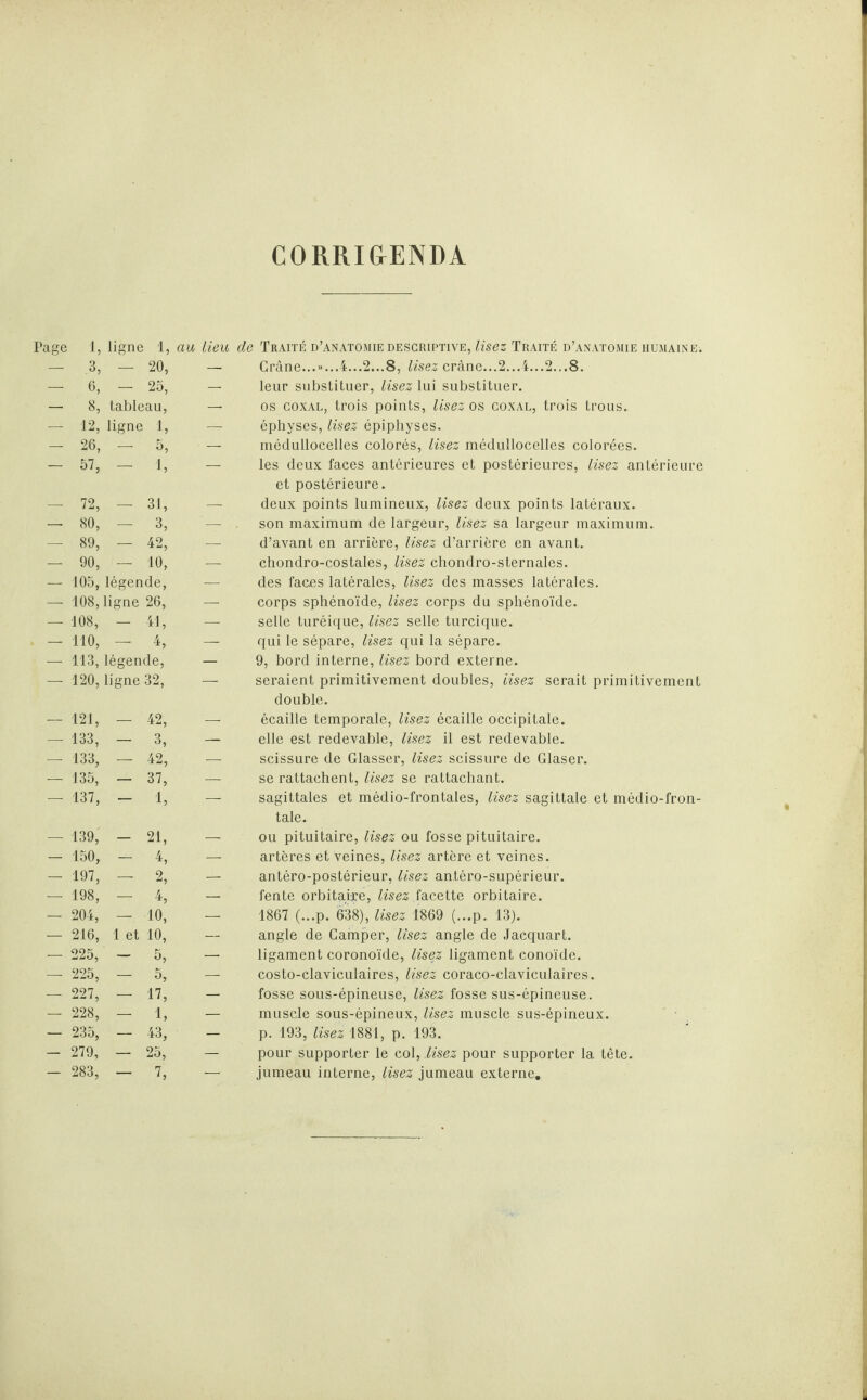 CORRIGENDA Page 1, ligne 1, au lieu de Traité d’anatomie descriptive, lisez Traité d’anatomie humaine. — 3, — 20, — Crâne.......4...2...8, lisez crâne...2...4...2...8. — 6, - 25, — leur substituer, lisez lui substituer. — 8, tableau, — os coxal, trois points, lisez os coxal, trois trous. — 12, ligne 1, — éphyses, lisez épiphyses. — 26, - 5, • — médullocelles colorés, lisez méduîlocelles colorées. — 57, - — les deux faces antérieures et postérieures, lisez antérieure et postérieure. — 72, - 31, — deux points lumineux, lisez deux points latéraux. — 80, — 3, — son maximum de largeur, lisez sa largeur maximum. — 89, — 42, — d’avant en arrière, lisez d’arrière en avant. — 90, — 10, — chondro-costales, lisez chondro-sternales. — 105, légende, — des faces latérales, lisez des masses latérales. — 108, ligne 26, — corps sphénoïde, lisez corps du sphénoïde. — 108, - 41, — selle turéique, lisez selle turcique. — 110, — 4, — qui le sépare, lisez qui la sépare. — 113, légende, — 9, bord interne, lisez bord externe. — 120, ligne 32, —■ seraient primitivement doubles, lisez serait primitivement double. — 121, - 42, — écaille temporale, lisez écaille occipitale. — 133, — 3, — elle est redevable, lisez il est redevable. — 133, — 42, — scissure de Glasser, lisez scissure de Glaser. — 135, — 37, — se rattachent, lisez se rattachant. — 137, - 1, mi 1 sagittales et médio-frontales, lisez sagittale et médio-fron- tale. — 139, - 21, — ou pituitaire, lisez ou fosse pituitaire. — 150, - 4, — artères et Veines, lisez artère et veines. 197, — 2, — antéro-postérieur, lisez antéro-supérieur. — 198, — 4, — ? fente orbitaire, lisez facette orbitaire. — 204, — 10, 1 pp 1867 (...p. 638), lisez 1869 (...p. 13). 216, 1 et 10, — angle de Camper, lisez angle de Jacquart. — 225, - 5, — ligament coronoïde, lisez ligament conoïde. — 225, — 5, — costo-claviculaires, lisez coraco-claviculaires. — 227, — 17, — fosse sous-épineuse, lisez fosse sus-épineuse. — 228, — 1, — muscle sous-épineux, lisez muscle sus-épineux. — 235, — 43, — p. 193, lisez 1881, p. 193. — 279, — 25, — pour supporter le col, lisez pour supporter la tête. — 283, — 7, — jumeau interne, lisez jumeau externe.