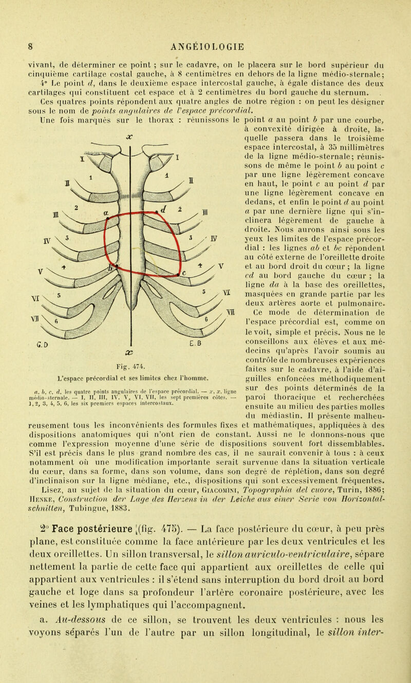 vivant, de déterminer ce point ; sur le cadavre, on le placera sur le bord supérieur du cinquième cartilage costal gauche, à 8 centimètres en dehors de la ligne médio-sternale; 4° Le point d, dans le deuxième espace intercostal gauche, à égale distance des deux cartilages qui constituent cet espace et à 2 centimètres du bord gauche du sternum. Ces quatres points répondent aux quatre angles de notre région : on peut les désigner sous le nom de points angulaires de l'espace précordial. Une fois marqués sur le thorax : réunissons le point a au point b par une courbe, à convexité dirigée à droite, la- quelle passera dans le troisième espace intercostal, à 35 millimètres de la ligne médio-sternale; réunis- sons de même le point b au point c par une ligne légèrement concave en haut, le point c au point d par une ligne légèrement concave en dedans, et enfin le point d au point a par une dernière ligne qui s'in- clinera légèrement de gauche à droite. Nous aurons ainsi sous les yeux les limites de l'espace précor- dial : les lignes ab et bc répondent au côté externe de l'oreillette droite et au bord droit du cœur ; la ligne cd au bord gauche du cœur ; la ligne da à la base des oreillettes, masquées en grande partie par les deux artères aorte et pulmonaire. Ce mode de détermination de l'espace précordial est, comme on le voit, simple et précis. Nous ne le conseillons aux élèves- et aux mé- decins qu'après l'avoir soumis au contrôle de nombreuses expériences faites sur le cadavre, à l'aide d'ai- guilles enfoncées méthodiquement sur des points déterminés de la paroi thoracique et recherchées ensuite au milieu des parties molles du médiastin. Il présente malheu- reusement tous les inconvénients des formules fixes et mathématiques, appliquées à des dispositions anatomiques qui n'ont rien de constant. Aussi ne le donnons-nous que comme l'expression moyenne d'une série de dispositions souvent fort dissemblables. S'il est précis dans le plus grand nombre des cas, il ne saurait convenir à tous : à ceux notamment où une modification importante serait survenue dans la situation verticale du cœur, dans sa forme, dans son volume, dans son degré de réplétion, dans son degré d'inclinaison sur la ligne médiane, etc., dispositions qui sont excessivement fréquentes. Lisez, au sujet de la situation du cœur, Giacomini, Topographia del cuore, Turin, 1886; JIenke, Construction der Lage des Herzens in der Leiche aus einer Série von Horizontal- schnillen, Tubingue, 1883. 2° Face postérieure [(fîg. 475). — La face postérieure du cœur, à peu près plane, est constituée comme la face antérieure par les deux ventricules et les deux oreillettes. Un sillon transversal, le sillon auriculo-ventriculaire, sépare nettement la partie de cette face qui appartient aux oreillettes de celle qui appartient aux ventricules : il s'étend sans interruption du bord droit au bord gauche et loge dans sa profondeur l'artère coronaire postérieure, avec les veines et les lymphatiques qui l'accompagnent. a. Au-dessous de ce sillon, se trouvent les deux ventricules : nous les voyons se'parés l'un de l'autre par un sillon longitudinal, le sillon inter- ne CD E..B ce Fig. 474. L'espace précordial et ses limites chez l'homme. a. b, c, d, les quatre points angulaires rie l'espace précordial. — ,r. x. ligne mérlio-slernale. — I, II, III, IV. V, VI. VII, les sept premières côtes. — 1,2, 3, 4, 5, 6, les six premiers espaces intercostaux.