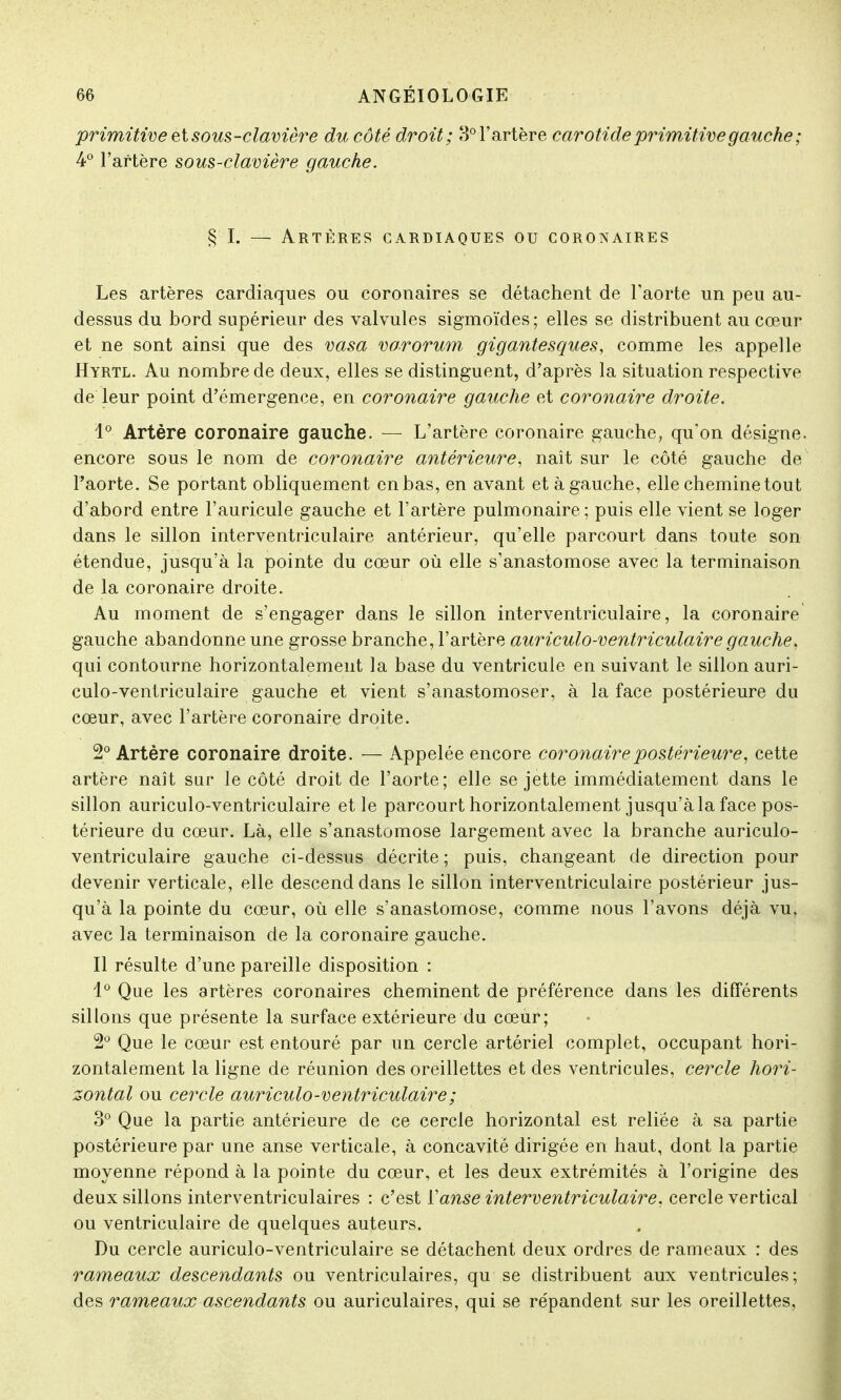 primitive et sous-clavière du côté droit; 3° l'artère carotide primitive gauche; 4° l'artère sous-clavière gauche. § I. — Artères cardiaques ou coronaires Les artères cardiaques ou coronaires se détachent de l'aorte un peu au- dessus du bord supérieur des valvules sigmoïdes; elles se distribuent au cœur et ne sont ainsi que des vasa vororum gigantesques, comme les appelle Hyrtl. Au nombre de deux, elles se distinguent, d'après la situation respective de leur point d'émergence, en coronaire gauche et coronaire droite. 1° Artère coronaire gauche. — L'artère coronaire gauche, qu'on désigne, encore sous le nom de coronaire antérieure, naît sur le côté gauche de l'aorte. Se portant obliquement en bas, en avant et à gauche, elle chemine tout d'abord entre l'auricule gauche et l'artère pulmonaire ; puis elle vient se loger dans le sillon interventriculaire antérieur, qu'elle parcourt dans toute son étendue, jusqu'à la pointe du cœur où elle s'anastomose avec la terminaison de la coronaire droite. Au moment de s'engager dans le sillon interventriculaire, la coronaire gauche abandonne une grosse branche, l'artère auriculo-ventriculairegauche, qui contourne horizontalement la base du ventricule en suivant le sillon auri- culo-ventriculaire gauche et vient s'anastomoser, à la face postérieure du cœur, avec l'artère coronaire droite. 2° Artère coronaire droite. — Appelée encore coronaire postérieure, cette artère naît sur le côté droit de l'aorte; elle se jette immédiatement dans le sillon auriculo-ventriculaire et le parcourt horizontalement jusqu'à la face pos- térieure du cœur. Là, elle s'anastomose largement avec la branche auriculo- ventriculaire gauche ci-dessus décrite ; puis, changeant de direction pour devenir verticale, elle descend dans le sillon interventriculaire postérieur jus- qu'à la pointe du cœur, où elle s'anastomose, comme nous l'avons déjà vu, avec la terminaison de la coronaire gauche. Il résulte d'une pareille disposition : 1° Que les artères coronaires cheminent de préférence dans les différents sillons que présente la surface extérieure du cœur; 2° Que le cœur est entouré par un cercle artériel complet, occupant hori- zontalement la ligne de réunion des oreillettes et des ventricules, cercle hori- zontal ou cercle auriculo-ventriculaire ; 3° Que la partie antérieure de ce cercle horizontal est reliée à sa partie postérieure par une anse verticale, à concavité dirigée en haut, dont la partie moyenne répond à la pointe du cœur, et les deux extrémités à l'origine des deux sillons interventriculaires : c'est Y anse interventriculaire, cercle vertical ou ventriculaire de quelques auteurs. Du cercle auriculo-ventriculaire se détachent deux ordres de rameaux : des rameaux descendants ou ventriculaires, qu se distribuent aux ventricules; des rameaux ascendants ou auriculaires, qui se répandent sur les oreillettes,