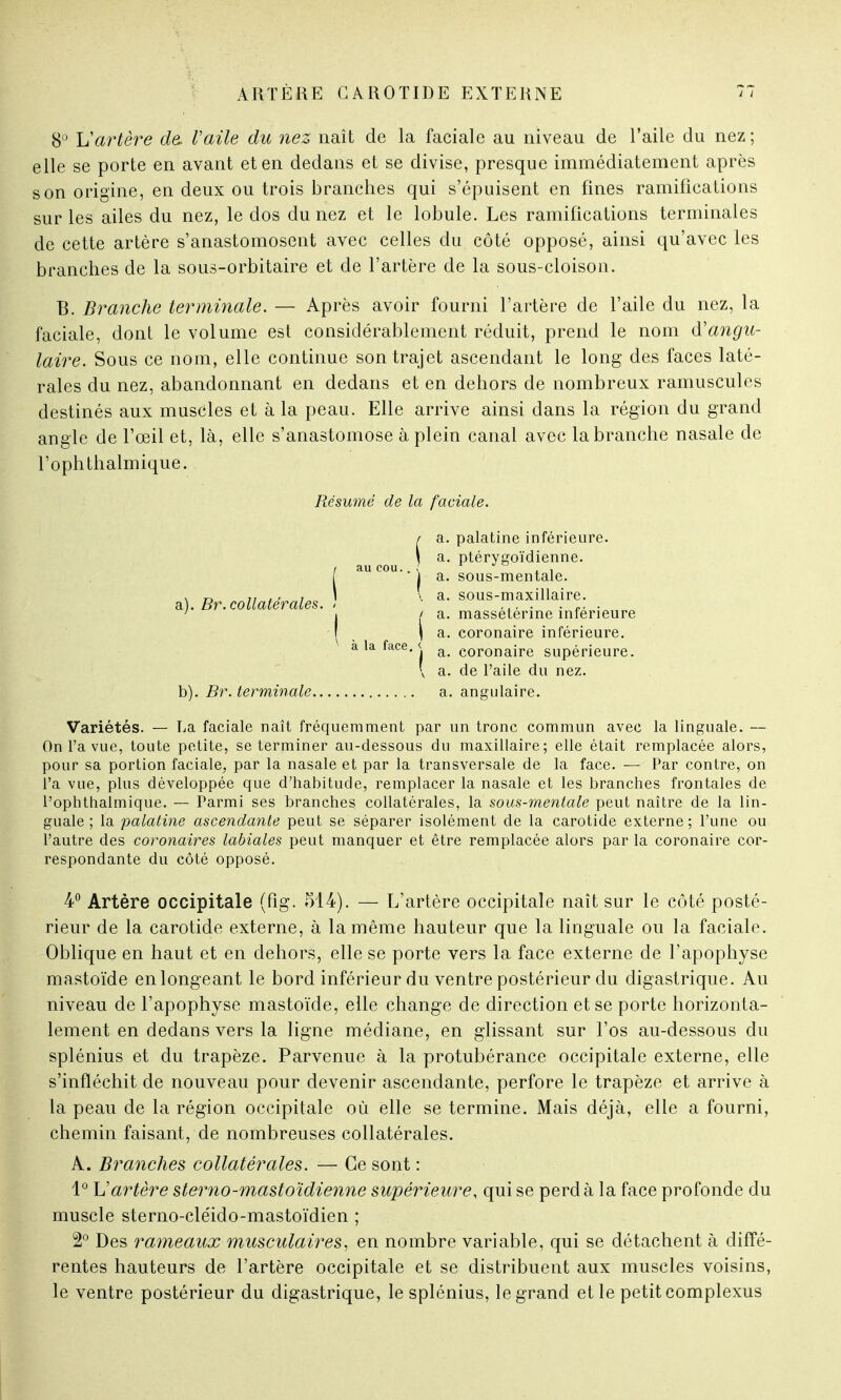 a). Br. collatérales. la face. 8° \ïartère de l'aile du nez naît de la faciale au niveau de l'aile du nez ; elle se porte en avant et en dedans et se divise, presque immédiatement après son origine, en deux ou trois branches qui s'épuisent en fines ramifications sur les ailes du nez, le dos du nez et le lobule. Les ramifications terminales de cette artère s'anastomosent avec celles du côté opposé, ainsi qu'avec les branches de la sous-orbitaire et de l'artère de la sous-cloison. B. Branche terminale. — Après avoir fourni l'artère de l'aile du nez, la faciale, dont le volume est considérablement réduit, prend le nom d'angu- laire. Sous ce nom, elle continue son trajet ascendant le long des faces laté- rales du nez, abandonnant en dedans et en dehors de nombreux ramuscules destinés aux muscles et à la peau. Elle arrive ainsi dans la région du grand angle de l'œil et, là, elle s'anastomose à plein canal avec la branche nasale de l'ophthalmique. Résumé de la faciale. r a. palatine inférieure. \ a. ptérygoïdienne. / au cou.. ' F 3r> . , j j a. sous-mentale. sous-maxillaire. massétérine inférieure coronaire inférieure. coronaire supérieure. \ a. de l'aile du nez. b). Br. terminale a. angulaire. Variétés. — La faciale naît fréquemment par un tronc commun avec la linguale. — On l'a vue, toute petite, se terminer au-dessous du maxillaire; elle était remplacée alors, pour sa portion faciale, par la nasale et par la transversale de la face. — Par contre, on l'a vue, plus développée que d'habitude, remplacer la nasale et les branches frontales de l'ophthalmique. — Parmi ses branches collatérales, la sous-mentale peut naître de la lin- guale ; la palatine ascendante peut se séparer isolément de la carotide externe ; l'une ou l'autre des coronaires labiales peut manquer et être remplacée alors par la coronaire cor- respondante du côté opposé. 4° Artère occipitale (fîg. 514). — L'artère occipitale naît sur le côté posté- rieur de la carotide externe, à la même hauteur que la linguale ou la faciale. Oblique en haut et en dehors, elle se porte vers la face externe de l'apophyse mastoïde enlongeant le bord inférieur du ventre postérieur du digastrique. Au niveau de l'apophyse mastoïde, elle change de direction et se porte horizonta- lement en dedans vers la ligne médiane, en glissant sur l'os au-dessous du splénius et du trapèze. Parvenue à la protubérance occipitale externe, elle s'infléchit de nouveau pour devenir ascendante, perfore le trapèze et arrive à la peau de la région occipitale où elle se termine. Mais déjà, elle a fourni, chemin faisant, de nombreuses collatérales. A. Branches collatérales. — Ce sont : 1° Vartère sterno-mastoïdienne supérieure, qui se perd à la face profonde du muscle sterno-cléido-mastoïdien ; 2° Des rameaux musculaires, en nombre variable, qui se détachent à diffé- rentes hauteurs de l'artère occipitale et se distribuent aux muscles voisins, le ventre postérieur du digastrique, le splénius, le grand et le petit complexus