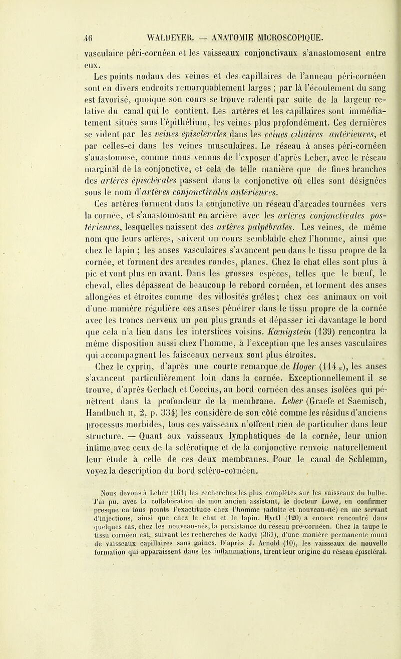 vasculaire péri-cornéen et les vaisseaux conjonctivaux s'anastomosent entre eux. Les points nodaux des veines et des capillaires de l'anneau péri-cornéen sont en divers endroits remarquablement larges ; par là l'écoulement du sang est favorisé, quoique son cours se trouve ralenti par suite de la largeur re- lative du canal qui le contient. Les artères et les capillaires sont immédia- tement situés sous Fépithélium, les veines plus profondément. Ces dernières se vident par les veines épisclérales dans les veines ciliaires antérieures, et par celles-ci dans les veines musculaires. Le réseau à anses péri-cornéen s'anastomose, comme nous venons de l'exposer d'après Leber, avec le réseau marginal de la conjonctive, et cela de telle manière que de fines branches des artères épisclérales passent dans la conjonctive où elles sont désignées sous le nom cYartères conjonctivales antérieures. Ces artères forment dans la conjonctive un réseau d'arcades tournées vers la cornée, et s'anastomosant en arrière avec les artères conjonctivales pos- térieures, lesquelles naissent des artères palpébrales. Les veines, de même nom que leurs artères, suivent un cours semblable chez l'homme, ainsi que chez le lapin ; les anses vasculaires s'avancent peu dans le tissu propre de la cornée, et forment des arcades rondes, planes. Chez le chat elles sont plus à pic et vont plus en avant. Dans les grosses espèces, telles que le bœuf, le cheval, elles dépassent de beaucoup le rebord cornéen, et torment des anses allongées et étroites comme des villosités grêles ; chez ces animaux on voit d'une manière régulière ces anses pénétrer dans le tissu propre de la cornée avec les troncs nerveux un peu plus grands et dépasser ici davantage le bord que cela n'a lieu dans les interstices voisins. Kœnigstein (139) rencontra la même disposition aussi chez l'homme, à l'exception que les anses vasculaires qui accompagnent les faisceaux nerveux sont plus étroites. Chez le cyprin, d'après une courte remarque de Hoyer (114 a), les anses s'avancent particulièrement loin dans la cornée. Exceptionnellement il se trouve, d'après Gerlach et Coccius, au bord cornéen des anses isolées qui pé- nètrent dans la profondeur de la membrane. Leber (Graefe et Saemisch, Handbuch n, 2, p. 334) les considère de son côté comme les résidus d'anciens processus morbides, tous ces vaisseaux n'offrent rien de particulier dans leur structure. — Quant aux vaisseaux lymphatiques de la cornée, leur union intime avec ceux de la sclérotique et de la conjonctive renvoie naturellement leur étude à celle de ces deux membranes. Pour le canal de Schlemm, voyez la description du bord scléro-cornéen, Nous devons à Leber (161) les recherches les plus complètes sur les vaisseaux du bulbe, j'ai pu, avec la collaboration de mon ancien assistant, le docteur Lowe, en confirmer presque en tous points l'exactitude chez l'homme (adulte et nouveau-né) en me servant d'injections, ainsi que chez le chat et le lapin. Hyrtl (12ÛJ a encore rencontré dans quelques cas, chez les nouveau-nés, la persistance du réseau pré-cornéen. Chez la taupe le tissu cornéen est, suivant les recherches de Kadyi (367), d'une manière permanente muni de vaisseaux capillaires sans gaines. D'après J. Arnold (10), les vaisseaux de nouvelle formation qui apparaissent dans les inilammations, tirent leur origine du réseau épiscléral.