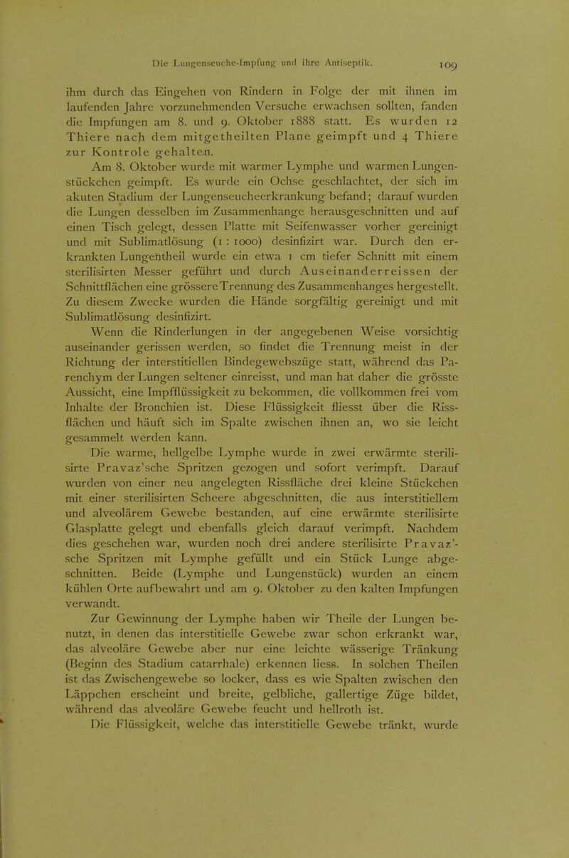 ihm durch das Eingehen von Rindern in Folge der mit ihnen im laufenden Jahre vorzunehmenden Versuche erwachsen sollten, fanden die Impfungen am 8. und 9. Oktober 1888 statt. Es wurden 12 Thiere nach dem mitgetheilten Plane geimpft und 4 Thiere zur Kontrole gehalten. Am 8. Oktober wurde mit warmer Lymphe und warmen Lungen- stückchen geimpft. Es wurde ein Ochse geschlachtet, der sich im akuten Stadium der Lungenseucheerkrankung befand; darauf wurden die Lungen desselben im Zusammenhange herausgeschnitten und auf einen Tisch gelegt, dessen Platte mit Seifenwasser vorher gereinigt und mit Sublimatlösung (i : 1000) desinfizirt war. Durch den er- krankten Lunofehtheil wurde ein etwa i cm tiefer Schnitt mit einem sterilisirten Messer geführt und durch Auseinanderreissen der Schnittflächen eine grössereTrennung des Zusammenhanges hergestellt. Zu diesem Zwecke wurden die Hände sorgfaltig gereinigt und mit Sublimatlösung desinfizirt. Wenn die Rinderlungen in der angegebenen Weise vorsichtig auseinander gerissen werden, so findet die Trennung meist in der Richtung der interstitiellen Bindegewebszüge statt, während das Pa- renchym der Lungen seltener einreisst, und man hat daher die grösste Aussicht, eine Impfflüssigkeit zu bekommen, die vollkommen frei vom Inhalte der Bronchien ist. Diese Flüssigkeit fliesst über die Riss- flächen und häuft sich im Spalte zwischen ihnen an, wo sie leicht gesammelt werden kann. Die warme, hellgelbe Lymphe wurde in zwei erwärmte sterili- sirte Pravaz'sche vSpritzen gezogen und sofort verimpft. Darauf wurden von einer neu angelegten Rissfläche drei kleine Stückchen mit einer sterilisirten Scheere abgeschnitten, die aus interstitiellem und alveolärem Gewebe bestanden, auf eine erwärmte sterilisirte Glasplatte gelegt und ebenfalls gleich darauf verimpft. Nachdem dies geschehen war, wurden noch drei andere sterilisirte Pravaz'- sche Spritzen mit Lymphe gefüllt und ein Stück Lunge abge- schnitten. Beide (Lymphe und Lungenstück) wurden an einem kühlen Orte aufbewahrt und am 9. Oktober zu den kalten Impfungen verwandt. Zur Gewinnung der Lymphe haben wir Theile der Lungen be- nutzt, in denen das interstitielle Gewebe zwar schon erkrankt war, das alveoläre Gewebe aber nur eine leichte wässerige Tränkung (Beginn des Stadium catarrhale) erkennen Hess. In solchen Theilen ist das Zwischengewebe so locker, dass es wie Spalten zwischen den Läppchen erscheint und breite, gelbliche, gallertige Züge bildet, während das alveoläre Gewebe feucht und hellroth ist. Die Flüssigkeit, welche das interstitielle Gewebe tränkt, wurde