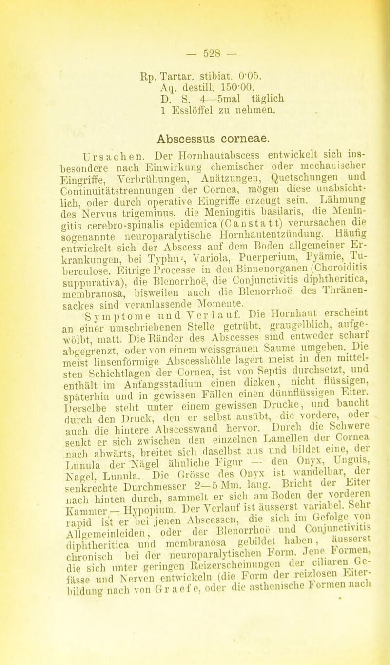 Rp. Tartar. stibiat. 0-05. Aq. destill. 150-00. D. S. 4—5mal täglich 1 Esslöff'el zu nelimen. Abscessus corneae. Ursachen. Der Iloruhautabscess entwickelt sich ins- besondere nach Einwirkung chemischer oder mechanischer Eingriffe, Verbrühungen, AniUzungen, Quetschungen und Continuitätätrennungeu der Cornea, mögen diese unabsicht- lich, oder durch operative Eingriffe erzeugt sein. Lähmung des Nervus trigeminus, die Meningitis basilaris, die Menin- gitis cerebro-spinalis epidemica (Cansta 11) verursachen die sogenannte iieuroparalytisclie Hornhautentzündung. Häufig entwickelt sich der Abscess auf dem Boden allgemeiner Er- krankungen, bei Typhus, Variola, Puerperium, Pyämie, Tu- berculose. Eitrige Processe in den Binnenorganen (Choroiditis suppurativa), die Blenorrhoe, die Conjunctivitis diphthentica, membranosa, bisweilen auch die Blenorrhoe des Thränen- sackes sind veranlassende Momente. . S y m p 10 m e u u d V e r 1 a u f. Die Hornhaut erscheint an einer umschriebeneu Stelle getrübt, graugelhlich, aufge- wölbt, matt. Die Ränder des Abscesses sind entweder scliart abgegrenzt, oder von einem weissgrauen Saume umgeben. Die meist linsenförmige Abscesshöhle lagert meist in den mittel- sten Schichtlagen der Cornea, ist von Septis durchsetzt, und enthält im Aufangsstadium einen dicken, nicht tiussigen, späterliin und in gewissen Fällen einen dünnflüssigen Eiter Derselbe steht unter einem gewissen Drucke, und baucüt durch den Druck, den er selbst ausübt, die vordere, oder auch die hintere Abscesswand hervor. Durch die Schwere senkt er sich zwischen den einzelnen Lamellen der Cornea nach abwärts, breitet sicli daselbst aus und bildet eine, der Lumila der Nägel ähnliche Figur - den Onyx, Lnguis, Nagel, Lunula. Die Grösse des Onyx ist wandelbar der senkrechte Durchmesser 2-5 Mm. lang. Bricht der Eiter nach hinten durch, sammelt er sich am Boden der vorderen Kammer - Hypopium. Der Verlauf ist äusserst variabel. Sein rapid ist er bei jenen Al.scessen, die sich im Gefolge ^on AlCmeinleiden, oder der Blenorrhoe und Co-y-t. diphtheritica und membranosa gebilde l^^^'^f' chronisch bei der iieuroparalylischen 1-orm -T!^ Jo'meu. die sich unter geringen Reizerscheinungou der ciliaieu Ge- fässe id Nerven entwickeln (die Form der reizlosen Eitei- büdung nach von G r a e f e, oder die asthenische Formen nach