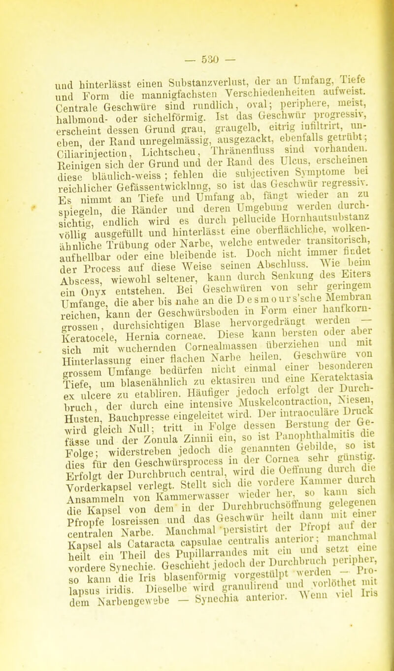 — 5'iO — uud hinterlässt einen Substanz verlast, der an Lmfang liefe und Form die mannigfaclisteii Verschiedenheiten autweist. Centrale Geschwüre sind rundlich, oval; periphere, raeist, halbmond- oder sichelförmig. Ist das Geschwür progressiv, erscheint dessen Grund grau, graugelb, eitrig inftltrirt, un- eben, der Rand iinregelmässig, ausgezackt, ebenialls getrübt; Ciliarinjection, Lichtscheu, Thränenfluss sind vorhanden. Reinigen sich der Grund und der Rand des Ulcus, erscheinen diese bUlulich-weiss ; fehlen die subjectiven Symptome bei reichlicher Gefässentwicklnng, so ist das Geschwür regressiv. Es nimmt an Tiefe und Umfang ab, fängt wieder an zu spiegeln, die Ränder und deren Umgebuns werden durch- sichtig, endlich wird es durch pellucide Hornhautsubs anz völlig ausgefüllt und hinterlässt eine oberflächliche, wolken- äbnliche Trübung oder Narbe, welche entweder transitorisch aufhellbar oder eine bleibende ist. Doch nicht ' der Process auf diese Weise seinen Abschluss. ^^ le beim Abscess, wiewohl seltener, kann durch Senkung des Eiters ein Onyx entstehen. Bei Geschwüren von sehr geringen Umfange, die aber bis nahe an die Desmonrs;sche Membran reichen, kann der Geschwürsboden in Form einer hanfkorn- grossen, durchsichtigen Blase hervorgedrängt ^^erden - Keratocele, Hernia corneae. Diese kann bersten ode aber sich mit wuchernden Cornealmassen uberziehen und mit Serlassuug einer flachen Narbe heilen. Geschwüre ^on grossem Umfange bedürfen nicht, einmal -ner beson^^^^^^^^^ Tiefe, um blasenähnlich zu ektasireu und eine Keiatelctasia S Oce^e zu etabliren. Häufiger ''^Ätiof ^Sn brach der durch eine intensive Muskelcontraction, diesen, Husten Biuchpresse eingeleitet wird. Der intraoculare Druck whd dekh Null; tritt in Folge dessen Berstuug der Ge- Sse td der Zi^nula Zinnii e^i, so ist Panophthalmitis die Foke- widerstreben jedoch die genannten Gebilde, so st tos^ ftir den Geschwürsprocess in der Corneu sehr gunst^. SolS der Durchbruch central, wird die Oeönung duvcli die vÄapsel verlegt. Stellt sich die vordere Kaniiner dui- h Anhimmeln von Kammerwassef wieder her, so kann siui dif Snsel von dem in der Darchbruchsöffnung ge egenen PfroiÄ^^^^^^^ clas Geschwür heilt dann mit eine ienSalen Narbe. Manchmal persistirt Jer Plrop aut J^^^ Kapsel als Cataracta capsulae centrali antei o heilt ein Theil des Pupillarrandes mit ein und setzt uiiu Sere Syiec'hie. Gesch'ieht Jedoch ^^^^^^^^^^ so kann die Iris blasenformig vorgestülpt ^lüen i  apsus iricüs Dieselbe wird granulirend -^ -rlothet n dem Narbengcvvebe - Synechia anterior. ^^ enn Mel ins